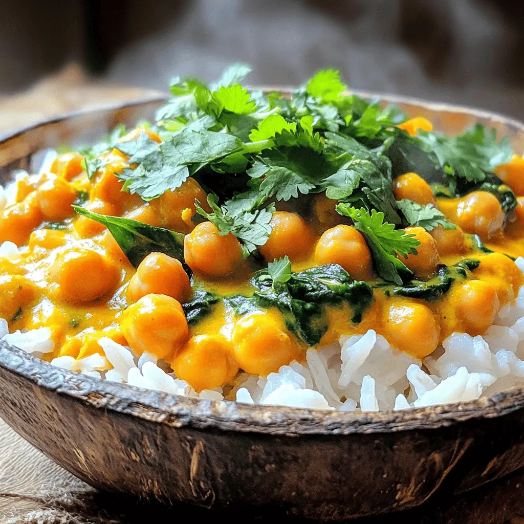 - 2 cans chickpeas (15 oz each), thoroughly rinsed and drained - 1 can coconut milk (13.5 oz) - 2 tablespoons curry powder - 1 teaspoon ground cumin - 1 teaspoon ground turmeric - 1 teaspoon chili powder Chickpeas are the star here. They add protein and a nice texture. Coconut milk gives the dish a creamy base. It balances the spices well. You can adjust the spice levels with chili powder. Each spice adds flavor and warmth to the curry. - 1 large onion, finely chopped - 3 cloves garlic, minced - 1-inch piece of fresh ginger, grated - 1 can diced tomatoes (14.5 oz) - 2 tablespoons olive oil - 2 cups fresh spinach, packed - Fresh cilantro, chopped (for garnish) - Cooked rice or naan bread (for serving) Onions, garlic, and ginger build a flavor base. Diced tomatoes add moisture and sweetness. Fresh spinach adds color and nutrition. Serve with rice or naan for a filling meal. Cilantro adds a fresh finish. - Large pot - Chopping board and knife - Measuring cups and spoons A large pot is key for cooking the curry. Use a chopping board and knife for prepping ingredients. Measuring cups and spoons help ensure accuracy in your recipe. This setup makes cooking easier and more fun. For the full recipe, check out the provided link. 1. Sautéing onions and aromatics Start by heating the olive oil in a large pot over medium heat. Add the finely chopped onion. Cook it for about 5 minutes. You want the onion to get soft and turn translucent. This step builds the base flavor of your curry. Next, add the minced garlic and grated ginger. Cook for another 2 minutes. The aroma will fill your kitchen, making you eager to dive in! 2. Blooming the spices Now, it’s time to add the spices. Sprinkle the curry powder, ground cumin, ground turmeric, and chili powder into the pot. Stir well to mix everything. Cook for one more minute. This helps the spices release their full flavor. Blooming the spices is a key step to a rich taste. 1. Combining liquids Carefully pour in the diced tomatoes and coconut milk. Mix well until you have a smooth blend. Increase the heat a bit. Bring the mixture to a gentle simmer. This is where the magic happens, as all the flavors begin to meld together. 2. Incorporating chickpeas Now, fold in the rinsed chickpeas. They add protein and texture. Season with salt and freshly ground black pepper. Let the curry simmer for 15 to 20 minutes. Stir occasionally to ensure even cooking. The chickpeas should soak up all the delicious flavors. 1. Adding spinach In the last few minutes of cooking, add the fresh spinach. Stir it in until it wilts. This adds freshness and color to your dish. It’s a simple way to make your curry even more nutritious. 2. Adjusting seasoning Taste your curry and adjust the seasoning if needed. You may want to add a pinch more salt or pepper. This step is important to ensure every bite is full of flavor. Once you’ve achieved the perfect taste, remove the pot from heat. Let it rest for a few moments before serving. For the full recipe, check out the detailed steps above! Enjoy this easy comfort food dish that warms the heart and pleases the palate. To cook chickpeas, use canned ones for ease. Rinse and drain them well. If you cook dried chickpeas, soak them overnight. Boil them for about 1-2 hours until soft. Balancing flavors is key. You want sweet, salty, and spicy notes. Adjust salt and spices as you taste. If it's too hot, add a touch of sugar or more coconut milk to mellow the heat. Serve your chickpea curry over warm rice. Naan bread is also a great choice. Both soak up the rich sauce well. For presentation, use a deep bowl to showcase the vibrant colors. Add a sprinkle of fresh cilantro on top for a pop of green. It makes the dish look fresh and inviting. Add more veggies to boost nutrition. Spinach is a great addition, but you can also use bell peppers or carrots. They add color and crunch. Consider adding superfoods like kale or quinoa. They increase fiber and protein. You can mix in cooked lentils for extra heartiness. These additions make your meal even healthier and more filling. For the full recipe, check out the Chickpea Bliss Curry. {{image_4}} For a unique twist, you can change the spices. If you want an Indian-inspired flavor, use spices like garam masala or cardamom. These spices add warmth and depth. You can also try a Thai-inspired version. Use red curry paste and fresh basil. This will give your dish a fresh kick and a new flavor. You can boost the nutrition of your curry by adding protein or fiber. Tofu or tempeh works well. They soak up the curry flavors and add a nice texture. Lentils or beans are another great choice. They make the dish heartier and more filling. Mixing these proteins keeps your meal exciting and healthy. You can cook this curry in different ways. The Instant Pot is a fast option. It saves time and keeps the chickpeas tender. Simply set it to the “manual” setting for about 10 minutes. A slow cooker is perfect if you want to set it and forget it. Cook on low for about 6 hours. Both methods create delicious results. For the full recipe, check the link. For storage, I recommend using airtight glass containers. These keep the curry fresh and safe. When properly stored, Vegan Chickpea Curry lasts up to five days in the fridge. If you plan to eat it later, store it in smaller portions. This helps with quick meals. Freezing is a great way to save your curry. Use freezer-safe containers or bags. Make sure to leave some space for expansion. To thaw, put the container in the fridge overnight. For reheating, simply warm it on the stove or in the microwave. Add a splash of water if it gets too thick. Batch cooking is smart for busy weeks. Make a large pot of curry and divide it into servings. You can enjoy it over rice or with bread. Got leftovers? Use them in wraps or salads. This way, you minimize waste and maximize flavor. For the full recipe, check out the Chickpea Bliss Curry 🥘. Yes, you can make vegan chickpea curry without coconut milk. Many options work well. You can use vegetable broth for a lighter taste. Almond milk also adds creaminess without coconut. If you want thickness, try cashew cream. This gives a rich flavor. Each choice changes the taste a bit, so choose what you like best. Yes, this recipe is gluten-free! Chickpeas are naturally gluten-free. Just ensure all spices and canned goods are labeled gluten-free. Some curry powders may have gluten, so check the label. If you serve it with rice or gluten-free naan, it stays gluten-free. This makes it safe for those with gluten sensitivities. To spice up your vegan chickpea curry, start with the chili powder. Adjust it to match your heat level. Add fresh chili peppers for a kick. Try cayenne for more heat. You can also use garam masala for warmth and depth. Don’t forget to add fresh herbs like cilantro for brightness. Taste as you go, and make it your own! This blog post covered how to make a delicious vegan chickpea curry. We explored the main ingredients like chickpeas and coconut milk, plus spices that make it tasty. I shared step-by-step instructions from prepping to cooking. You learned about tips for texture, serving ideas, and variations to try. Finally, we discussed storage methods and FAQs to help. Enjoy making this dish and feel free to get creative. Your kitchen journey starts now!