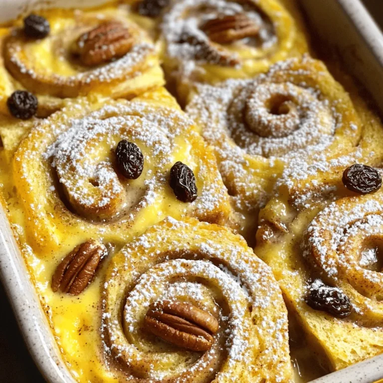 To make a delicious cinnamon roll casserole, you’ll need these key ingredients: - 1 loaf of cinnamon-raisin bread (or any cinnamon-flavored bread) - 4 large eggs - 1 cup whole milk - 1/2 cup heavy cream - 1/2 cup packed brown sugar - 1 tablespoon pure vanilla extract - 1 teaspoon ground cinnamon - 1/2 teaspoon ground nutmeg - 1/4 teaspoon salt These ingredients create a rich, custardy base. The bread soaks up all the flavors. You can add extra flavors and textures to your casserole with these options: - 1/2 cup chopped pecans (for crunch) - 1/2 cup raisins (for sweetness) - Powdered sugar for dusting (for a sweet finish) Feel free to mix these in or sprinkle them on top. They make the dish even more fun! If you have dietary needs, don’t worry! Here are some easy swaps: - Use gluten-free bread for a gluten-free version. - Swap whole milk for almond or oat milk for a dairy-free option. - Replace heavy cream with coconut cream for a lighter choice. These changes keep the flavor but fit your diet. Enjoy your cinnamon roll casserole, no matter your needs! Start by preheating your oven to 350°F (175°C). This step is key to ensure even cooking. Next, grab a 9x13 inch casserole dish and grease it well. You can use butter or cooking spray. Greasing helps prevent the casserole from sticking. Now, take your loaf of cinnamon-raisin bread and tear it into bite-sized pieces. Spread these pieces evenly in the bottom of the dish. Make sure no gaps remain, as this will help the custard soak in fully. In a large mixing bowl, add the four large eggs. Then pour in one cup of whole milk and half a cup of heavy cream. Next, add half a cup of packed brown sugar. This adds sweetness and depth. Toss in one tablespoon of pure vanilla extract, one teaspoon of ground cinnamon, half a teaspoon of nutmeg, and a quarter teaspoon of salt. Whisk these ingredients together until smooth. You want a well-blended custard mixture. Once mixed, pour it evenly over the torn bread pieces. Use a spatula to press any floating bread down into the custard. Now, let the mixture sit for about ten minutes. This resting time allows the bread to soak up the custard. After that, if you wish, sprinkle half a cup of chopped pecans and half a cup of raisins on top. These add a nice crunch and sweetness. Place the casserole in your preheated oven and bake for 35 to 40 minutes. You’ll know it’s done when the top is golden brown. A toothpick inserted in the center should come out clean. Once baked, take it out and cool for a few minutes. For a sweet touch, dust the top lightly with powdered sugar. To get the best texture for your casserole, use stale bread. Stale bread absorbs the custard better. Tear it into pieces that are not too small. This way, they will hold their shape while baking. Let the mixture rest for ten minutes before baking. This helps the bread soak up the custard. Bake until the top is golden brown. A toothpick should come out clean from the center. This means the casserole is ready! To make your life easier, use a few key tools. A 9x13 inch casserole dish is a must for this recipe. A whisk helps mix the custard smoothly. You will also need a spatula for pressing the bread down. A sharp knife works great for cutting the casserole once it’s baked. If you have a toothpick, keep it handy to check for doneness. These tools make baking a breeze! Serve your cinnamon roll casserole warm for the best taste. It pairs well with sweet toppings like maple syrup or whipped cream. You can also add fresh fruit, like berries or sliced bananas, for a nice touch. If you want something more savory, serve it with crispy bacon or sausage. This mix of flavors makes for a great meal. Don't forget to sprinkle some powdered sugar on top for a sweet finish! {{image_4}} You can change up the flavors in your cinnamon roll casserole. Adding chocolate chips can make it sweeter. If you love fruit, consider adding berries or apples. These fruits add a fresh taste and a bit of tartness. You might also mix in some nut butter for a rich flavor. Try peanut butter or almond butter to make it unique. To make this dish nut-free, simply skip the pecans. You can still enjoy the same great taste. For a dairy-free option, use almond milk or coconut milk. Replace heavy cream with a dairy-free cream alternative. These swaps keep the casserole creamy without dairy. You can serve this casserole for breakfast or dessert. For breakfast, stick to the classic recipe. Add some maple syrup on top for sweetness. For dessert, you can drizzle it with chocolate sauce. You might even serve it with ice cream. This makes it a fun treat after dinner. Whatever you choose, this casserole is sure to impress. Enjoy experimenting with the Full Recipe! To keep your cinnamon roll casserole fresh, place leftovers in an airtight container. Make sure it cools down first to prevent steam buildup. Store it in the fridge for up to three days. If you want it to last longer, consider freezing it. When you're ready to enjoy leftovers, preheat your oven to 350°F (175°C). Place the casserole in an oven-safe dish. Cover it with foil to prevent it from drying out. Bake for about 20 minutes or until it's warm throughout. You can also microwave individual servings for quicker reheating. To freeze the casserole, cut it into portions. Wrap each piece tightly in plastic wrap, then in aluminum foil. This double wrapping protects it from freezer burn. It can stay in the freezer for up to three months. When you're ready to eat, thaw it in the fridge overnight before reheating. For a quick meal, you can also bake it directly from frozen. Just add extra time to the baking. Enjoy your cinnamon roll casserole anytime! Yes, you can prepare this casserole ahead of time. Just follow the recipe steps up to the baking part. Cover the dish tightly and place it in the fridge. You can keep it there for up to 24 hours. When you're ready to bake, let it sit at room temperature for about 30 minutes. Then, bake it as directed. This makes serving easy for brunch or family gatherings. To reheat leftovers, preheat your oven to 350°F (175°C). Place the casserole in an oven-safe dish. Cover it with foil to keep it moist. Heat it for about 15-20 minutes. You can also use the microwave for quick reheating. Just place a serving on a microwave-safe plate, cover it, and heat for 1-2 minutes. Keep an eye on it to avoid overheating. The casserole lasts about 3-4 days in the fridge. Make sure to store it in an airtight container. If you want it to last longer, consider freezing it. Just cut it into portions and wrap each piece tightly. You can freeze it for up to 2 months. When you're ready to eat, thaw it overnight in the fridge and reheat as needed. The cinnamon roll casserole is a delightful mix of ingredients and flavors. You learned how to prepare it step by step, from mixing the custard to adding tasty toppings. I shared valuable tips for the perfect texture and help for dietary needs. You can even store leftovers or freeze them for later. This dish can be a sweet breakfast or a tasty dessert. Enjoy making your own and try different flavors. Each bite is sure to please everyone. Happy cooking!