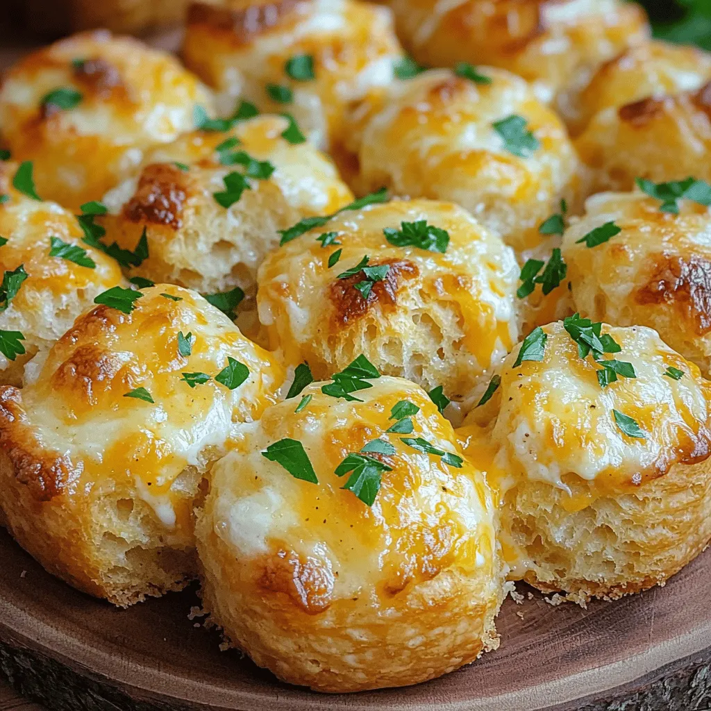 - 2 cans (16 oz each) refrigerated biscuit dough - 1 cup shredded mozzarella cheese - 1 cup shredded cheddar cheese - ½ cup unsalted butter, melted - 5 cloves garlic, finely minced - 2 tablespoons fresh parsley, finely chopped - 1 teaspoon Italian seasoning - Salt and freshly ground black pepper, to taste - Extra melted butter for greasing Cheesy garlic monkey bread is all about layers of flavor. The main players are the biscuit dough and cheese. You need two cans of refrigerated biscuit dough. This makes it easy to pull apart later. Shredded mozzarella and cheddar add that gooey, rich taste. The melted butter brings everything together. It coats the dough and helps it bake up golden. Garlic brings a punch of flavor. It adds aroma and depth. Fresh parsley gives a nice pop of color and taste. Italian seasoning rounds out the flavors. Don’t forget to grease your pan! Extra melted butter helps the bread come out easily. This dish is about sharing, so make it fun. Grab your friends and family to pull apart those cheesy pieces together. For the full recipe, check the detailed cooking instructions. - Preheat oven to 375°F (190°C). - Grease bundt pan or oven-safe dish. First, you want to get your oven nice and hot. Preheating helps the monkey bread cook evenly. Greasing the bundt pan is key. It prevents the bread from sticking, making it easy to serve later. - Combine melted butter, minced garlic, parsley, Italian seasoning, salt, and pepper. Next, grab a bowl and mix together the melted butter and minced garlic. Add chopped parsley, Italian seasoning, salt, and pepper. This mix brings the garlic flavor that makes this dish special. Stir until it smells amazing! - Separate and quarter the biscuit dough. - Coat the biscuit pieces with half of the garlic butter mixture. Open the cans of biscuit dough. Pull apart each biscuit and cut them into quarters. This gives you small, bite-sized pieces. In a big bowl, pour half of your garlic butter mix over the dough pieces. Toss gently so they all get coated. - Arrange half of the biscuit pieces in the pan. - Add cheese and drizzle remaining garlic butter mixture. Now, start layering! Place half of your coated biscuit pieces in the greased bundt pan. Sprinkle half of the mozzarella and cheddar cheese on top. Drizzle some of the leftover garlic butter mix for extra flavor. - Bake in the oven for 25-30 minutes until golden brown. - Cool and invert onto serving platter. Time to bake! Put your bundt pan in the oven for 25-30 minutes. Keep an eye on it. Once it turns golden brown, it’s ready. Let it cool for a bit, then flip it onto a serving platter. Enjoy pulling apart this tasty treat! To make your cheesy garlic monkey bread just right, use room-temperature ingredients. This helps with better mixing and ensures even baking. Overbaking can dry it out, so keep an eye on the time. Bake until golden brown, but check at the 25-minute mark. Garnish your monkey bread with fresh parsley before serving. This adds color and a fresh taste. For a perfect dip, pair it with marinara sauce. The sweetness of the sauce balances the garlic flavor and adds a fun twist. One common mistake is not greasing the pan well. If the pan is not greased, your monkey bread may stick. Another mistake is skipping the cooling time before inverting. Letting it cool for five minutes allows it to set and makes it easier to serve. {{image_4}} You can switch up the cheese for fun. Try using pepper jack for extra spice. Gouda adds a nice smoky flavor. For a super creamy texture, mix in some cream cheese. This makes each bite rich and smooth. Want some heat? Add crushed red pepper flakes to the garlic butter. If you love fresh herbs, consider using basil or thyme. These herbs bring a bright flavor and make your monkey bread even more tasty. You can make this dish even better with veggies. Chopped bell peppers add crunch and color. Spinach gives a healthy boost to the recipe. For a twist, throw in sun-dried tomatoes. They add a sweet and tangy punch that elevates the whole dish. After enjoying your cheesy garlic monkey bread, store it in an airtight container in the fridge. This keeps it fresh and tasty. Use the leftovers within 3-4 days for the best flavor. To reheat, the oven is your best friend. Set it to a low temperature to warm the bread, helping it stay crisp. If you need a quick option, use the microwave. Just remember, it won’t be as crunchy. You can freeze cheesy garlic monkey bread! Wrap it tightly in plastic wrap or foil before freezing to keep it safe from freezer burn. When you’re ready to eat, just thaw it in the fridge overnight. Reheat as needed for a warm, cheesy treat. Yes, homemade biscuit dough works great for this recipe. The key is to ensure the dough is soft and pliable. It will soak up all the garlic and cheese flavors. This makes your monkey bread even more delicious! The top will be golden brown, and a toothpick should come out clean. This means the inside is cooked well. Keep an eye on it towards the end of the baking time. You want it perfectly baked, not overdone. Yes, you can prepare the monkey bread and refrigerate overnight before baking. Just cover it tightly with plastic wrap. When you’re ready, bake it straight from the fridge. This is a great time-saver for busy days or parties. Pair it with marinara sauce, garlic sauce, or serve as a side dish with pasta. The bold flavors of the monkey bread complement these dips very well. Try experimenting with different sauces to find your favorite! Yes, it can be frozen and reheated later for a quick meal. Just wrap it tightly in foil or plastic wrap. When you want to eat it, thaw in the fridge overnight. Then, reheat in the oven for the best taste and texture. For the full detailed recipe, refer to Cheesy Garlic Monkey Bread. In this article, we explored how to make cheesy garlic monkey bread. We covered ingredients, prep steps, and cooking tips. Open up a new world of flavors with simple ingredients like biscuit dough and cheese. Remember to grease your pan and let it cool before serving. You can mix things up with herbs or veggies. This dish not only tastes great but is also fun to share. Make it for your next gathering, and enjoy the smiles it brings!