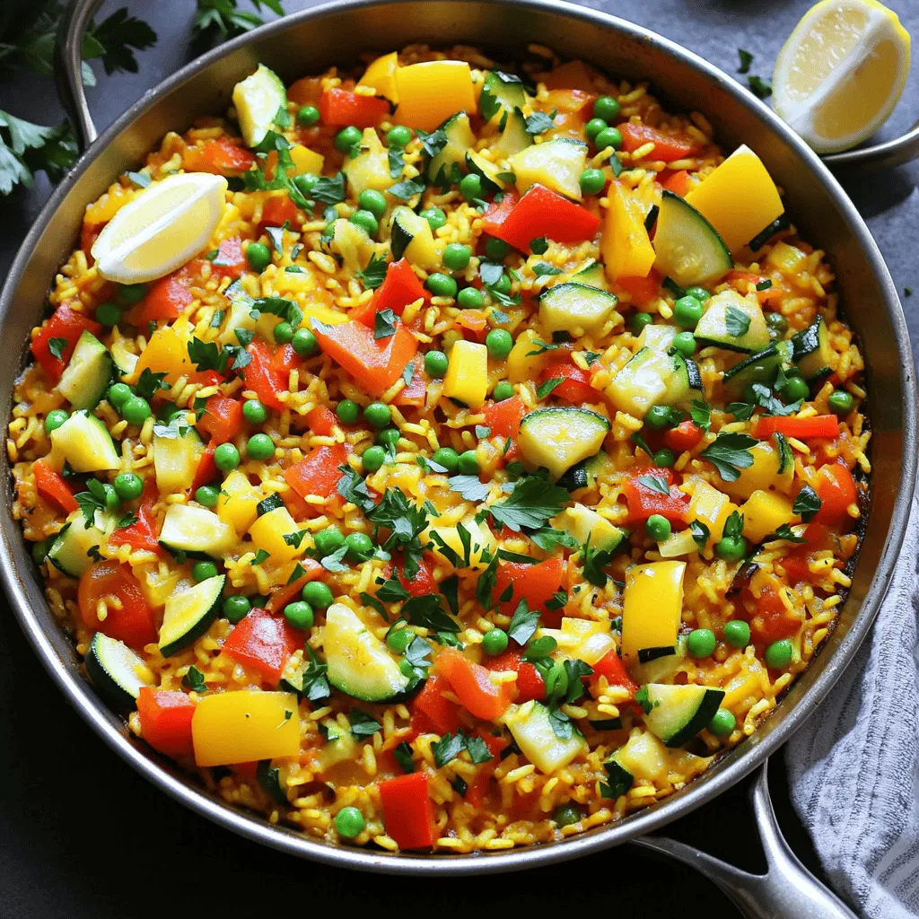 - 1 ½ cups arborio rice - 3 cups vegetable broth - 1 red bell pepper, diced - 1 yellow bell pepper, diced - 1 zucchini, diced - 1 cup green peas (fresh or frozen) - 1 medium onion, finely chopped - 4 cloves garlic, minced - 1 teaspoon smoked paprika - ½ teaspoon saffron threads (or turmeric for a budget-friendly option) - 2 tablespoons olive oil - Salt and pepper to taste - Fresh parsley for garnish - Lemon wedges for serving I love using arborio rice for this dish. It gives the paella a creamy texture. The vegetable broth adds depth. You can make it from scratch or buy it ready-made. Fresh vegetables are key for flavor. I enjoy using red and yellow bell peppers. They add color and sweetness to the dish. Zucchini brings a nice crunch, while peas add a pop of freshness. Don't skip the garlic and onion. They lay the flavor base. Smoked paprika brings a warm, smoky taste. Saffron gives the paella its golden hue and unique flavor. If saffron is too costly, turmeric works well too. For a final touch, I suggest fresh parsley for garnish. It brightens the dish. Lemon wedges bring a zesty kick. You can serve the paella right from the pan. It looks rustic and inviting. For the full recipe, check out the details above. Warm the vegetable broth over low heat. Add saffron threads and stir gently. This helps the saffron dissolve and adds flavor. Keep the broth warm but do not boil it. Heat olive oil in a large pan over medium heat. Add chopped onion and minced garlic. Sauté for about 2-3 minutes until the onion is soft and fragrant. Next, add the diced red and yellow bell peppers and zucchini. Cook for another 4-5 minutes. Stir occasionally until the veggies start to soften. Season with salt, pepper, and smoked paprika for extra flavor. Now, add arborio rice to the pan. Stir well to coat the rice with oil and veggies. Toast the rice for about 2 minutes without letting it brown. This brings out the nutty flavor. Carefully pour the warm vegetable broth into the pan. Make sure the rice is fully submerged. Increase the heat slightly to bring it to a gentle boil. Once it boils, reduce the heat to low and let it simmer for about 20 minutes. After 15 minutes, sprinkle green peas over the top of the paella. Keep simmering for another 5 minutes, until the rice absorbs all the liquid and is tender. Once done, remove the pan from heat. Cover it with a clean kitchen towel or lid and let it rest for 5 minutes. This allows the flavors to mix and improves the texture. Enjoy making your vegetable paella. For the full recipe, check the complete details above. For the best texture, let your paella simmer undisturbed. This helps the rice cook evenly and absorb flavors. Avoid stirring while it simmers. After cooking, let it rest for about five minutes. This resting time allows the flavors to meld together, making each bite even better. You can swap spices and herbs to match your taste. If you want more depth, add smoked paprika or fresh herbs like thyme. Consider adding artichokes or asparagus for extra veggies. They boost nutrition and give a lovely crunch. Serve paella straight from the pan. It adds charm and warmth to your meal. Choose vibrant dishware to emphasize the colorful veggies. Bright plates can make the dish pop and look even more inviting. For a special touch, add lemon wedges on the side. They bring brightness and freshness to each serving. For the full recipe, check out the [Full Recipe]. {{image_4}} You can boost the protein in vegetable paella. Consider adding chickpeas or tofu. Chickpeas offer a nutty taste and creamy texture. They also add fiber and protein. Tofu, when pressed and cubed, absorbs flavors well. You can sauté tofu with the vegetables. Both options make the dish hearty and satisfying. For vegan vegetable paella, check your broth. Make sure it has no animal products. Many store-bought vegetable broths are vegan. You can also make your own broth using veggies and herbs. This way, you control the flavors and ingredients. Just use water as a base and add your favorite vegetables. Spanish vegetable paella has many regional variations. Each region adds its unique twist. In Valencia, you might find artichokes and green beans. In Catalonia, they use a mix of seasonal vegetables. You can also try adding spices like saffron or smoked paprika for depth. Each variation tells a story about the local culture and flavors. Explore these options to make your paella special. For the full recipe, check below. To store leftovers, let the paella cool first. Then, put it in an airtight container. Place it in the fridge. It will stay fresh for up to three days. When you want to eat it, check for any off smells before reheating. To freeze paella, follow these steps: 1. Cool the paella completely. 2. Divide it into smaller portions. 3. Use freezer-safe containers or bags. 4. Remove as much air as possible. 5. Label with the date and freeze. Paella can last up to three months in the freezer. To reheat, thaw it overnight in the fridge. You can also use the microwave to defrost quickly. When reheating, keep these tips in mind: - Use a skillet for even heating. - Add a splash of vegetable broth. - Cover the pan to trap moisture. - Stir occasionally to prevent sticking. These methods help keep the flavor and texture tasty. Enjoy your paella like it’s fresh! Paella and risotto are both rice dishes, but they have key differences. Paella comes from Spain, while risotto is Italian. - Rice Type: Paella uses short-grain rice like arborio. Risotto typically uses arborio or carnaroli rice, which absorbs more liquid. - Cooking Method: In paella, you cook the rice in a wide pan, allowing it to absorb flavors. Risotto requires constant stirring while adding broth slowly. - Flavor Profile: Paella features spices like saffron and smoked paprika. Risotto often relies on creamy cheese and butter for its rich taste. - Serving Style: Paella is served in the pan it’s cooked in, while risotto is served in bowls. You can use brown rice, but it changes the cooking time. Brown rice takes longer to cook and needs more liquid. - Cooking Adjustments: Use about 4 cups of vegetable broth for 1 ½ cups brown rice. Increase the cooking time to about 40-50 minutes. - Texture: Brown rice has a chewier texture compared to arborio rice. This can give your paella a different bite. - Flavor: Brown rice adds a nuttier flavor, which can complement the dish. The spice level in Vegetable Paella is mild, but you can adjust it based on your taste. - Mild Base: The main spices are smoked paprika and saffron, which are not spicy. - Adding Heat: If you like it spicier, add a pinch of cayenne pepper or some chopped jalapeños. - Serving Suggestions: Serve hot sauce on the side. Let everyone spice their own dish to their liking. For more details on making this delightful dish, check out the Full Recipe. This blog post covered how to make a delicious vegetable paella. You learned about the key ingredients, like arborio rice and fresh veggies. I shared steps for prepping broth, sautéing, and cooking rice. You also found tips for perfect texture and flavor. Don't forget to try fun variations or proper storage methods. With these details, you can enjoy a tasty and colorful paella at home. Cooking is fun, so get started and impress your friends!