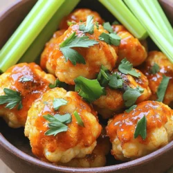 - 1 medium head of cauliflower - 1 cup all-purpose flour (or gluten-free alternative) - 1 cup unsweetened almond milk (or preferred plant-based milk) - Garlic powder - Onion powder - Smoked paprika - Sea salt - Black pepper - Buffalo sauce - Fresh parsley, finely chopped To make these Air Fryer Cauliflower Buffalo Bites, you need fresh cauliflower. I love using a medium head, as it gives you enough florets to share. Next, all-purpose flour works best for the batter, but feel free to swap it with your favorite gluten-free flour if needed. Unsweetened almond milk blends well, but any plant-based milk you like will work just fine. For the exciting flavor, grab garlic powder, onion powder, and smoked paprika. These spices add depth and warmth to the bites. Don't forget sea salt and black pepper; they enhance all the flavors. Finally, buffalo sauce is what turns these bites into a spicy treat. Adjust the amount based on your heat preference. To garnish, I love using fresh parsley. It adds a pop of color and freshness to your dish. You can find the full recipe [here](insert link). - Preheat air fryer to 400°F (200°C). - In a bowl, mix flour, garlic powder, onion powder, smoked paprika, sea salt, and pepper. - Dip each cauliflower floret into the batter. - Make sure each piece is fully coated for great flavor. - Place the florets in a single layer in the air fryer. - Air fry for 10-12 minutes, shaking halfway through. - Once they are golden and crispy, transfer them to a bowl. - Drizzle with buffalo sauce and olive oil. Toss to coat. - For extra crispiness, put them back in the air fryer for 5 more minutes. - Remove and let them cool for a minute. - Sprinkle with parsley before serving. These bites are bold and flavorful, perfect for any gathering! For detailed instructions, check the Full Recipe. To get that perfect crunch, coat each floret well. The batter should stick evenly. Space is key during air frying. Do not crowd the basket; this helps them cook evenly. Every air fryer is different, so you might need to adjust your cooking time. Keep an eye on them after 10 minutes. Looking to spice things up? Try adding a pinch of cayenne for extra heat. You can also use different seasonings like cumin or chili powder for a twist. If the sauce feels too spicy, mix in some maple syrup or honey. This balances the heat while keeping the flavor bold. Serve these bites in a rustic bowl for a cozy feel. Pair them with crunchy celery sticks. Don’t forget the dips! Creamy ranch or tangy blue cheese dressing works great. For a pop of color, sprinkle fresh parsley on top. It makes the dish inviting and fresh. For the full recipe, check out the details above. {{image_4}} You can switch up the recipe with gluten-free flour. Almond flour or rice flour work well. If you want a different taste, try using different sauces. BBQ sauce or teriyaki sauce adds a sweet twist. Spicy chili sauce can heat things up. Experiment with seasonings like cayenne or Italian herbs for a new flavor profile. For a vegan option, use plant-based milk in the batter. Replace the buffalo sauce with a vegan-friendly brand. You can also make a low-carb version. Try almond flour or coconut flour instead of all-purpose flour. Serve the bites with a low-carb dipping sauce to keep it healthy. These bites pair well with fresh salads or crunchy veggies. Serve them with celery sticks for a classic touch. A side of creamy ranch or tangy blue cheese dressing enhances the flavor. You might also enjoy them with a light cucumber salad for a refreshing balance. Check out the Full Recipe for more ideas! Store your leftover cauliflower bites in an airtight container. This keeps them fresh and tasty. They can stay good in the fridge for about 3 to 5 days. To freeze cauliflower bites, let them cool completely first. Then, place them in a freezer-safe bag or container. Make sure to remove as much air as possible. For best taste, eat them within 2 to 3 months. When ready to eat, reheat in the air fryer. This helps keep them crispy! Look for signs of spoilage before eating. If the bites smell off or have a slimy texture, it's best to toss them. Freshness is key for great flavor and safety! Yes, you can make these bites ahead of time. To store them, let the bites cool completely. Place them in an airtight container. They will stay fresh in the fridge for up to 3 days. If you want to reheat them, use your air fryer at 350°F (175°C) for about 5 minutes. This keeps them crispy. You can also reheat them in the oven for the same time and temperature. These bites taste great with dips. Here are some options to consider: - Creamy ranch dressing - Tangy blue cheese dressing - Spicy sriracha mayo - A fresh veggie platter with celery sticks These pairings enhance the flavor and add a crunchy texture. You can also serve them as a part of a game day spread or a fun snack for a movie night. Air Fryer Cauliflower Buffalo Bites are a healthier choice compared to traditional fried snacks. Cauliflower is low in calories and high in fiber. It also provides vitamins C and K. The batter uses almond milk and a small amount of flour, which adds some carbohydrates. Adjust the buffalo sauce to manage the heat. You can also make them gluten-free with a substitute flour. Enjoy them as a snack or appetizer without the guilt! You now have all you need to make tasty Air Fryer Cauliflower Buffalo Bites. Remember to prepare the batter, season the florets, and air fry them for the best results. Don’t forget to toss them in buffalo sauce for that spicy kick! You can customize the recipe with different sauces and sides, too. These bites are great for sharing or enjoying alone. Have fun experimenting with flavors and enjoy your healthier snack!