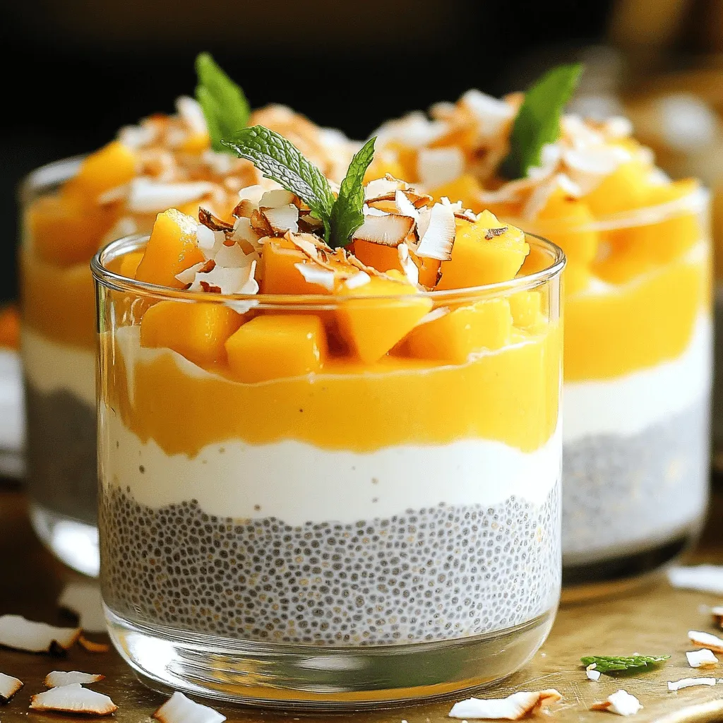 - 1 cup canned or carton coconut milk - 1/2 cup almond milk - 1/4 cup chia seeds - 2 tablespoons maple syrup - 1 ripe mango - 1 teaspoon pure vanilla extract - A pinch of salt - Toasted coconut flakes (for garnish) - Fresh mint leaves (for garnish) You will need simple ingredients to make this mango coconut chia pudding. Coconut milk gives a rich taste, while almond milk adds lightness. Chia seeds are the star, swelling up to create a pudding-like texture. Maple syrup brings sweetness, and vanilla adds a warm flavor. A ripe mango is key for freshness. The toasted coconut flakes will give a nice crunch on top. Fresh mint leaves not only look good but add a burst of flavor. This dessert packs a punch with nutrients. Each serving has around 200-250 calories. Chia seeds are high in fiber and omega-3 fatty acids. Mango offers vitamin C and A, which are good for your skin and immune system. Coconut milk adds healthy fats, making this pudding both filling and nutritious. Chia seeds help keep you full. They can also aid digestion due to their high fiber content. Coconut milk is great for hydration and is dairy-free. Mango gives you energy and is excellent for digestion as well. This pudding not only tastes good but also supports your health goals. For the full recipe, check out the detailed instructions. Start by mixing the coconut milk and almond milk in a medium bowl. Use any milk you like, but I prefer this combo for taste. Next, add the chia seeds, maple syrup, vanilla extract, and a pinch of salt. Whisk everything together well. This helps distribute the chia seeds evenly and prevents clumping. Refrigeration is key for this recipe. It allows the chia seeds to soak up the liquids and swell. Chill the mixture for at least 4 hours, but overnight is best. This gives you a creamy, pudding-like texture that’s so satisfying. When ready to serve, grab small cups or bowls. Start with a layer of chia pudding at the bottom. Then, add a layer of diced mango on top. Repeat the layers until your cups are full. For a lovely finish, sprinkle toasted coconut flakes on top. Add a few mint leaves for a fresh touch. This makes your dessert not just tasty but also beautiful! You can find the complete instructions in the Full Recipe. To get the right thickness in your pudding, adjust the almond milk. If your pudding is too thick, add a splash of almond milk. This helps create a creamy texture. Stir well until you reach your desired consistency. Use a whisk to mix everything evenly. Make sure the chia seeds spread out well. This prevents clumping and ensures a smooth pudding. You can boost the flavor with sweeteners. Try honey or agave syrup if you want more sweetness. You can also add spices like cinnamon or nutmeg for warmth. For garnishes, consider using toasted coconut flakes. Fresh mint leaves add a nice touch too. They make your dessert look pretty and taste fresh. Mango Coconut Chia Pudding tastes great on its own, but you can pair it with other treats. Serve it with fresh fruit or granola for extra crunch. It works well for breakfast or as a snack. This pudding is perfect for family gatherings or warm weather picnics. It’s a refreshing treat that everyone will enjoy. {{image_4}} You can make this pudding even better with some easy swaps. If you want a dairy-free treat, use coconut or almond milk. You can also try oat milk or soy milk for a different taste. If you want to cut sugar, use less maple syrup or a sugar-free sweetener. Want to make it more fun? Try adding different fruits! Berries, bananas, or pineapple work well. You can also mix in spices like cinnamon or nutmeg for a warm flavor. A splash of coconut extract can boost the coconut taste, too. Get creative with how you serve your pudding. Use jars, cups, or even bowls to make it special. You can layer the pudding and mango in clear glasses to show off the colors. Try adding a layer of toasted coconut flakes between the pudding and mango for a tasty surprise. For more details, check out the Full Recipe! Store any leftovers in an airtight container. Glass jars work great for this. They keep the pudding fresh and let you see the beautiful layers. If you have a lot of pudding, divide it into smaller containers. This makes it easy to grab a quick snack. In the fridge, the pudding lasts about 4 to 5 days. Just make sure it stays covered to prevent drying out. Freezing is not the best option for this chia pudding. It might change the texture when thawed. You can use excess chia pudding in many ways. Mix it into smoothies for a creamy boost. You can also layer it in parfaits with yogurt and fruits. Or, spoon it over oatmeal for a fun breakfast twist. To make Mango Coconut Chia Pudding, you need about 10 minutes for prep. After that, it needs to chill for at least 4 hours. I recommend letting it sit overnight for the best texture. This gives the chia seeds time to soak and swell. Yes, you can use many types of milk for this recipe. You can swap coconut milk for almond, soy, or oat milk. Each milk adds its own flavor. Choose what you like best! If your pudding is too thick, just add a splash of almond milk. Stir until it reaches your desired creaminess. This simple trick helps you adjust the texture easily. Absolutely! This recipe is great for meal prep. You can make a big batch and store it in the fridge. It lasts well for 3 to 5 days. Just layer the pudding and mango when you're ready to eat. Yes, frozen mango works just fine! Just thaw it before using. This way, it mixes well with your pudding. Frozen mango can be a great time-saver, too! You now know how to make Mango Coconut Chia Pudding. This dish is simple and tasty, using just a few key ingredients. You learned about the health benefits of chia seeds, coconut milk, and mango. Remember to chill the pudding for the best texture and flavor. Feel free to try variations or adjust it to your taste. Enjoy this light, refreshing dessert at any time!