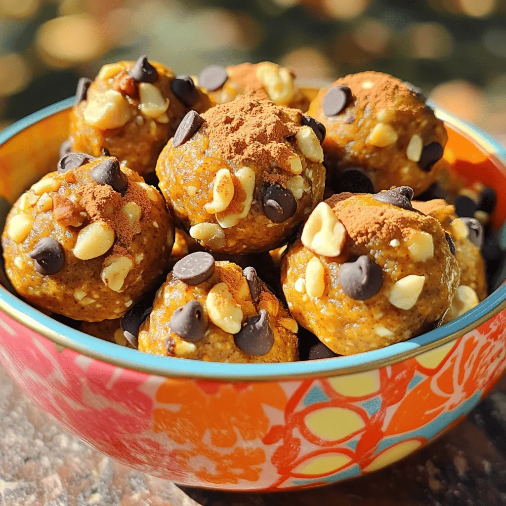 - 1 cup rolled oats - 1/2 cup pumpkin puree - 1/4 cup almond butter (or your preferred nut butter) These main ingredients form the base of your bites. Rolled oats give a hearty texture. Pumpkin puree adds moisture and flavor. Almond butter provides healthy fats and protein. - 1/4 cup honey or maple syrup - 1 teaspoon pure vanilla extract - 1 teaspoon pumpkin spice - 1/4 teaspoon sea salt Sweeteners like honey or maple syrup add natural sweetness. Pure vanilla extract enhances the flavor profile. Pumpkin spice brings warmth, while sea salt balances the sweetness. - 1/2 cup mini chocolate chips (optional) - 1/4 cup chopped nuts (such as walnuts or pecans, optional) Adding mini chocolate chips gives a fun twist. Chopped nuts add crunch and extra nutrition. You can mix and match these add-ins to suit your taste. For the full recipe, check out the detailed steps to make these delicious bites! Start by taking a large mixing bowl. Combine the rolled oats, pumpkin puree, almond butter, and sweeteners. Use a spatula or spoon to stir until the mixture is smooth and well blended. This base is where all the magic begins. Next, incorporate the pumpkin spice and sea salt into the mix. Stir it well to ensure the flavors blend evenly. This step is key for creating that warm, cozy taste we love in pumpkin spice treats. You want a thick, sticky mixture that holds together nicely. Now, if you want to get creative, gently fold in any optional ingredients, like mini chocolate chips or chopped nuts. These add extra texture and flavor. Once mixed, use your hands to roll the mixture into small balls, about one inch in diameter. Arrange these energy bites on a baking sheet lined with parchment paper. This keeps them from sticking. After you shape all the bites, chill them in the refrigerator for about 30 minutes. This helps them firm up. Once chilled, you can store them in an airtight container. They stay fresh for up to one week. For the full recipe, be sure to check out the detailed instructions. To get the right texture for your pumpkin spice energy bites, you may need to adjust the mix. If your mixture feels too wet, add more rolled oats. If it seems too dry, mix in extra almond butter. Make sure to mix well so no clumps remain. You can tweak the flavors if you want. Try different spices like cinnamon or nutmeg for a twist. If you prefer a sweeter bite, swap honey for maple syrup. Experimenting with combinations can lead to fun and tasty surprises! Presentation matters! You can stack your energy bites in a colorful bowl. For a snack duo, pair them with a warm drink like tea or coffee. This way, you'll enjoy a delightful flavor journey. {{image_4}} You can make these energy bites fit your needs. If you want gluten-free options, use gluten-free oats. You can find these at most grocery stores. For nut-free bites, replace almond butter with sunflower seed butter. This swap keeps the flavor while avoiding nuts. Feel free to get creative with flavors. You can add seasonal spices like ginger or allspice for a twist. Dried fruits like cranberries or raisins also add a sweet touch. Seeds like chia or flax can boost nutrition. They add crunch and are packed with health benefits. If you follow a vegan diet, swap honey with maple syrup for sweetness. For low-sugar options, use a sugar substitute like stevia or erythritol. You can also reduce the amount of sweeteners in the recipe. This helps maintain flavor while cutting down on sugar. To make the most of your Pumpkin Spice Energy Bites, check the [Full Recipe]. To keep your Pumpkin Spice Energy Bites fresh, store them in the refrigerator. Use an airtight container to prevent moisture from getting in. This helps maintain their flavor and texture. A simple plastic or glass container works well. If you want to save some for later, freezing is a great option. To freeze them, place the energy bites in a single layer on a baking sheet. Once they are frozen solid, transfer them to a freezer-safe bag or container. This prevents them from sticking together. They will stay fresh for up to three months in the freezer. In the refrigerator, these energy bites last about one week. After that, they can start to lose their taste. Look out for signs of spoilage. If you see any mold or a change in smell, it's best to toss them. If you notice a slimy texture, that’s also a sign they are no longer good. Always check before you indulge in these tasty bites. For the best freshness, use airtight containers. They keep out air and moisture. You can find many options at your local store. Look for BPA-free plastic or glass containers. If you're eco-conscious, consider using glass jars. They are reusable and reduce waste. Another option is to use silicone bags. They are great for snacks and help the planet too. Pumpkin Spice Energy Bites last up to one week in the fridge. Store them in an airtight container to keep them fresh. If you want to save some for later, you can freeze them. They last about three months in the freezer. Just thaw them in the fridge before enjoying. Yes, you can! If you don’t have pumpkin puree, use applesauce or mashed bananas. Both options give a nice sweetness and moisture. For a different flavor, try using sweet potato puree. Each option will change the taste slightly, but they will still work well. Absolutely! These energy bites are packed with good ingredients. Rolled oats provide fiber and energy. Pumpkin puree is full of vitamins A and C. Almond butter adds healthy fats and protein. Just be mindful of your serving size. Two bites are a great snack to keep you energized without overdoing it. In this post, I covered how to make Pumpkin Spice Energy Bites. We discussed key ingredients like oats, pumpkin puree, and almond butter. I shared tips for mixing the base and enhancing flavors. You learned how to shape the bites and customize them for different tastes or diets. These treats not only taste great but also pack nutrition. With easy steps and simple ingredients, anyone can make them. Enjoy these energy bites as a quick snack or dessert. Experiment with variations and make them your own!