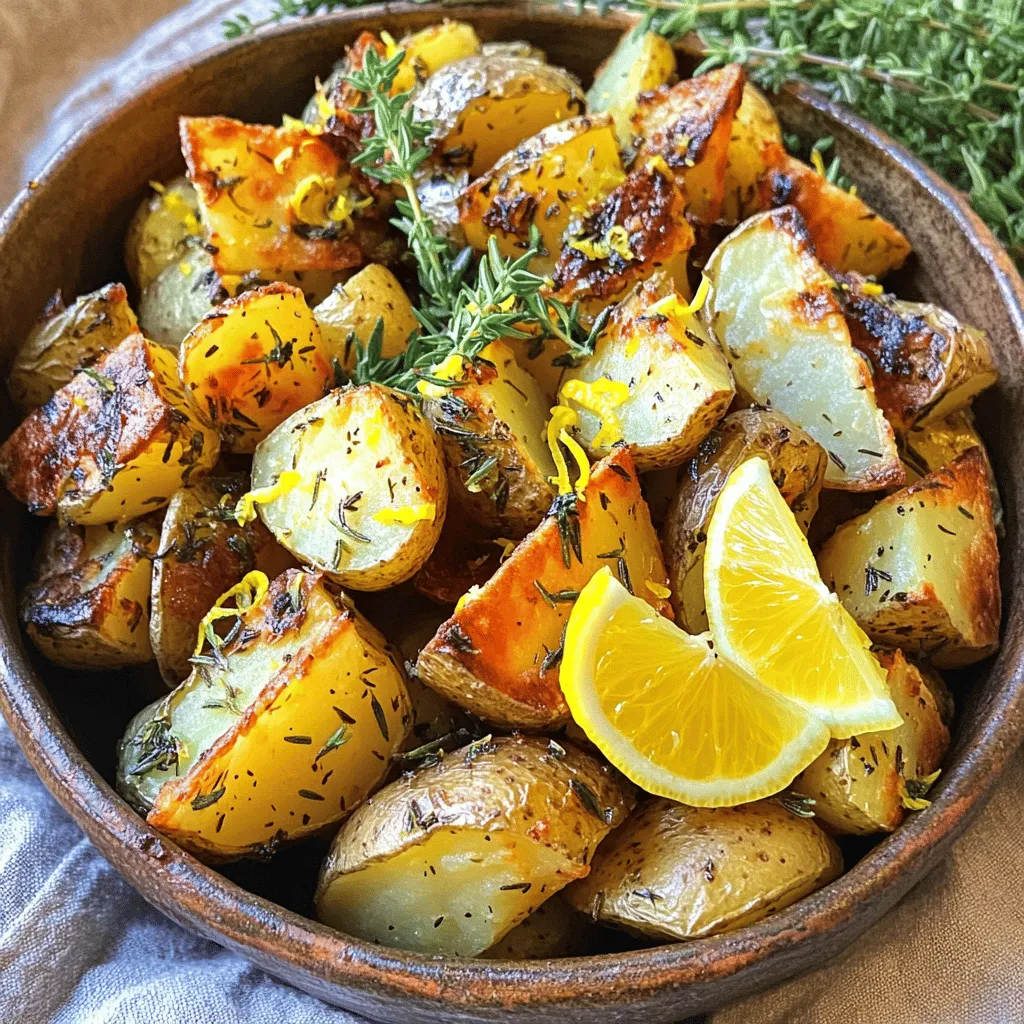 When making Lemon Garlic Herb Roasted Potatoes, you need fresh and simple ingredients. Quality matters for the best flavor. Here’s what you will need: - 2 pounds baby potatoes, halved - 4 tablespoons extra-virgin olive oil - 4 cloves garlic, finely minced - Zest and juice of 1 medium lemon - 1 tablespoon fresh rosemary, finely chopped - 1 tablespoon fresh thyme, finely chopped - Salt and freshly cracked black pepper to taste - 1 teaspoon smoked paprika (optional for an added depth of flavor) Each ingredient plays a key role. The baby potatoes give a soft inside and a crispy outside. Olive oil adds richness. Garlic and lemon bring brightness and zest. Fresh herbs like rosemary and thyme add earthy notes. Salt and pepper enhance all these flavors. Smoked paprika can give a lovely hint of smokiness if you want. For the full recipe, check the details above. Cooking with fresh ingredients makes a huge difference. It’s all about balance and bold flavors. Enjoy this easy and tasty side dish! Preheat and Prepare Start by preheating your oven to 425°F (220°C). This temperature helps the potatoes become crispy. In a large mixing bowl, combine your halved baby potatoes with the olive oil, minced garlic, lemon zest, lemon juice, chopped rosemary, chopped thyme, salt, and pepper. If you like a smoky taste, add smoked paprika. Mixing these ingredients creates a fresh and bright flavor. Coat Potatoes Now, toss the potatoes with the mixture until every piece is evenly coated. This step is key for flavor. Make sure all sides of the potatoes are covered. Next, prepare your baking sheet by lining it with parchment paper or a silicone mat. This makes cleanup easy. Spread the seasoned potatoes in a single layer on the sheet. Leave some space between them; this helps them roast well. Roast Potatoes Place the baking sheet in your preheated oven. Roast the potatoes for 25-30 minutes. Halfway through, turn the potatoes with a spatula. This helps them brown evenly. Check if they are done by piercing one with a fork. It should feel soft inside and look golden brown outside. Once they are perfect, pull them from the oven and let them cool for a few minutes. This cooling time enhances the flavor. For the full recipe, refer to the earlier section. To get the best crispiness, start with small baby potatoes. Their size helps them cook evenly. Cut them in half for optimal roasting. Use enough olive oil to coat them well. This helps create a nice golden crust. Check for doneness by using a fork. Pierce a potato in the center. If it feels soft and tender, they are done. The outside should look golden brown. For a beautiful display, use a rustic bowl to serve your potatoes. This adds charm to your meal. Garnish with fresh herbs like parsley or thyme. You can also add lemon wedges. They look pretty and enhance the dish's flavor. Serve these potatoes alongside grilled meats or a fresh salad. They make a great pairing! Want to dive deeper? Check out the Full Recipe to learn more about this delightful side dish. {{image_4}} Enhancing the flavor of Lemon Garlic Herb Roasted Potatoes is simple. You can add different herbs or spices to create a unique twist. For example, try adding fresh parsley or dill for a fresh taste. You might also sprinkle some crushed red pepper for a spicy kick. Incorporating vegetables adds texture and taste. Consider adding bell peppers, carrots, or even Brussels sprouts. Chopped asparagus or zucchini can also work well. Just make sure to cut them into similar sizes as the potatoes for even cooking. Making this dish gluten-free is easy since it contains no gluten ingredients. For a vegan option, simply check the olive oil label. This recipe is naturally vegan, so you're good here! If you want lower sodium, use less salt. You can also swap regular salt for a salt-free seasoning blend. This keeps the flavor high while reducing sodium intake. For more ideas, check out the Full Recipe. To keep your Lemon Garlic Herb Roasted Potatoes fresh, store them properly. First, let them cool completely. Then, place them in an airtight container. This helps keep moisture out and flavor in. You can store them in the fridge for up to four days. If you want to store them longer, consider freezing. For freezing, spread the cooled potatoes on a baking sheet. Make sure they are in a single layer. This prevents them from sticking together. Once frozen solid, transfer them to a freezer bag. Press out as much air as you can before sealing. They will last up to three months in the freezer. Reheating your roasted potatoes can be tricky. You want to keep them crispy, not soggy. For the best results, use an oven. Preheat your oven to 400°F (200°C). Spread the potatoes on a baking sheet. Heat them for about 10-15 minutes. This will help them regain their crispness. If you need to use a microwave, place the potatoes on a microwave-safe plate. Cover the plate with a damp paper towel to keep moisture in. Heat in short bursts of 30 seconds. Check often to avoid overheating. The oven method is best, but this is a quick option. For more tips and the full recipe, check the [Full Recipe]. Lemon Garlic Herb Roasted Potatoes last about 3 to 5 days in the fridge. Store them in an airtight container to keep them fresh. When reheating, use the oven for best results. Yes, you can use other types of potatoes. Yukon gold, red potatoes, or fingerlings work well. Each type gives a slightly different taste and texture. Just adjust the cooking time if needed. These potatoes pair nicely with grilled meats, fish, or salads. They add a bright flavor to any dish. You can also serve them with dips like sour cream or yogurt for added fun. To spice things up, add crushed red pepper flakes or cayenne pepper. You can also mix in more garlic or fresh herbs. A splash of balsamic vinegar adds a tangy kick too. For the full recipe, check out the details above. Lemon Garlic Herb Roasted Potatoes are easy to make and delicious. We covered the key ingredients, steps, tips, and variations. Each point helps you create a tasty dish. You can add your twist with herbs or spices to fit your taste. Storing and reheating will keep your leftovers crispy. Enjoy these potatoes as a side dish or main meal. With this guide, you are ready to impress at your next meal!
