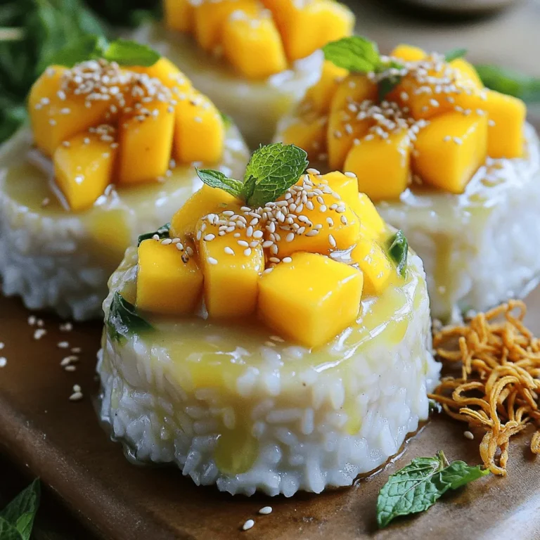 - 1 cup glutinous rice - 1 ½ cups coconut milk - ¾ cup granulated sugar - ½ teaspoon sea salt - 2 ripe mangoes, peeled and thinly sliced - 1 tablespoon toasted sesame seeds - 2 tablespoons cooked and toasted mung beans - Fresh mint leaves for garnish Mango sticky rice is simple yet delightful. You only need a few main ingredients to create this sweet treat. Glutinous rice gives the dish its unique texture. Coconut milk adds creaminess and flavor. Sugar sweetens the rice, while sea salt balances the taste. The ripe mangoes bring freshness to the dessert. If you want to add more texture or flavor, consider optional ingredients. Toasted sesame seeds give a nutty crunch. Cooked mung beans add a protein boost. Fresh mint leaves make a lovely garnish and brighten the dish. For the full recipe, check out the *Mango Heaven Sticky Rice Delight*. This dessert is not just tasty, but it also looks stunning on your table! 1. Rinse the glutinous rice well under cold water. This step helps remove excess starch. Rinse until the water runs clear. 2. Soak the rinsed rice in fresh water for at least 4 hours. If you can, soak it overnight for the best texture. 3. After soaking, drain the rice. Place it in a steamer basket lined with cheesecloth or a clean kitchen towel. 4. Set the steamer over a pot of boiling water. Steam the rice for 30 to 40 minutes. It should look translucent and be tender. 1. In a medium saucepan, mix the coconut milk, granulated sugar, and sea salt. 2. Heat the mixture on medium. Stir gently until the sugar dissolves. Do not boil the sauce. This keeps it creamy. 1. Once the rice is done steaming, transfer it to a large mixing bowl. 2. Pour about 1 cup of warm coconut sauce over the sticky rice. Stir gently to combine everything. 3. Let the mixture sit for 15 to 20 minutes. This allows the rice to soak up the sweet coconut flavor. 4. To serve, mold the sticky rice into small portions. You can use a scoop or your hands for this. 5. Arrange the rice portions on serving plates. Top each with sliced mango for a bright look. 6. Drizzle more coconut sauce over the mango and rice for extra flavor. 7. For added crunch and taste, sprinkle toasted sesame seeds and mung beans if you like. 8. Finish by adding fresh mint leaves for a pop of color and flavor. Follow [Full Recipe] for detailed steps. Enjoy this sweet treat! To make the best mango sticky rice, you need ripe mangos. Look for mangos that are slightly soft when you gently press them. Their skin should have a vibrant color, often yellow or red. A sweet aroma near the stem also shows ripeness. The best varieties for this dessert are the Alphonso and Haden mangos. These types are sweet and juicy, perfect for pairing with sticky rice. Soaking the glutinous rice is key to great texture. I recommend soaking for at least four hours, but overnight is even better. This allows the rice to absorb water, making it tender when cooked. When it comes to steaming, use a bamboo steamer if you have one. Line it with cheesecloth to prevent rice from falling through. Steam the rice for 30 to 40 minutes until it looks translucent. Presentation matters! Serve the sticky rice in clear glass bowls to show off the layers of mango and rice. For added flair, drizzle more coconut sauce on top. Pair mango sticky rice with sweetened Thai iced tea or a light coconut drink. These beverages complement the dessert's flavors well and elevate the dining experience. {{image_4}} You can add new flavors to mango sticky rice. One great option is pandan extract. This green extract gives a sweet, unique taste. Simply mix a few drops into your coconut sauce. It enhances the dish and adds a lovely color. Another fun idea is to use different fruits. While ripe mango is classic, try using strawberries or kiwi. Their bright colors and flavors can make your dish pop. You can even add a mix of tropical fruits for a fruity twist. For those who prefer vegan options, you can easily modify the coconut sauce. Use a plant-based milk, like almond or oat milk, in place of coconut milk. This keeps the dish creamy and delicious while meeting vegan needs. If you need a gluten-free choice, mango sticky rice is already suitable. Just make sure all ingredients are labeled gluten-free. That way, you can enjoy this treat without worry. Mango sticky rice varies across regions. In Thailand, you might find it served with black sticky rice. This gives a different texture and flavor, making it a fun twist. You can also enjoy this dessert during Thai festivals. It is a popular dish for celebrations. Sharing mango sticky rice brings joy and warmth to gatherings. It connects people through food and culture. For the full recipe, check out the detailed guide. To keep mango sticky rice fresh, store it in an airtight container. Place the sticky rice in the container and cover it with plastic wrap. This helps keep moisture in and prevents it from drying out. You can also layer mango slices on top, but it is best to keep mango and rice separate if not eating right away. The shelf life of mango sticky rice is about 2-3 days in the fridge. After this time, the rice may lose its texture, and the mango can spoil. Always check for any off smells or changes in color before consuming. To reheat sticky rice without losing texture, steam it again. Place the rice in a steamer basket over boiling water. Cover it and heat for about 10 minutes. This method helps restore its soft and chewy feel. If you have leftover mango, keep it fresh by storing it in the fridge. Do not reheat mango, as it can become mushy and lose flavor. Enjoy your mango sticky rice cold or at room temperature for the best taste. You can easily make mango sticky rice vegan by using non-dairy milk. I recommend using almond or coconut milk. These options keep the creamy texture while making the dish dairy-free. Using regular rice changes the texture and taste. Glutinous rice gives sticky rice its chewy quality. Regular rice will be softer and less sticky. The dish may not hold together as well. You can find mango sticky rice at Thai restaurants or specialty dessert shops. Many places offer it as a popular dessert. Check local markets or food festivals for fresh options too. Making mango sticky rice takes about one hour in total. Soaking the rice needs at least four hours, or overnight is best. Cooking the rice and sauce takes about 30 minutes. Mango sticky rice is a beloved Thai dessert. It celebrates the mango harvest season. Traditionally, families serve it during special occasions and festivals. It symbolizes joy and togetherness in Thai culture. Mango sticky rice is a delightful dessert that combines glutinous rice and coconut sauce with ripe mangoes. We explored key ingredients, simple steps, and useful tips for success. You learned about flavor variations and cultural twists, making this dish versatile. Lastly, storing and reheating properly ensures you enjoy this treat longer. Whether you stick to the classic or try new ideas, mango sticky rice is fun to make and share. I hope you feel inspired to create your own delicious version!