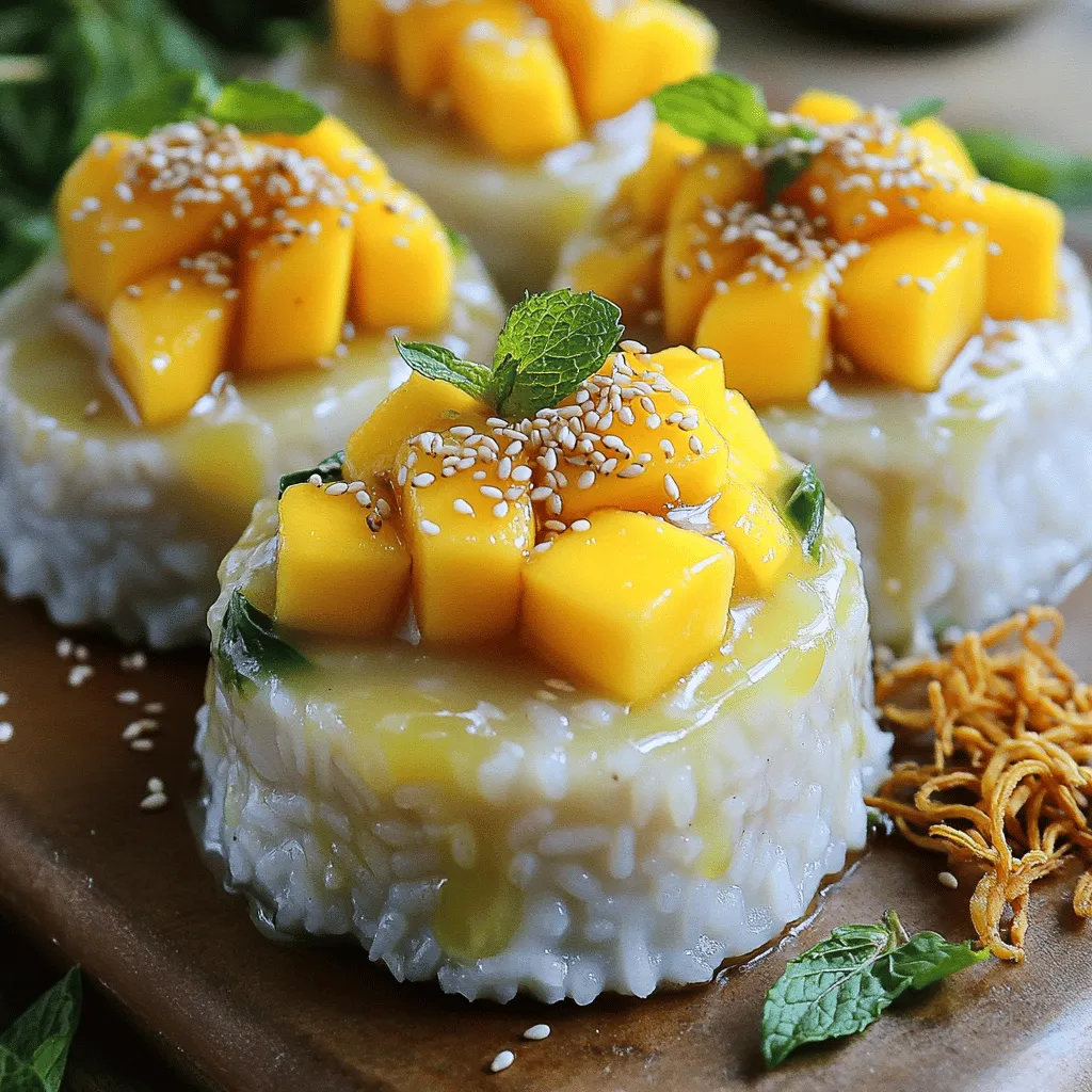 - 1 cup glutinous rice - 1 ½ cups coconut milk - ¾ cup granulated sugar - ½ teaspoon sea salt - 2 ripe mangoes, peeled and thinly sliced - 1 tablespoon toasted sesame seeds - 2 tablespoons cooked and toasted mung beans - Fresh mint leaves for garnish Mango sticky rice is simple yet delightful. You only need a few main ingredients to create this sweet treat. Glutinous rice gives the dish its unique texture. Coconut milk adds creaminess and flavor. Sugar sweetens the rice, while sea salt balances the taste. The ripe mangoes bring freshness to the dessert. If you want to add more texture or flavor, consider optional ingredients. Toasted sesame seeds give a nutty crunch. Cooked mung beans add a protein boost. Fresh mint leaves make a lovely garnish and brighten the dish. For the full recipe, check out the *Mango Heaven Sticky Rice Delight*. This dessert is not just tasty, but it also looks stunning on your table! 1. Rinse the glutinous rice well under cold water. This step helps remove excess starch. Rinse until the water runs clear. 2. Soak the rinsed rice in fresh water for at least 4 hours. If you can, soak it overnight for the best texture. 3. After soaking, drain the rice. Place it in a steamer basket lined with cheesecloth or a clean kitchen towel. 4. Set the steamer over a pot of boiling water. Steam the rice for 30 to 40 minutes. It should look translucent and be tender. 1. In a medium saucepan, mix the coconut milk, granulated sugar, and sea salt. 2. Heat the mixture on medium. Stir gently until the sugar dissolves. Do not boil the sauce. This keeps it creamy. 1. Once the rice is done steaming, transfer it to a large mixing bowl. 2. Pour about 1 cup of warm coconut sauce over the sticky rice. Stir gently to combine everything. 3. Let the mixture sit for 15 to 20 minutes. This allows the rice to soak up the sweet coconut flavor. 4. To serve, mold the sticky rice into small portions. You can use a scoop or your hands for this. 5. Arrange the rice portions on serving plates. Top each with sliced mango for a bright look. 6. Drizzle more coconut sauce over the mango and rice for extra flavor. 7. For added crunch and taste, sprinkle toasted sesame seeds and mung beans if you like. 8. Finish by adding fresh mint leaves for a pop of color and flavor. Follow [Full Recipe] for detailed steps. Enjoy this sweet treat! To make the best mango sticky rice, you need ripe mangos. Look for mangos that are slightly soft when you gently press them. Their skin should have a vibrant color, often yellow or red. A sweet aroma near the stem also shows ripeness. The best varieties for this dessert are the Alphonso and Haden mangos. These types are sweet and juicy, perfect for pairing with sticky rice. Soaking the glutinous rice is key to great texture. I recommend soaking for at least four hours, but overnight is even better. This allows the rice to absorb water, making it tender when cooked. When it comes to steaming, use a bamboo steamer if you have one. Line it with cheesecloth to prevent rice from falling through. Steam the rice for 30 to 40 minutes until it looks translucent. Presentation matters! Serve the sticky rice in clear glass bowls to show off the layers of mango and rice. For added flair, drizzle more coconut sauce on top. Pair mango sticky rice with sweetened Thai iced tea or a light coconut drink. These beverages complement the dessert's flavors well and elevate the dining experience. {{image_4}} You can add new flavors to mango sticky rice. One great option is pandan extract. This green extract gives a sweet, unique taste. Simply mix a few drops into your coconut sauce. It enhances the dish and adds a lovely color. Another fun idea is to use different fruits. While ripe mango is classic, try using strawberries or kiwi. Their bright colors and flavors can make your dish pop. You can even add a mix of tropical fruits for a fruity twist. For those who prefer vegan options, you can easily modify the coconut sauce. Use a plant-based milk, like almond or oat milk, in place of coconut milk. This keeps the dish creamy and delicious while meeting vegan needs. If you need a gluten-free choice, mango sticky rice is already suitable. Just make sure all ingredients are labeled gluten-free. That way, you can enjoy this treat without worry. Mango sticky rice varies across regions. In Thailand, you might find it served with black sticky rice. This gives a different texture and flavor, making it a fun twist. You can also enjoy this dessert during Thai festivals. It is a popular dish for celebrations. Sharing mango sticky rice brings joy and warmth to gatherings. It connects people through food and culture. For the full recipe, check out the detailed guide. To keep mango sticky rice fresh, store it in an airtight container. Place the sticky rice in the container and cover it with plastic wrap. This helps keep moisture in and prevents it from drying out. You can also layer mango slices on top, but it is best to keep mango and rice separate if not eating right away. The shelf life of mango sticky rice is about 2-3 days in the fridge. After this time, the rice may lose its texture, and the mango can spoil. Always check for any off smells or changes in color before consuming. To reheat sticky rice without losing texture, steam it again. Place the rice in a steamer basket over boiling water. Cover it and heat for about 10 minutes. This method helps restore its soft and chewy feel. If you have leftover mango, keep it fresh by storing it in the fridge. Do not reheat mango, as it can become mushy and lose flavor. Enjoy your mango sticky rice cold or at room temperature for the best taste. You can easily make mango sticky rice vegan by using non-dairy milk. I recommend using almond or coconut milk. These options keep the creamy texture while making the dish dairy-free. Using regular rice changes the texture and taste. Glutinous rice gives sticky rice its chewy quality. Regular rice will be softer and less sticky. The dish may not hold together as well. You can find mango sticky rice at Thai restaurants or specialty dessert shops. Many places offer it as a popular dessert. Check local markets or food festivals for fresh options too. Making mango sticky rice takes about one hour in total. Soaking the rice needs at least four hours, or overnight is best. Cooking the rice and sauce takes about 30 minutes. Mango sticky rice is a beloved Thai dessert. It celebrates the mango harvest season. Traditionally, families serve it during special occasions and festivals. It symbolizes joy and togetherness in Thai culture. Mango sticky rice is a delightful dessert that combines glutinous rice and coconut sauce with ripe mangoes. We explored key ingredients, simple steps, and useful tips for success. You learned about flavor variations and cultural twists, making this dish versatile. Lastly, storing and reheating properly ensures you enjoy this treat longer. Whether you stick to the classic or try new ideas, mango sticky rice is fun to make and share. I hope you feel inspired to create your own delicious version!