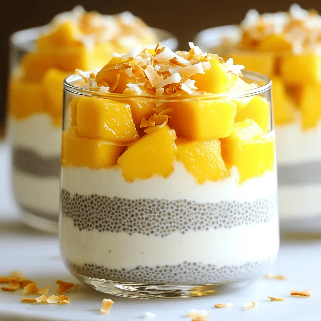 - Coconut milk - Almond milk - Chia seeds - Maple syrup - Ripe mango - Vanilla extract - Salt - Toasted coconut flakes (optional) Gathering the right ingredients is key to making Mango Coconut Chia Pudding a delight. I love using creamy coconut milk to give the pudding a rich taste. Almond milk adds a nice flavor and balances the dish. Chia seeds are important because they help the pudding thicken. You can sweeten it with maple syrup, which gives a natural sweetness. Ripe mango is my favorite part. It adds freshness and a fruity layer. A touch of vanilla extract brings warmth to the flavor. Don’t forget a pinch of salt! It enhances the sweetness and makes each layer pop. If you want some crunch, toasted coconut flakes are a great option. They add texture and a fun twist. For the full recipe, check the section above. Chia seeds are tiny powerhouses. They are full of fiber, protein, and healthy fats. This makes them good for your digestion and keeps you full longer. Mango is not just tasty; it is also healthy. It is high in vitamins A and C. These vitamins support your skin and immune system. Plus, mango adds natural sweetness without extra sugar. Coconut milk is rich in nutrients, too. It has healthy fats that can help with energy and weight loss. Using coconut milk makes this dessert creamy without dairy. It’s a perfect choice for those who are lactose intolerant. In a mixing bowl, combine the coconut milk and almond milk. Use a whisk to blend them well. This mix gives the pudding a creamy feel. Next, add the maple syrup and vanilla extract. These bring a nice sweetness. Don’t forget to add a pinch of salt. This small amount enhances the flavor. Now, it's time to add the chia seeds. Sprinkle them in slowly while stirring. Stirring continuously is key to avoid clumps. Chia seeds need liquid to swell. If you don’t stir, they might stick together. Keep mixing until they are evenly spread in the liquid. Once you mix well, let the pudding rest for about 5 minutes. This allows the chia seeds to start swelling. After that, stir again to break any clumps that form. Cover the bowl with plastic wrap or a lid. Place it in the fridge for at least 4 hours. You can also chill it overnight for best results. Chilling is important because it helps the pudding thicken. After chilling, stir one more time to combine anything that may have separated. Resting time is key for the best chia pudding. After mixing your ingredients, let it sit. The chia seeds need time to absorb liquid and swell. This creates a creamy texture. To avoid clumping, add chia seeds slowly. Stir constantly as you sprinkle them in. This helps each seed spread out in the mix. After five minutes, stir again to break up any clumps. This ensures a smooth pudding. Finding the right sweetness can make or break your pudding. Taste the mix before chilling. If it’s not sweet enough, add more maple syrup. You can always adjust to your liking. If you want alternatives to maple syrup, try honey or agave nectar. These can give a different flavor while still sweetening your dish. You can even use mashed ripe bananas for a fun twist. Layering makes your pudding look stunning. Start with a spoonful of pudding, then add diced mango. Repeat this until your glass is full. The layers create a beautiful visual effect. For garnishing, sprinkle toasted coconut flakes on top. This adds both crunch and flavor. You can also add a few mango cubes for color. These small touches make your pudding more inviting and fun to eat. {{image_4}} You can mix up the flavors of your Mango Coconut Chia Pudding. Try adding other fruits, like berries or bananas. These fruits add a burst of color and taste. You can also experiment with flavoring options. Cocoa can add a rich taste, while matcha gives a fresh, earthy note. Each variation offers a unique twist on this healthy delight. You have many choices for milk in this recipe. I suggest exploring nut milks, like cashew or hazelnut. They add a lovely flavor and creaminess. You can also use dairy alternatives, like oat milk or soy milk. Each type brings its own taste and texture to the pudding. Sweeteners can change the pudding’s flavor. You can choose natural options like honey or agave. For those looking for sugar-free options, consider stevia or erythritol. These alternatives help you enjoy a sweet treat without the extra calories. Don't be afraid to test different sweeteners until you find your favorite balance. For the full recipe, check the section above. Store your mango coconut chia pudding in airtight containers. Glass jars work well. They keep the pudding fresh and let you see the layers. Make sure to fill the jars to the top. This limits air exposure. Always place the containers in the fridge right after making them. If you want to keep it fresh longer, use a lid. Your pudding will stay good in the fridge for about 4 to 5 days. After that, the texture may change. Look for signs of spoilage. If you see mold or a sour smell, it’s time to throw it away. If it starts to separate, just stir it well before eating. Yes, you can freeze chia pudding! Pour it into freezer-safe containers. Leave some space at the top for expansion. When you want to eat it, take it out and place it in the fridge overnight. If you need it faster, use the microwave. Heat it in short bursts and stir often. This will help keep the texture nice. Chia pudding is a simple, healthy snack. It uses chia seeds, which swell when mixed with liquid. This creates a thick, creamy texture. To make it, you mix chia seeds with milk and a sweetener. You can add flavors like vanilla or fruit. Let it sit so the seeds absorb the liquid. After a few hours, the pudding is ready to eat. I love adding mango and coconut for a tropical twist in my Mango Coconut Chia Pudding recipe. Yes, you can make this pudding ahead of time. In fact, it tastes even better after chilling overnight. Prepare the pudding in the evening, then let it set in the fridge. This allows the chia seeds to absorb the liquid fully. Just stir it again before serving. You can layer it with fresh mango right before you eat. This makes for a quick, tasty breakfast or snack. If you want to serve more people, it’s easy to adjust the recipe. Simply double or triple the ingredients. For example, use 2 cups of coconut milk instead of 1. Keep the same ratios for other ingredients. This helps to maintain the flavor and texture. Just remember to use a larger bowl for mixing. After chilling, you can layer the pudding in bigger containers or more individual cups. Enjoy sharing this yummy treat! This blog post covered the essentials of making Mango Coconut Chia Pudding. We explored key ingredients like chia seeds, coconut milk, and mango. You learned how to mix these ingredients and chill them for the best texture. In conclusion, this pudding is not only delicious but also packed with nutrients. Experiment with flavors, adjust sweetness, and enjoy the endless variations. Now, make this treat and enjoy every tasty bite!