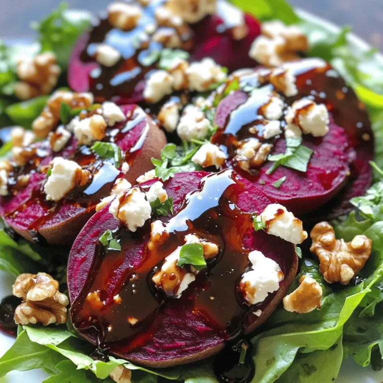 To make the Roasted Beet and Goat Cheese Salad, gather these fresh ingredients: - 3 medium-sized beets, thoroughly scrubbed and tops trimmed - 4 cups mixed salad greens (a delightful blend of arugula, spinach, and rucola) - 1/2 cup goat cheese, crumbled into small pieces - 1/4 cup walnuts, roughly chopped and lightly toasted - 1/4 cup balsamic vinegar - 2 tablespoons honey (adjust to taste for sweetness) - 3 tablespoons extra virgin olive oil - Salt and freshly ground black pepper to taste - Fresh herbs such as parsley or basil, for a fragrant garnish For a little extra flair, you can add: - Microgreens for a pop of color - Sliced radishes for a crunchy bite - Pomegranate seeds for a sweet touch - Avocado slices for creaminess This salad is not just tasty; it's also good for you! Here’s a quick breakdown: - Calories: About 250 per serving - Protein: 7g (from goat cheese and walnuts) - Fiber: 5g (from beets and greens) - Healthy fats: 18g (from olive oil and walnuts) - Vitamins: Rich in vitamins A, C, and K Eating this salad helps you feel full and satisfied. It also gives you energy and nutrients. Enjoy every bite of this fresh flavor boost! For the full recipe, check out the details in the article. To start, preheat your oven to 400°F (200°C). Take the beets and scrub them well. Remove the tops and wrap each beet in aluminum foil. Drizzle with olive oil and sprinkle with salt. Place them on a baking sheet to catch any drips. Roast the beets for 45-60 minutes. They are done when a fork can pierce them easily. Let the beets cool, then peel off the skins and slice them into wedges. In a small bowl, mix the balsamic vinegar, honey, and olive oil. Whisk until everything is blended well. Taste your dressing and add salt and pepper to your liking. Adjust the sweetness by adding more honey, if needed. This simple dressing brings bright flavors to the salad. Grab a dry skillet and set it over medium heat. Add the chopped walnuts to the pan. Toast them for about 3-4 minutes. Stir often to prevent burning. When they smell fragrant and turn lightly golden, remove them from the heat and let them cool. In a large salad bowl, layer the mixed greens first. Next, add the roasted beet wedges on top. Sprinkle the crumbled goat cheese over the beets. Finally, add the toasted walnuts. This combination creates a beautiful and colorful salad. Drizzle the prepared dressing evenly over the salad. Toss gently to mix without breaking the goat cheese too much. For a lovely touch, garnish with fresh herbs like parsley or basil. This adds a pop of color and flavor. Serve the salad on individual plates for a nice presentation. When picking beets, look for firm, smooth ones. They should be deep in color, showing no signs of soft spots. Small to medium-sized beets often have a sweeter flavor. If you can, buy organic beets. They tend to be fresher and more flavorful. If you can't find goat cheese, try feta or ricotta. Both are creamy and add a nice tang. If you want a vegan option, use cashew cheese or tofu. These can mimic the creaminess of goat cheese well in this salad. Feel free to switch up the dressing! A simple lemon vinaigrette works great. Mix lemon juice, olive oil, and a touch of honey for a fresh twist. You can also add Dijon mustard for a zesty kick. Experimenting with different dressings keeps the salad exciting! For the full recipe, check out the details above. {{image_4}} You can boost this salad's nutrition by adding proteins. Grilled chicken adds flavor and heartiness. Just slice it and place it on top of the salad. Quinoa is another great option. It is rich in protein and adds a nice texture. Cook it ahead of time and let it cool before mixing it in. This keeps the salad fresh and light. If you want a vegetarian version, simply skip the chicken. You still get great flavor from the roasted beets and goat cheese. For a vegan option, use a plant-based cheese instead of goat cheese. Nutritional yeast can add a cheesy flavor without dairy. You can also add more nuts or seeds for crunch and protein. You can change the salad with seasonal ingredients. In spring, add fresh peas for sweetness. In summer, use ripe tomatoes for a juicy burst. In the fall, consider adding apples or pears for a crunchy contrast. Each season brings new flavors to explore. Keep the basic recipe and just swap the veggies. This keeps the salad exciting all year round. For the full recipe, check out the details above. After you enjoy your roasted beet and goat cheese salad, store any leftovers in the fridge. Place the salad in an airtight container. This keeps the flavors fresh and prevents wilting. If you have extra dressing, store it separately. This helps to keep the greens crisp. Most salads are best served cold. If you want to warm the beets, do so gently. You can use the microwave for about 30 seconds on low power. Just be careful not to heat the greens or cheese, as they can lose their texture. Enjoy the beets warm, but keep the salad cool. For best results, use glass or BPA-free plastic containers. They seal well and keep the salad fresh. If you plan to eat leftovers within a few days, smaller containers are great for easy access. For longer storage, consider vacuum-sealed bags. These help keep your food fresh for longer. Remember to check your salad before eating. If anything looks off, trust your senses. Enjoy every bite of your vibrant dish! Beets are packed with nutrients. They are rich in fiber, vitamins, and minerals. Eating beets can help lower blood pressure. They may improve blood flow and boost exercise performance. Beets also contain antioxidants, which help fight free radicals. This makes them great for overall health. Yes, you can prepare this salad ahead of time. Roasted beets can stay fresh for a few days. Just store them in an airtight container in the fridge. You can also make the dressing in advance and keep it separate. Assemble the salad just before serving for the best taste. Many dressings go well with beet salads. You can use a simple lemon vinaigrette for a light touch. A creamy yogurt dressing adds richness. A citrus dressing with orange or grapefruit can brighten the flavors. Experiment with different flavors to find your favorite. Roasted beets can last up to a week in the fridge. Store them in an airtight container. Make sure they are completely cool before sealing. If they develop any off smell or mold, it’s best to discard them. Enjoy your beets while they are still fresh! This blog post covered essential ingredients and clear steps to make a beet salad. You learned about prepping beets, making dressings, and toasting walnuts. We also discussed tasty variations and storage tips. Beets are not just colorful; they offer great health benefits. With the right tips, your salad can shine. Enjoy experimenting with flavors and options. This salad will impress friends and family alike.