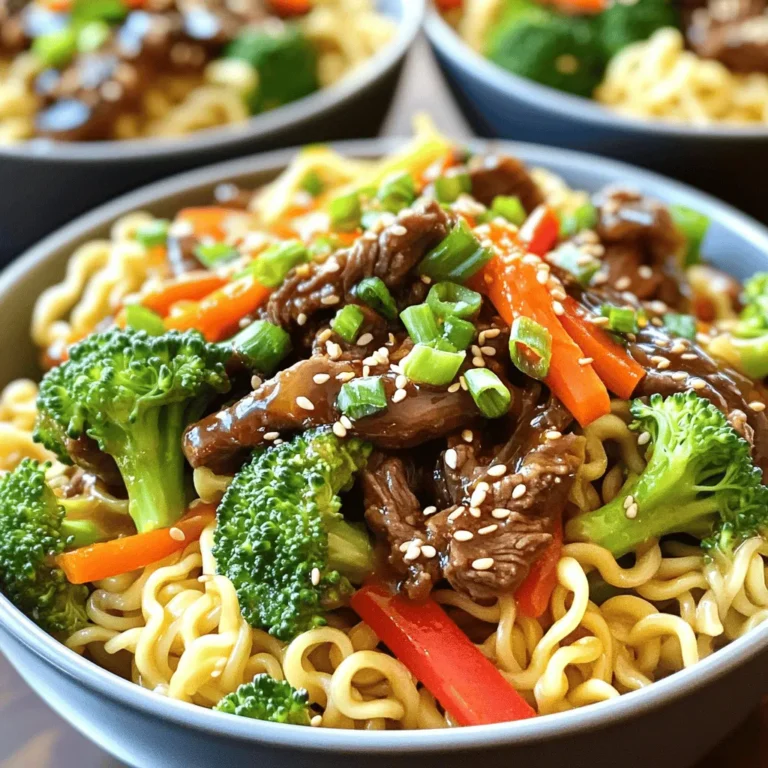 To make Mongolian Beef Noodles, you will need these simple ingredients: - 8 oz. egg noodles - 1 lb. beef flank steak, thinly sliced - 3 tablespoons low-sodium soy sauce - 1 tablespoon hoisin sauce - 2 tablespoons brown sugar - 1 tablespoon cornstarch - 2 tablespoons vegetable oil - 1 cup broccoli florets - 1 red bell pepper, sliced - 1 medium carrot, julienned - 3 green onions, chopped - 2 cloves garlic, minced - 1 teaspoon fresh ginger, grated - Sesame seeds for garnish (optional) These ingredients blend to create a dish full of flavor. The beef adds richness. The vegetables bring color and crunch. The sauces provide a sweet and salty balance. You can find most of these items in your local grocery store. If you want to add a bit of flair, try using fresh vegetables from a farmer's market. For the full recipe, follow the steps carefully to ensure a delicious meal. How to cook the noodles properly To cook the egg noodles, follow the package directions. Boil water, add noodles, and cook until tender. This usually takes about 5-7 minutes. Drain the noodles well, ensuring they do not stick together. Rinse them with cold water to stop the cooking process. Marinating the beef effectively For the beef, slice flank steak thinly against the grain. This makes it more tender. In a bowl, mix soy sauce, hoisin sauce, brown sugar, and cornstarch. Whisk until smooth. Add the beef slices and coat them well. Let the beef marinate for 15-20 minutes. This step enhances the flavor. Stir-fry techniques for perfect beef Heat vegetable oil in a large skillet over medium-high heat. Once the oil is hot, add the marinated beef. Discard any extra marinade. Stir-fry the beef for about 3-4 minutes. Cook until the beef is browned and cooked through. Remove the beef from the skillet and set it aside. Cooking vegetables without losing crunch In the same skillet, add broccoli, red bell pepper, carrot, garlic, and ginger. Stir-fry these vegetables for about 3-5 minutes. Make sure they stay tender yet crunchy. The quick cooking time helps keep their bright colors and nutrients. Combining ingredients for optimal flavor Return the cooked beef to the skillet with the vegetables. Add the cooked noodles and any remaining marinade. Toss everything together gently. Cook for an additional 2-3 minutes until everything is well mixed and heated through. Adding green onions for freshness Remove the skillet from the heat and stir in chopped green onions. They add a fresh burst of flavor. Plating and garnishing suggestions Serve the Mongolian Beef Noodles hot in deep bowls. For a nice touch, garnish with extra green onions and a sprinkle of sesame seeds. This makes your dish look appealing and inviting. For the full recipe, check the details above. For great taste, use high-quality soy sauce, like Kikkoman or Lee Kum Kee. Their rich flavor adds depth to your dish. Hoisin sauce is another key. I recommend Lee Kum Kee for its sweetness and savory notes. Tweak the amount of soy sauce and hoisin sauce to match your taste. If you want it sweeter, add more brown sugar. For a salty kick, increase the soy sauce. Stir-frying is an art that requires heat and speed. Use a large skillet or wok and heat it well before adding oil. This helps create a nice sear on the beef. Cut the beef against the grain. This makes it tender and easy to chew. Aim for thin slices, about a quarter-inch thick. This ensures quick cooking and keeps the meat juicy. For serving, opt for deep bowls. They add comfort and style to your dish. Add a few extra slices of green onion on top for color. A sprinkle of sesame seeds adds a nice touch too. Think about using chopsticks for serving. It can make the meal more fun and authentic. Enjoy showing off your beautiful Mongolian Beef Noodles! {{image_4}} You can change up the vegetables in this dish easily. Try adding snap peas, bok choy, or mushrooms. Each veggie brings its own flavor and texture. You can also swap the beef for chicken, shrimp, or tofu. Each protein will give your dish a new twist. Want more heat? Add red pepper flakes or sliced jalapeños. These spices will spice up your meal. You can also mix in oyster sauce or chili garlic sauce. These sauces deepen the flavor and add richness. For gluten-free options, use rice noodles instead of egg noodles. They work just as well and taste great. If you need low-sodium alternatives, look for low-sodium soy sauce. You can also use coconut aminos for a different flavor. Check the Full Recipe for more details! To keep your Mongolian Beef Noodles fresh, store them in the fridge. The ideal temperature is below 40°F (4°C). Use airtight containers to prevent moisture loss. Glass or plastic containers work well. Make sure to cool the noodles before sealing the container. This helps avoid soggy noodles. Reheat your noodles using a skillet. Heat over medium-low heat. Add a splash of water or broth to keep them moist. Stir the noodles gently as they heat. You can also use a microwave. Place the noodles in a bowl and cover with a damp paper towel. Heat for one to two minutes, checking often. This way, you keep the texture and flavor intact. If you want to freeze Mongolian Beef Noodles, pack them tightly in freezer-safe bags. Remove as much air as possible to avoid freezer burn. Label the bags with the date. They stay fresh for up to three months. To thaw, place them in the fridge overnight. Reheat as explained above. This keeps your dish tasty and enjoyable. For the full recipe, refer to the main article. The best cut is flank steak. It is tender and flavorful. You should slice it thinly against the grain. This cut cooks quickly and stays juicy. Other good options are sirloin or ribeye. They offer great taste too. Yes, you can make it ahead. Cook the noodles and beef, then cool them. Store in the fridge for up to two days. When ready, reheat in a skillet. Add a splash of water to keep it moist. Fresh veggies can be added just before serving. Mongolian Beef Noodles are not very spicy. The dish is more sweet and savory. You can adjust the spice level. Add chili flakes or sriracha for heat. This lets you customize it to your taste. Many Asian restaurants serve it. Look for places that offer Mongolian dishes. Noodles are often included on the menu. Check online reviews to find the best spots. You might also find it in fusion restaurants. Yes, chicken or tofu work well as substitutes. Use chicken breast for a lean option. Tofu is great for a vegetarian dish. If using tofu, press it to remove water first. This helps it absorb flavors better. You can serve it with steamed rice or fried rice. A side of stir-fried vegetables adds color and crunch. Spring rolls or dumplings are great appetizers too. For a refreshing touch, try a simple salad. You can also enjoy it with a hot soup. For the full recipe, check the section above. In this article, we explored how to make delicious Mongolian Beef Noodles. We discussed the key ingredients, proper cooking techniques, and helpful tips to enhance your dish. Remember, the right cut of beef and fresh veggies are vital for great flavor. You can also make substitutions or add spice to fit your taste. Keep these pointers in mind as you cook. Enjoy mastering this dish in your kitchen! Your meals can be exciting and satisfying with just a little effort.