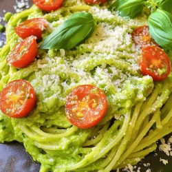 To make creamy avocado pasta, you need just a few basic items. Here’s what you will need: - 2 ripe avocados, pitted and peeled - 2 cloves garlic, finely minced - 2 tablespoons freshly squeezed lemon juice - 1/4 cup extra virgin olive oil - 1/2 cup fresh basil leaves, tightly packed - 1/4 teaspoon red pepper flakes (optional) - Sea salt and freshly cracked black pepper, to taste - 8 oz. spaghetti or your favorite pasta - Grated Parmesan cheese, for serving (optional) - Halved cherry tomatoes, for garnish (optional) These ingredients come together to create a smooth, rich sauce. The avocados provide a creamy base, while garlic and basil add depth. You can play with flavors by adding a few more ingredients. Here are some ideas: - A splash of vegetable broth for more depth - Fresh herbs like parsley or cilantro - Nuts like pine nuts or walnuts for texture - A squeeze of lime juice for a zesty kick These extras can enhance the flavor and make the dish even more exciting. Feel free to mix and match based on your taste. Don’t have all the ingredients? No worries! Here are some substitutions you can use: - Greek yogurt can replace avocados in a pinch for creaminess. - Use garlic powder if you don’t have fresh garlic. - Any pasta type works; try penne or gluten-free options. - Instead of olive oil, you can use avocado oil. These swaps keep the dish tasty and adaptable. Remember, cooking should be fun and flexible! For the complete cooking instructions, check out the Full Recipe. First, fill a large pot with water. Add a good pinch of salt to the water. Bring the water to a boil over high heat. Once boiling, add 8 ounces of spaghetti or your favorite pasta. Cook the pasta until it’s al dente, following the package instructions closely. This usually takes around 8 to 10 minutes. Remember to reserve 1/2 cup of the pasta water before draining the pasta. Drain the pasta and set it aside while you make the sauce. Now, let’s create the creamy avocado sauce. Take 2 ripe avocados, pit and peel them. Place them in a food processor. Add 2 minced garlic cloves, 2 tablespoons of freshly squeezed lemon juice, and 1/4 cup of extra virgin olive oil. Toss in 1/2 cup of fresh basil leaves and 1/4 teaspoon of red pepper flakes if you like some heat. Season with sea salt and freshly cracked black pepper. Blend all these ingredients until the mixture is smooth and creamy. You may need to scrape down the sides of the processor to blend it well. With the pasta cooked and the sauce ready, it’s time to combine them. Return the drained pasta to the pot over low heat. Pour the creamy avocado sauce over the pasta. Add a splash of the reserved pasta water to help the sauce mix in. Gently toss the pasta, ensuring every strand is coated in the creamy sauce. If the sauce seems thick, add more reserved pasta water, a little at a time, until it reaches your desired creaminess. Taste the pasta and adjust the seasoning if needed. Serve the creamy avocado pasta hot, topped with grated Parmesan cheese and halved cherry tomatoes if you like. Enjoy this healthy delight in minutes! For the Full Recipe, check the earlier sections. To find the best avocados, look for ones that feel slightly soft. Gently press the skin with your thumb. If it gives a little, it’s ripe. Check the color, too. Dark green or almost black skin often means ripeness. Avoid avocados with large dark spots. They may be bad inside. If your avocados are hard, let them sit on the counter for a few days. They will ripen nicely. To boost the taste of your creamy avocado pasta, add fresh herbs. Fresh basil is a must for this dish. You can also try parsley or cilantro for a twist. A sprinkle of lemon zest adds brightness. A dash of red pepper flakes gives heat. Adjust the spice to fit your taste. If you love cheese, a sprinkle of Parmesan elevates the dish. The key to a smooth sauce is the right blending. Use a food processor for the best results. Blend until the sauce is silky and creamy. If it’s too thick, add a bit of the reserved pasta water. This helps thin it out while keeping it rich. Adjust the creaminess to your liking. A perfect sauce clings to the pasta without being runny. {{image_4}} You can add protein to your creamy avocado pasta for a filling meal. Grilled chicken works great. Simply season the chicken with salt and pepper, then grill it until cooked. Slice it thin and mix it in. Shrimp is another tasty option. Just sauté shrimp in olive oil until they turn pink. Add them to your pasta right before serving. You can also use cooked bacon for a smoky flavor. This dish is easy to make vegetarian or vegan. For a vegetarian option, keep the Parmesan cheese on top. You can sprinkle it for extra flavor. To make it vegan, skip the cheese. Try nutritional yeast instead. It adds a cheesy taste without any dairy. You can also throw in some veggies like spinach or peas for more nutrients. Mix them in right before serving for a fresh touch. If you need gluten-free options, don’t worry! Lots of pasta brands offer gluten-free choices. You can use brown rice pasta or chickpea pasta. Both taste great and have a nice texture. Just follow the cooking instructions on the package. You can also use zucchini noodles for a lighter meal. Spiralize fresh zucchini to make noodles, then sauté them quickly. Serve the creamy avocado sauce on top for a fresh twist. For more delicious ideas, check the Full Recipe. To keep your creamy avocado pasta fresh, store it in an airtight container. Make sure to cover it tightly. This helps prevent air from making it brown. I recommend eating it within one to two days for the best taste. You can also add a little lemon juice on top to slow down browning. When you want to reheat your creamy avocado pasta, do it gently. Place it in a pan over low heat. Add a splash of water or olive oil to help it warm without drying out. Stir well until it’s heated through. You can also use a microwave, but cover it to keep moisture in. If you want to save the avocado sauce, you can freeze it. Pour the sauce into an ice cube tray. Once it’s frozen, pop out the cubes and place them in a freezer bag. This way, you can use it later in other dishes. Just remember to thaw it in the fridge overnight before using. Yes, you can use frozen avocados. They work well in this dish. Just thaw them before blending. Frozen avocados may not taste as fresh, but they still add creaminess. You can use any pasta type you like. Spaghetti is popular, but you can try penne, fettuccine, or even gluten-free pasta. The key is to choose a shape that holds onto the sauce well. To add spice, mix in more red pepper flakes. You can also add diced jalapeños or hot sauce. Start with a little, then taste and adjust. Spice makes this dish exciting and fun. You can find the Full Recipe in the section above. It details the ingredients and steps to make creamy avocado pasta. Enjoy making this quick and healthy meal! In this post, we explored how to make creamy avocado pasta. We covered the key ingredients, step-by-step cooking, and tips for selecting avocados. You learned about tasty variations and how to store leftovers effectively. This dish is versatile, allowing you to customize it to your taste. Enjoy making it your own, and don’t hesitate to experiment. I hope you find joy in each bite and create meals that you love.