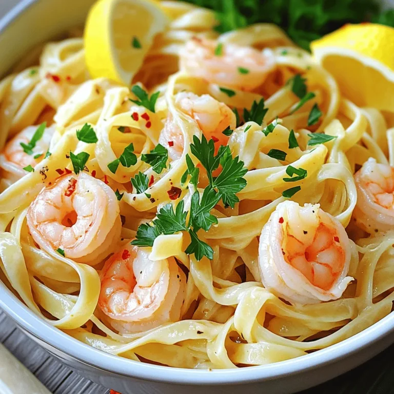 - 8 oz linguine or spaghetti - 1 lb large shrimp, peeled and deveined - 4 tablespoons unsalted butter - 4 cloves garlic, finely minced - 1 teaspoon red pepper flakes (adjust to taste) - Zest and juice of 1 fresh lemon - 1/4 cup chicken or vegetable broth - 1/4 cup freshly grated Parmesan cheese - 2 tablespoons fresh parsley, finely chopped - Salt and freshly cracked black pepper to taste For this Garlic Butter Shrimp Pasta, you need fresh, simple ingredients. Start with linguine or spaghetti. I love using these pastas because they hold the sauce well. Next, grab some large shrimp. Peel and devein them for the best texture. Unsalted butter is key for richness. Fresh garlic adds a wonderful aroma and taste. Red pepper flakes give it a nice kick, but adjust to your liking. For the seasonings, lemon zest and juice brighten the dish. You can use chicken or vegetable broth for added flavor. Parmesan cheese gives it a creamy finish. Fresh parsley adds color and freshness. Don't forget salt and black pepper to taste. These ingredients come together for a simple yet flavorful meal. You can find the full recipe in the article. Enjoy cooking! First, fill a large pot with water. Add a pinch of salt and bring it to a boil. Once the water is boiling, add 8 oz of linguine or spaghetti. Cook the pasta until it's al dente, which usually takes about 8-10 minutes. Before you drain the pasta, make sure to reserve about 1/2 cup of the pasta water. This water helps to adjust the sauce later. In a large skillet, melt 2 tablespoons of unsalted butter over medium heat. Add 1 pound of large shrimp that are peeled and deveined. Season the shrimp with salt and pepper. Cook the shrimp for about 2-3 minutes on each side. They should turn pink and opaque when done. Remove the shrimp from the pan and set them aside for later. In the same skillet, add the remaining 2 tablespoons of butter. Once melted, add 4 cloves of finely minced garlic and 1 teaspoon of red pepper flakes. Cook this mixture for about one minute. You want the garlic to be fragrant but not brown. Next, pour in 1/4 cup of chicken or vegetable broth, the zest of 1 lemon, and the juice of that lemon. Bring this mixture to a simmer. Now, add the cooked shrimp and pasta back into the skillet with the sauce. Toss everything together to coat the pasta and shrimp well. If the sauce looks too thick, add a little bit of the reserved pasta water to achieve your desired consistency. To finish, stir in 1/4 cup of freshly grated Parmesan cheese and 2 tablespoons of finely chopped parsley. Taste the dish and adjust the seasoning with extra salt, pepper, or red pepper flakes if needed. This adds a nice touch to your Garlic Butter Shrimp Pasta. For the complete recipe, check [Full Recipe]. To make your garlic butter shrimp pasta shine, you can adjust the spice levels. Adding red pepper flakes gives the dish a nice kick. Start with a teaspoon, then add more if you like it spicy. You can also enhance the flavor with more lemon juice or zest. A splash of lemon brightens the dish and balances the richness of the butter. Fresh herbs, like basil or cilantro, can also add a nice touch. Sautéing shrimp correctly makes all the difference. Use medium heat to cook them evenly. Avoid crowding the pan; this helps them cook quickly and keeps them juicy. For the pasta, cook it al dente. This means it should be firm to the bite. Be sure to reserve some pasta water. It helps to loosen the sauce later on. When serving garlic butter shrimp pasta, consider sides that complement it. A light salad with mixed greens works well. You can add a vinaigrette to keep it fresh and bright. For wine, a crisp white like Sauvignon Blanc pairs nicely. The acidity cuts through the butter and enhances the meal. Check out the Full Recipe for more details on creating this delightful dish! {{image_4}} You can easily swap shrimp for chicken or scallops in this dish. Chicken gives a hearty bite, while scallops add a sweet, tender flavor. If you prefer a vegetarian option, try using mushrooms or tofu. Both add texture and soak up the garlic butter sauce well. Substituting regular pasta with whole wheat or gluten-free pasta is a great choice. Whole wheat adds fiber, while gluten-free pasta caters to dietary needs. You can also experiment with different cheeses. For a sharper taste, try using Pecorino Romano instead of Parmesan. Herbs can change the flavor of your dish. Fresh basil, thyme, or oregano can add a lovely twist. You can also toss in vegetables like spinach or cherry tomatoes. They add color and nutrition, making your Garlic Butter Shrimp Pasta even better. For the full recipe, check out the detailed instructions! To keep your Garlic Butter Shrimp Pasta fresh, cool it down first. Place it in an airtight container. Glass or plastic containers work well. Be sure to seal it tightly. Store it in the fridge for up to three days. When reheating, add a splash of water or broth to keep it moist. You can freeze Garlic Butter Shrimp Pasta for later. First, let it cool completely. Then, pack it into freezer-safe bags or containers. Remove as much air as you can. This helps prevent freezer burn. You can freeze it for up to two months. To thaw, move it to the fridge overnight. Reheat in a pan over low heat. Add a little broth or water to help it warm evenly. Leftovers are safe to eat for about three days in the fridge. After that, they may spoil. Signs of spoilage include a sour smell or changes in color. If you see any mold, throw it away right away. Always check before eating. Your safety comes first! You can easily make your dish spicier. Add more red pepper flakes or fresh chilies. Start with a little and taste as you go. This way, you control the heat level. You can also mix in some hot sauce for extra kick. Yes, you can use frozen shrimp. Thaw them in the fridge overnight or under cold water. Make sure to pat them dry before cooking. This helps them sear better and not steam. Cooking shrimp from frozen can lead to uneven cooking. Linguine and spaghetti work great for this recipe. Both have a nice texture that holds sauce well. You can also try fettuccine or even penne. Each type offers a different bite. Choose what you enjoy most! Yes, there are easy low-carb options. Use zucchini noodles or spaghetti squash instead of regular pasta. Cauliflower rice can also work for a different twist. These alternatives keep the dish light but still delicious. In this blog post, we explored how to make Garlic Butter Shrimp Pasta. We covered the key ingredients, step-by-step cooking instructions, and helpful tips to boost the dish's flavor. You learned about variations and how to store leftovers. Remember, cooking is about creativity. Feel free to adjust spice levels, try new proteins, or swap out pasta types. Enjoy the process, share your meals, and savor every bite of your tasty creation!