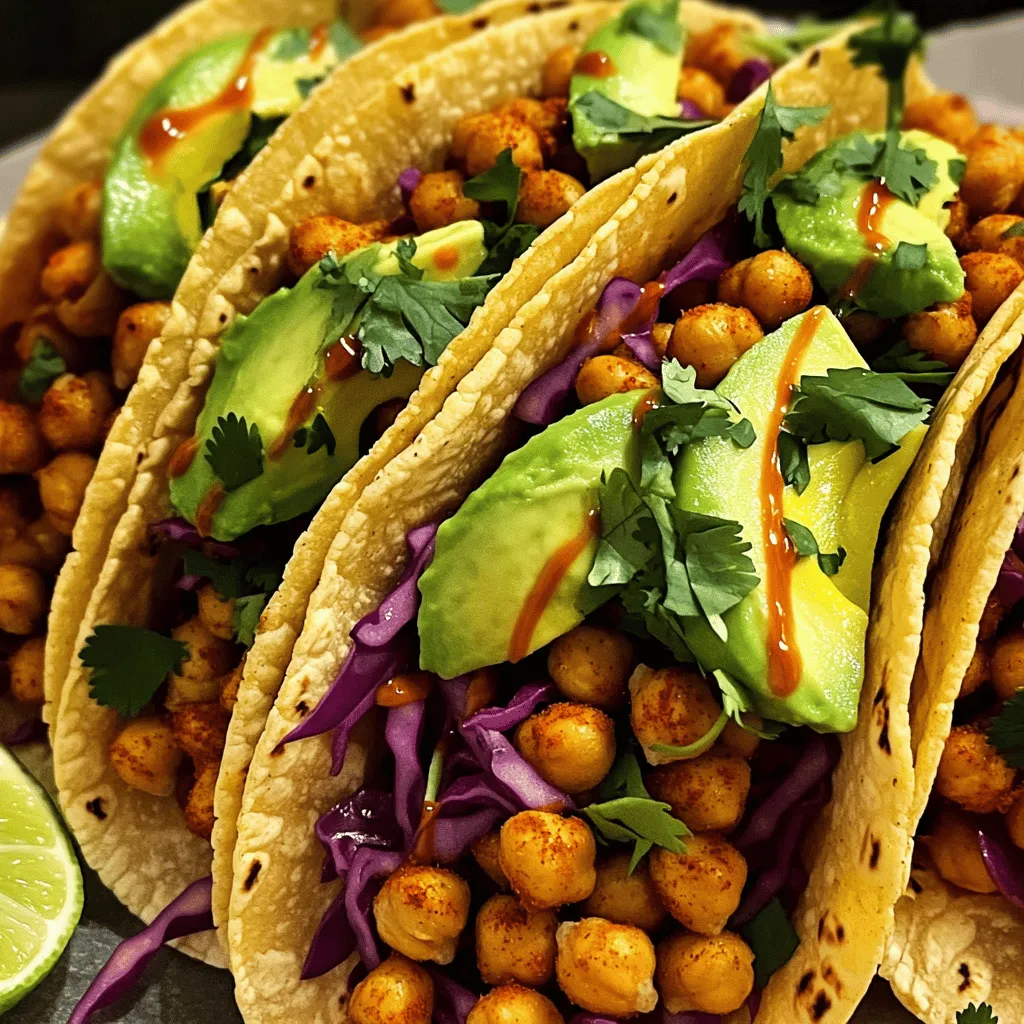 - 1 can (15 oz) chickpeas, thoroughly drained and rinsed - 1 tablespoon olive oil - 1 teaspoon smoked paprika - 1 teaspoon ground cumin - 1/2 teaspoon cayenne pepper - 1/2 teaspoon garlic powder - 1/2 teaspoon salt - 1/4 teaspoon freshly cracked black pepper - 8 small corn or flour tortillas - 1 ripe avocado, sliced - 1 cup finely shredded red cabbage - 1/2 cup fresh cilantro, chopped - 1 lime, cut into wedges - Hot sauce for extra spice These core ingredients create a tasty base for your tacos. The chickpeas pack a protein punch. The spices add warmth and flavor. You can always adjust the cayenne to fit your heat preference. If you want extra zing, a dash of hot sauce will do the trick. Serve your spicy chickpea tacos with lime wedges on the side. The lime juice adds a fresh twist. Arrange the tacos on a colorful platter. Garnish with cilantro sprigs and lime wedges. This makes your dish look appealing and fun. You can also serve them with a side of rice or a fresh salad to round out the meal. For a simple dessert, try fresh fruit to keep things light and refreshing. This recipe is quick and easy, so you can whip it up in no time. For the full recipe, check out the detailed instructions that follow. Enjoy your cooking! To start, I heat olive oil in a large skillet. I use medium heat until the oil shines. Next, I add the drained and rinsed chickpeas. This lets them sizzle and get warm. I then sprinkle smoked paprika, cumin, cayenne pepper, garlic powder, salt, and black pepper over the chickpeas. Stir the chickpeas well so they soak in the spices. I cook them for about 5-7 minutes, stirring often. This gives them a warm, crispy texture. While the chickpeas cook, I warm the tortillas. I either use a separate skillet or a microwave. I want them soft and easy to fold. This step is key for tasty tacos. When the chickpeas are ready, they should smell amazing and be slightly crispy. I check the seasoning and adjust if needed. Now it’s time to build the tacos! I take each tortilla and place a spoonful of the spicy chickpea mix in the center. Next, I add sliced avocado for creaminess. Then, I layer on shredded red cabbage for a nice crunch. Finally, I sprinkle fresh cilantro on top for brightness. I serve lime wedges on the side. A squeeze of lime adds a zesty finish. If you like heat, offer hot sauce for an extra kick. For the full recipe, check out the Zesty Spicy Chickpea Tacos section. To save time, use canned chickpeas. Rinse them well to remove the canning liquid. This step helps reduce sodium and enhances flavor. If you prefer dried chickpeas, soak them overnight. Cook them until tender, which takes about one hour. Soaking and cooking dried chickpeas takes longer but adds a nice touch. Warm your tortillas before using them. You can do this in a skillet or microwave. Heat them for about 20 seconds on each side in the skillet. This makes them soft and easy to fold. If you’re using corn tortillas, consider warming them until slightly charred for extra flavor. Add more spices to give your tacos a unique twist. Try chili powder or coriander for warmth. Fresh herbs like mint or parsley can add a refreshing note. You can also mix in some sautéed onions or bell peppers for more texture. Don’t forget, a squeeze of lime brightens everything up! For the complete process, check the Full Recipe. {{image_4}} If you want a different base, try black beans or lentils. Both are great sources of protein. They soak up flavors well and add a nice twist. You can add them in the same way as chickpeas. Just cook them until warm and mix in your spices. Taco toppings can change the whole dish. Try adding fresh tomatoes for sweetness or jalapeños for extra heat. You can use shredded carrots for crunch or corn for sweetness. Adding cheese or a dollop of sour cream can also make it richer. Each topping adds a new layer of flavor and texture. Adjusting the spice level is easy. If you like it mild, cut back on the cayenne pepper. You can also try using sweet paprika instead of smoked. For a spicy kick, add more cayenne or even some diced fresh chilies. Taste as you go to find your perfect heat level. For the full recipe and details, check out the [Full Recipe]. To keep your tacos fresh, store them in an airtight container. Place the chickpea mix and toppings separate from the tortillas. This way, the tortillas stay soft and do not get soggy. You can store them in the fridge for up to three days. When you want to enjoy the leftovers, reheat the chickpea mixture in a skillet over medium heat. Stir it for about five minutes until it's hot. Warm the tortillas quickly in the microwave for about 30 seconds. This keeps them soft and easy to fold. If you want to save the chickpea mix for later, freezing is a great option. Let the mixture cool down first. Then, place it in a freezer-safe bag or container. It will keep well for up to three months. When you’re ready to eat, thaw it in the fridge overnight and reheat as mentioned earlier. For the full recipe, check the details above. Yes, you can use dried chickpeas. Start by soaking them overnight. Rinse and cook them until they are soft. This process takes longer but adds a fresh taste. Canned chickpeas are quicker but less fresh. Both options work well in spicy chickpea tacos. You can serve many sides with spicy chickpea tacos. Here are some great ideas: - Mexican rice for a filling side. - Black beans for extra protein. - A fresh salad with lime dressing. - Grilled corn on the cob for a sweet touch. - Guacamole for creamy goodness. These sides add variety and flavor to your meal. To make these tacos gluten-free, use corn tortillas. They provide a nice texture and flavor. Always check the label to ensure they are gluten-free. You can also add gluten-free toppings like fresh veggies or avocado. Enjoy your tacos without worry! For the full recipe, check out the Zesty Spicy Chickpea Tacos. Spicy chickpea tacos are fun and tasty. This guide covered ingredients, preparation, tips, and variations. You can customize flavors and adjust spice levels. You learned how to store leftovers and make these tacos gluten-free. I hope you feel ready to make your own spicy chickpea tacos at home. Enjoy the cooking process and the delicious outcome!