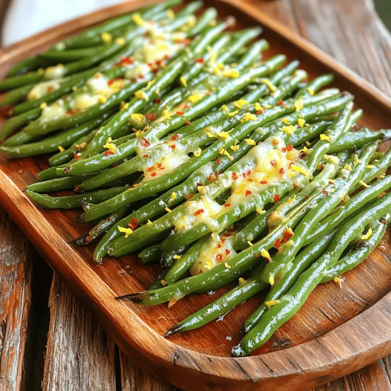 To make roasted Parmesan green beans, gather these simple ingredients: - 1 pound fresh green beans, trimmed - 2 tablespoons olive oil - ½ cup freshly grated Parmesan cheese - 2 cloves garlic, minced - 1 teaspoon lemon zest - 1 teaspoon garlic powder - ½ teaspoon crushed red pepper flakes (optional) - Salt and freshly ground black pepper, to taste - Juice of ½ lemon These ingredients work together to give the green beans a rich flavor. Fresh green beans are crisp and tasty. The olive oil helps them roast nicely. Parmesan cheese adds a savory touch. Garlic and lemon zest brighten the dish. If you like heat, add crushed red pepper flakes. This recipe makes a great side dish for any meal. Check the Full Recipe for more details on how to prepare this dish. First, set your oven to 425°F (220°C). This temperature helps the beans get crispy. While the oven heats, get a large baking sheet and line it with parchment paper. This makes cleanup a breeze. Grab 1 pound of fresh green beans and trim the ends. Place them in a big bowl. Add 2 tablespoons of olive oil, 2 cloves of minced garlic, and 1 teaspoon of lemon zest. For extra flavor, stir in 1 teaspoon of garlic powder and ½ teaspoon of crushed red pepper flakes if you want some heat. Season with salt and pepper. Toss everything well, so each bean gets coated. - First Roast: Spread the green beans on the lined baking sheet. Make sure they are in a single layer. Roast them for 15 minutes. This makes them tender and a bit caramelized. - Add the Cheese: After 15 minutes, take the sheet out of the oven. Sprinkle ½ cup of freshly grated Parmesan cheese over the beans. Make sure every bean gets cheese. - Final Roast: Put the baking sheet back in the oven. Roast for another 5 to 7 minutes. You want the cheese to melt and turn light golden brown. - Finishing Touch: Once done, take the green beans out. Drizzle juice from ½ lemon over them. This brightens the taste and adds zest. For the full recipe, check the ingredients and steps above! To get perfect roasted green beans, spread them out in a single layer. Overcrowding the pan leads to soggy beans. Make sure each bean touches the hot surface. This way, they crisp up nicely. You can also toss them halfway through cooking for even browning. For the best cheese melt, use fresh Parmesan cheese. Grate it yourself for more flavor. Add the cheese after the first roast. This timing ensures the cheese melts without burning. If you want a crispier top, broil them for a minute or two after the final roast. - Suggested spices or herbs: Add a pinch of onion powder for depth. Try fresh thyme or rosemary for a fragrant touch. Toss in some lemon pepper for a fresh zing. - Serving suggestions: Pair these green beans with grilled chicken or fish. They also work well as a side for pasta dishes. For a fun twist, serve them with a dip like ranch or garlic aioli. This recipe is a great way to enjoy green beans in a tasty and healthy way. For the full recipe, check out the details provided. {{image_4}} You can switch up the cheese in this dish. Try using Pecorino Romano for a sharper taste. For a creamier texture, use mozzarella. If you want something tangy, feta adds a nice touch. Each cheese gives a new flavor twist to the roasted green beans. Roasted Parmesan green beans pair well with other veggies. Adding diced bell peppers brings sweetness and color. You can also mix in cherry tomatoes for a juicy burst. Carrots add a nice crunch, while zucchini gives a mild flavor. Just make sure to adjust the roasting time for any added vegetables. If you like heat, try boosting the spice level. Increasing red pepper flakes makes a big difference. Just add more to your mix before roasting. You can also add chili powder or sriracha for an extra kick. Both options bring warmth without overpowering the green beans. Adjust the amount based on your spice preference. After enjoying your roasted Parmesan green beans, store any leftovers in an airtight container. Make sure they cool down before sealing. Keep them in the fridge for up to three days. If you want to keep them longer, freezing is a great option. To reheat, I suggest using an oven or toaster oven. Preheat it to 350°F (175°C). Spread the green beans on a baking sheet. Heat them for about 10 minutes until warm. This method keeps them crispy and tasty. You can also use a microwave, but they might lose some crunch. If you plan to freeze your roasted green beans, follow these best practices: - Let them cool completely before freezing. - Spread them out in a single layer on a baking sheet. - Freeze them for about an hour until firm. - Transfer to a freezer bag, remove air, and seal tightly. Label the bag with the date. They can last up to three months in the freezer. When ready to enjoy, thaw them in the fridge overnight before reheating. Roast green beans for 15 minutes first. After that, add cheese and roast for 5 to 7 more minutes. The beans should be tender and slightly caramelized. Keep an eye on the cheese to avoid burning. Yes, you can use other vegetables. Try broccoli, asparagus, or Brussels sprouts. Adjust the roasting time as needed. Each vegetable has its own cooking time. Just make sure they are cut to similar sizes for even cooking. Absolutely, this recipe is great for meal prep. You can store the roasted green beans in an airtight container. They will stay fresh in the fridge for up to 4 days. Reheat them in the oven for the best taste. These green beans pair well with many dishes. Serve them with grilled chicken, steak, or fish. They also go great with pasta and rice dishes. Their flavor complements many main courses. To make this dish vegan, skip the Parmesan cheese. You can use nutritional yeast for a cheesy flavor. It adds a nice taste without dairy. You can also try vegan cheese if you prefer a similar texture. Roasting green beans with Parmesan is simple and fun. We covered fresh ingredients, step-by-step baking, and helpful tips. You can switch flavors, cheese, or spices to fit your taste. Store leftovers well for later enjoyment. Roasted green beans make a great side for many meals. I hope you enjoy making this tasty dish. Remember, cooking is all about experimenting and having fun!