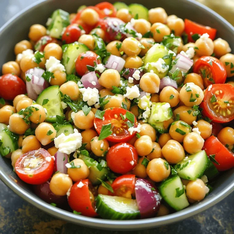 - 1 can (15 oz) chickpeas, rinsed and drained - 1 cup cherry tomatoes, halved - 1 medium cucumber, diced - 1 red bell pepper, diced - 1/4 red onion, finely chopped - 1/2 cup Kalamata olives, pitted and sliced - 1/4 cup feta cheese, crumbled (optional but recommended) - 3 tablespoons extra virgin olive oil - 2 tablespoons fresh lemon juice - 1 teaspoon dried oregano - Sea salt and freshly ground black pepper to taste - Fresh parsley, chopped (for garnish) When you make this Mediterranean chickpea salad, you want to select fresh ingredients. Fresh vegetables make a big difference in taste. The chickpeas are the star, but each ingredient adds to the flavor. Chickpeas are high in protein and fiber. They help you feel full and satisfied. Cherry tomatoes bring sweetness and color. They also add vitamins A and C. Cucumbers give a nice crunch and hydration. Red bell peppers add a sweet, juicy bite. They are also rich in antioxidants. Red onion offers a mild sharpness. Kalamata olives provide a briny flavor that enhances the dish. Feta cheese adds creaminess, but you can skip it for a vegan option. Olive oil and lemon juice create a tasty dressing. They bring all the flavors together. Dried oregano adds a classic Mediterranean touch. Finally, salt and pepper enhance everything. You can adjust these to your taste. You can find the full recipe linked above. It will guide you through making this salad step by step, ensuring a fresh and flavorful dish every time. 1. Combine chickpeas and vegetables in a bowl. Start with a large mixing bowl. Add 1 can of rinsed chickpeas, 1 cup of halved cherry tomatoes, 1 diced cucumber, 1 diced red bell pepper, 1/4 finely chopped red onion, and 1/2 cup of sliced Kalamata olives. Toss these together gently. 2. Prepare and whisk the dressing ingredients together. In a small bowl, mix 3 tablespoons of extra virgin olive oil, 2 tablespoons of fresh lemon juice, 1 teaspoon of dried oregano, and a pinch of sea salt with black pepper. Whisk until well combined. 3. Drizzle and toss dressing with the salad base. Pour the dressing over the salad mixture. Use a large spoon to toss everything gently until all ingredients are coated. 1. Optional addition of feta cheese. If you like, sprinkle 1/4 cup of crumbled feta cheese on top. Toss lightly just enough to mix without breaking the cheese. 2. Adjusting seasoning to taste. Taste the salad and decide if you need more salt, pepper, or lemon juice. Adjust to your liking. 3. Resting time to enhance flavors. Let the salad sit for about 10 minutes. This helps the flavors blend well. Just before serving, add some chopped parsley for extra color and flavor. Feel free to check out the Full Recipe for a complete guide to making this delightful Mediterranean Chickpea Salad! - How to rinse chickpeas effectively for optimal flavor: Start by draining the can of chickpeas. Then, place them in a fine mesh strainer. Rinse them under cold water for about 30 seconds. This removes excess salt and helps improve their taste. - Tips for selecting the freshest vegetables: Choose bright-colored vegetables. They should feel firm and have no soft spots. Look for tomatoes that are plump and smell sweet. For cucumbers, pick ones that are dark green and smooth. - Recommended serving temperature: Serve your Mediterranean chickpea salad chilled or at room temperature. Letting it sit for 10 minutes after mixing allows flavors to blend nicely. - Ideas for elegant serving options: Use a large, shallow bowl for a family-style dish. You can also serve it in individual bowls for a more personal touch. - Garnishing suggestions for color and taste: Add extra Kalamata olives on top for a pop of color. A sprinkle of fresh parsley adds a nice green touch and enhances flavor. - Pairing suggestions with other dishes: This salad pairs well with grilled meats or fish. It also complements pita bread or a light soup, making it a versatile dish. For the full recipe, check out the Mediterranean Chickpea Salad Delight. {{image_4}} You can change the chickpeas for other beans. Black beans or cannellini beans work well. They add a new taste and texture. For dressings, try tahini dressing instead of the standard olive oil. It gives a creamy and nutty flavor. You can also mix lemon juice with yogurt for a tangy twist. Seasonal vegetables can make your salad even better. Add bell peppers in summer or roasted squash in fall. Each choice adds freshness and color. To make this salad vegan, just skip the feta cheese. The salad still tastes great without it. You can also add nutritional yeast for a cheesy flavor. If you need a low-sodium option, rinse your chickpeas well. Use fresh herbs for flavor instead of salt. This keeps your dish tasty and healthy. For gluten-free eaters, this salad is naturally gluten-free. Just ensure that any dressing you use is also gluten-free. This way, everyone can enjoy it. To keep your Mediterranean chickpea salad fresh, place it in an airtight container. This helps prevent air from making the salad soggy. Store it in the fridge right after serving. It will stay fresh for about three days. After that, the veggies may lose their crunch. If you notice any off smells or colors, it’s best to toss it. Can you freeze the salad? I wouldn’t recommend it. Freezing can make the vegetables mushy when thawed. Instead, if you want to save some for later, try freezing the chickpeas and dressing separately. This way, you can mix them fresh later. Just remember to thaw them in the fridge overnight before using. This keeps the salad tasty and fresh. How to make Mediterranean chickpea salad vegan? To make this salad vegan, simply leave out the feta cheese. The chickpeas and veggies provide enough flavor. You can also add a bit more lemon juice for extra zest. Can I prepare this salad in advance? Yes, you can make this salad ahead of time. Just keep it in the fridge. It tastes even better after resting. What's the best way to serve Mediterranean chickpea salad? Serve this salad chilled or at room temperature. It looks great in a large bowl or on individual plates. Add extra olives and parsley on top for a nice touch. How to prevent vegetables from getting soggy? To keep the veggies crisp, wait to add the dressing until just before serving. This keeps them fresh and crunchy. Can I use dried chickpeas instead of canned? Yes, you can use dried chickpeas. Just soak and cook them first. This gives a great texture and taste. How to adjust the flavor profile for personal preferences? You can change the flavor by adding your favorite herbs or spices. Try basil, mint, or even a pinch of cumin for a twist. You now have a complete guide to making a delicious Mediterranean chickpea salad. We covered the key ingredients, their health benefits, and easy steps to prepare the dish. You learned tips for choosing fresh veggies and storing leftovers. Try different variations to suit your taste. Enjoy this salad as a healthy meal or side. With its vibrant flavors and textures, it’s sure to please everyone. Remember, this salad is not only tasty but also packed with nutrients! Happy cooking!