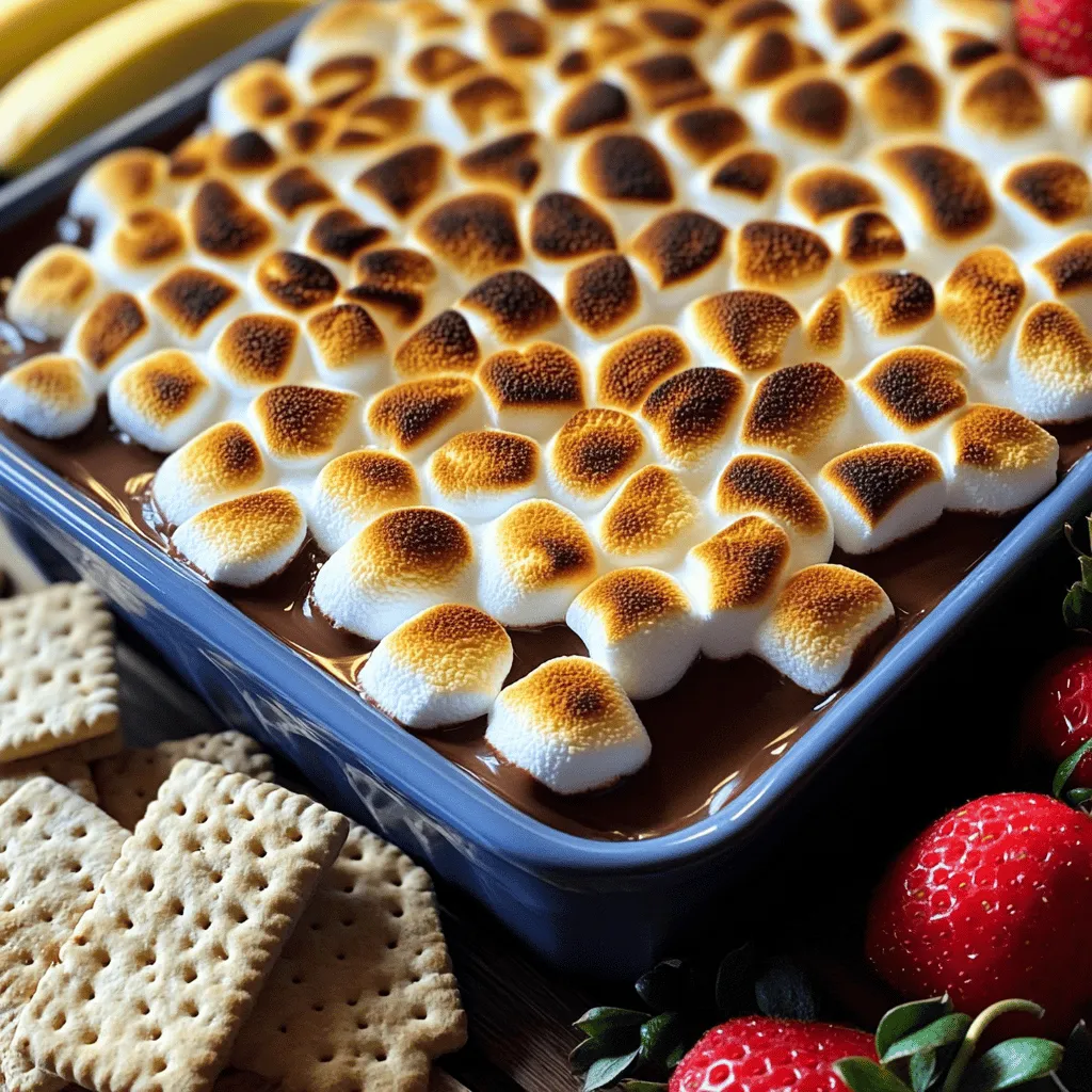 To make a delightful S'mores Dip, you need a few simple ingredients. They come together to create a sweet, gooey treat that everyone loves. Here is what you'll need: - 1 cup semi-sweet chocolate chips - 1 cup mini marshmallows - 1 tablespoon unsalted butter - 1 teaspoon pure vanilla extract - 1/2 teaspoon flaky sea salt - Graham crackers for dipping - Optional: Fresh strawberries or banana slices These ingredients are easy to find. The semi-sweet chocolate chips give the dip a rich flavor. Mini marshmallows add the perfect gooey texture. Butter makes everything smooth and creamy, while vanilla and sea salt enhance the taste. Graham crackers are the classic choice for dipping. They balance the sweetness of the dip. You can also use fresh strawberries or banana slices if you want to mix it up. These add a fruity twist that complements the chocolate well. With these ingredients, you are on your way to making a delicious S'mores Dip. For the full recipe, check the instructions and get ready to enjoy this sweet treat! Preheat your oven to 450°F (232°C). Take an 8-inch baking dish and grease it lightly with butter. This step helps the dip not stick when it bakes. In a medium saucepan, melt 1 tablespoon of unsalted butter over low heat. Stir it gently as it melts. Next, add 1 cup of semi-sweet chocolate chips to the pan. Keep stirring until the chocolate is fully melted and smooth. This process should take just a few minutes. Once your chocolate is melted, take the pan off the heat. Mix in 1 teaspoon of pure vanilla extract and 1/2 teaspoon of flaky sea salt. This will make the chocolate taste even better. Carefully pour the chocolate mixture into your greased baking dish. Use a spatula to spread it evenly across the bottom. Now, sprinkle 1 cup of mini marshmallows on top of the chocolate. Make sure to cover all the chocolate so every bite has gooey marshmallow. Put the baking dish in the preheated oven. Bake for 5-7 minutes until the marshmallows are golden brown and lightly toasted. Watch it closely to avoid burning. Once it's done, take it out and let it cool for one minute. Serve it warm with graham crackers for dipping. Enjoy the deliciousness! For more detailed steps, you can refer to the Full Recipe. To get the best marshmallow toastiness, bake the dip at 450°F. Watch closely as it bakes. The mini marshmallows should turn golden brown. This will give you a great flavor and texture. If you want an extra crispy top, you can briefly broil it after baking. Just keep an eye on it so it doesn't burn. Graham crackers are the classic dipper, but you can get creative! Fresh strawberries and banana slices add a fun twist. The fruit's sweetness pairs well with the rich chocolate. You could even try pretzels for a salty crunch. Mix and match to find your favorite combinations. Make your dip look as good as it tastes! Use a large platter to serve the dip. Place it in the center and arrange the graham crackers around it like rays from the sun. Add a few fresh fruit slices for color. This not only looks appealing but invites your guests to dig in. Remember, we eat with our eyes first! You can find the full recipe in the earlier sections. Enjoy your S'mores Dip! {{image_4}} You can mix it up with many flavors! Try using white chocolate chips for a sweet twist. Peanut butter chips add a nutty taste that many love. For a fruity kick, toss in some fresh raspberries or crushed peppermint. Each of these options makes the dip even more fun. If you need a gluten-free option, use gluten-free graham crackers. For a dairy-free version, swap the chocolate chips with dairy-free chocolate. Almond milk or coconut cream can replace the butter for a dairy-free dip. These changes keep the flavors while fitting different diets. Get creative with unique ingredients! Add crushed Oreos for a cookies and cream vibe. For a fall theme, mix in pumpkin spice. You can even make a breakfast version with cinnamon and apples. The sky's the limit! Each twist brings something new to this classic treat. To keep your S'mores dip fresh, follow these steps: - Allow the dip to cool completely. - Transfer it to an airtight container. - Store in the fridge for up to three days. This way, the flavors stay intact, and the dip remains tasty. Reheating is simple. Here’s how: - Preheat your oven to 350°F (177°C). - Place the dip in an oven-safe dish. - Heat for about 10-15 minutes until warm. You can also use the microwave. Warm it in 30-second bursts, stirring in between. This keeps the dip gooey and delicious. The S'mores dip lasts well when stored properly. You can enjoy it for about three days in the fridge. If you freeze it, it can last up to two months. Just remember to thaw it in the fridge before reheating. Enjoy your dessert time! Yes, you can use other chocolates! Dark chocolate gives a rich taste. Milk chocolate makes it sweeter. You can even try white chocolate for a creamy twist. Each type adds its own flavor, so choose what you like best. Mixing chocolates can also be fun. Just remember to keep the same amount for best results. Absolutely! S'mores Dip is perfect for kids. The ingredients are simple and safe. It’s a fun way to let kids join in the kitchen. Just watch for hot items when baking. Older kids can help with mixing and pouring. Little ones may need help with dipping. Always supervise when they use sharp utensils or hot dishes. You can prepare S'mores Dip ahead! Mix the chocolate and butter, then pour it into a dish. Cover it and store in the fridge for up to two days. When you’re ready, just bake it as normal. This saves time and makes serving easy. You can also keep graham crackers and fruit ready for dipping. For the best taste, bake it fresh before serving. Check out the Full Recipe for more details! This blog post covers a fun and easy s'mores dip recipe. You’ve learned about the ingredients, preparation steps, and creative ways to serve it. Remember to personalize your dip with your favorite flavors and toppings. Store leftovers correctly to enjoy later. This tasty treat is perfect for gatherings and will delight both kids and adults. Experiment with variations and make it your own. Enjoy every bite and have fun with this sweet dish. Happy dipping!