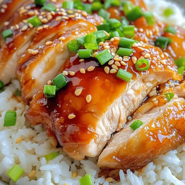 When making mouthwatering teriyaki chicken, you need a few key ingredients: - 4 boneless, skinless chicken thighs - 1/4 cup low-sodium soy sauce - 2 tablespoons honey - 2 tablespoons rice vinegar - 1 tablespoon sesame oil - 2 cloves garlic, minced - 1 teaspoon fresh ginger, grated - 1 tablespoon cornstarch (optional, for thickening) - 1 tablespoon water (if using cornstarch) - 2 green onions, chopped (for garnish) - Toasted sesame seeds (for garnish) - Steamed rice (for serving) For the best flavor, I recommend using specific brands: - Soy Sauce: Kikkoman or San-J for low-sodium options. - Honey: Local raw honey adds a nice touch. - Sesame Oil: Kadoya or Spectrum for a rich flavor. - Rice Vinegar: Marukan is a trusted choice. These brands ensure quality and flavor in your dish. If you have allergies, here are some easy swaps: - Soy Sauce: Use tamari for gluten-free needs. - Honey: Maple syrup works well for a vegan option. - Sesame Oil: Try olive oil if you're allergic to sesame. - Cornstarch: Arrowroot powder can be a suitable thickener. These substitutions keep the dish tasty while catering to dietary needs. To start, gather your ingredients. You will need low-sodium soy sauce, honey, rice vinegar, sesame oil, minced garlic, and grated ginger. In a medium bowl, mix these ingredients well. Use a whisk to combine them until smooth. This marinade will bring rich flavors to your chicken. Next, take your chicken thighs. Place them in a resealable plastic bag or a shallow dish. Pour the marinade over the chicken, making sure each piece is well coated. Seal the bag tightly or cover the dish with plastic wrap. Refrigerate for at least 30 minutes. For the best flavor, let it marinate for up to 2 hours. This time allows the chicken to soak up all the tasty goodness. Now, it’s time to cook. Preheat your grill or skillet to medium-high heat. If using a skillet, add a little oil to prevent sticking. Remove the chicken from the marinade and set the marinade aside for later. Cook the chicken thighs for about 6-7 minutes on each side. You want the internal temperature to reach 165°F (75°C). The chicken should turn a nice golden brown. After cooking, make the sauce. Bring the reserved marinade to a gentle boil in a small saucepan. If you want a thicker sauce, mix cornstarch with water and stir it into the boiling marinade. Cook for another 2-3 minutes until thick. Once done, brush the chicken with this sauce for extra flavor. Let the chicken rest for about 5 minutes before you slice it. This helps keep all the juices inside. Serve the chicken on rice, drizzle more sauce, and add green onions and sesame seeds to make it look great. This is how you create mouthwatering teriyaki chicken. Check the [Full Recipe] for more details. To cook chicken perfectly, always check the internal temperature. Use a meat thermometer. The chicken should reach 165°F (75°C). This ensures it is safe to eat. Cooking time may vary based on thickness. Thin chicken cooks faster than thick pieces. If you cook too long, the chicken can become dry. A great marinade makes teriyaki chicken full of flavor. Combine soy sauce, honey, and rice vinegar. These ingredients create a wonderful balance of sweet and salty. Minced garlic and grated ginger add depth. Allow the chicken to marinate for at least 30 minutes. For richer flavor, marinate for up to 2 hours. This soaking time helps the chicken absorb all the flavors. Avoid some common mistakes when making teriyaki chicken. First, don’t skip the marinating step. It is key to flavor. Second, don’t use high heat when cooking. Medium-high heat works best for even cooking. Lastly, always reserve some marinade to make sauce. This adds extra flavor when you glaze the chicken. Following these tips will help you create mouthwatering teriyaki chicken every time. For the full recipe, check the details provided. {{image_4}} You can switch chicken for tofu or pork. Tofu absorbs flavors well. Use firm tofu for a nice texture. Just marinate and cook the same way. Pork, like tenderloin, also works great. It has a natural sweetness. Cook it until it reaches 145°F (63°C) for safe eating. For a meat-free dish, use plant-based proteins. Tempeh or seitan can replace chicken. Both offer great texture. Marinate them just like chicken. You can even use veggies like bell peppers or mushrooms. Grill or stir-fry them until tender. Serve over rice or noodles for a filling meal. Teriyaki chicken is versatile. Try it in wraps for a fun twist. Use lettuce leaves or tortillas. Add fresh veggies for crunch. You can also create rice bowls. Layer rice, chicken, and steamed veggies. Drizzle with extra teriyaki sauce for flavor. These options make meals quick and fun! For the full recipe, check out the complete cooking guide. To keep your teriyaki chicken fresh, store it in the fridge. Use an airtight container. It stays good for about 3 to 4 days. Make sure the chicken cools down before sealing. This helps keep it juicy and tasty. If you have leftover teriyaki chicken, freezing is a great option. Place it in a freezer-safe bag or container. Remove as much air as you can. The chicken can last for up to 3 months in the freezer. When you’re ready to eat it, thaw it overnight in the fridge for best results. To reheat teriyaki chicken, you have a few options. The microwave is quick; just cover it and heat in short bursts. If you want a crisp texture, use a skillet over medium heat. Add a splash of water to avoid drying out. Heat until the chicken is warm throughout. Enjoy your flavorful dish again! For the full recipe, refer to the detailed steps above. To make teriyaki chicken less salty, use low-sodium soy sauce. You can also add more honey or vinegar to balance the saltiness. Another option is to dilute the sauce with water before using it on your chicken. This helps keep the flavors while reducing salt. Yes, you can use chicken breast instead of thighs. Chicken breast will be leaner, so adjust the cooking time. Cook them until they reach 165°F (75°C). Thighs are juicier, while breasts might dry out if overcooked. Keep an eye on them for best results. For the best flavor, marinate the chicken for at least 30 minutes. If you have more time, marinate up to 2 hours. This allows the chicken to soak in the delicious flavors of the marinade. Don’t marinate too long, or the texture may change. You can serve teriyaki chicken with steamed rice, vegetables, or salads. It also pairs well with stir-fried veggies or noodles. For a fun twist, try it in wraps or rice bowls. Each option enhances the meal and complements the chicken. Yes, you can make the teriyaki sauce ahead of time. Store it in an airtight container in the fridge for up to a week. When ready to use, simply reheat it on the stove. This saves time on busy days and lets you enjoy your tasty teriyaki chicken. For the full recipe, check out the detailed instructions above. In this article, we covered the key ingredients for teriyaki chicken, plus brands and substitutes. We shared easy steps for preparing and cooking, with tips for perfect chicken. Variations for proteins and storage tips make your meal flexible. Teriyaki chicken can fit any taste. You can enjoy it your way! Happy cooking!