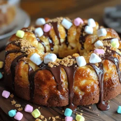 - 3 cans refrigerated biscuit dough (16.3 oz each) - 1 cup mini marshmallows - 1 cup semi-sweet chocolate chips - 1 cup graham cracker crumbs - ¾ cup unsalted butter, melted - ¾ cup packed brown sugar - 1 teaspoon vanilla extract - ½ teaspoon ground cinnamon - Pinch of fine salt To make S'mores Monkey Bread, gather these tasty ingredients. The biscuit dough is the base. It gives the bread its fun pull-apart texture. Mini marshmallows add that gooey sweetness. Semi-sweet chocolate chips are a must for rich flavor. Graham cracker crumbs bring the classic s'mores taste. Melted butter helps bind the mix together. Brown sugar adds deep sweetness and caramel notes. Vanilla extract enhances the flavor. Ground cinnamon adds warmth, and a pinch of salt balances the sweetness. With these ingredients, you are ready to create a dessert that is not just delicious but also a fun treat to share. You can find the full recipe to guide you through the process. 1. Preheat your oven to 350°F (175°C). This helps the monkey bread cook evenly. 2. Grease the Bundt pan with cooking spray or softened butter. This step makes it easy to remove the bread later. 3. Prepare the buttery glaze. In a bowl, mix melted butter, brown sugar, vanilla, cinnamon, and salt. 1. Open the cans of refrigerated biscuit dough. Cut each biscuit into quarters with a sharp knife or pizza cutter. 2. In a large bowl, combine the biscuit pieces, mini marshmallows, chocolate chips, and graham cracker crumbs. This mix gives great flavor. 1. Pour half of the biscuit mixture into the greased Bundt pan. Spread it out evenly with a spatula. 2. Layer the remaining biscuit mixture on top in the Bundt pan. Spread it out to keep it level. 3. Place the Bundt pan in the oven and bake for 25-30 minutes. Look for a golden brown color and a clean toothpick. 4. Once baked, remove the pan from the oven. Let the monkey bread cool for about 10 minutes in the pan. 5. After cooling, carefully invert the monkey bread onto a serving platter. This lets you see the gooey, tasty center. 6. Serve warm and enjoy pulling apart pieces filled with melted marshmallows and chocolate! For the full recipe, check the main section. To make the best S'mores Monkey Bread, even coating is key. Make sure each biscuit piece gets enough buttery glaze. This helps all the flavors blend well. Toss the biscuit pieces gently with the glaze. This way, every bite has that sweet, gooey taste. Keep a close eye on your baking time. Your oven can vary, so check for doneness. The monkey bread should turn golden brown. A toothpick inserted should come out clean. This ensures the inside cooks fully and stays soft. When serving, drizzle melted chocolate on top. This adds a lovely shine and extra sweetness. You can also sprinkle more graham cracker crumbs. It gives a nice crunch and enhances the s'mores flavor. For a fun twist, offer extra mini marshmallows on the side. Guests can pull apart their pieces and add more toppings. This creates an interactive dessert that everyone will love. One common mistake is overbaking the monkey bread. Keep an eye on it near the end of the baking time. If it gets too dark, it may dry out. Another mistake is not greasing the pan well enough. A good layer of cooking spray or butter helps the bread release easily. If you skip this step, you might end up with a stuck mess. Trust me, greasing your pan is worth the extra minute! For the full recipe, check out the complete instructions above. {{image_4}} You can easily switch up the flavors in S'mores Monkey Bread. Try different types of chocolate, like dark or white chocolate. Each one gives a new taste. You can also add nuts or fruit. Chopped walnuts or pecans add crunch. Fresh berries or banana slices can bring a fresh twist. Why not make mini S'mores Monkey Breads? Use muffin tins for bite-sized treats. They cook faster and are fun to share. If you want a different look, layer the dough in a square baking dish. It cooks evenly and looks great on a plate. You can change this recipe to fit the seasons. In winter, add spices like nutmeg or allspice for warmth. In summer, include fresh fruit like peaches or strawberries. These changes keep the dessert exciting all year long. To store leftovers, place them in an airtight container. Keep the container in the fridge. This helps keep the monkey bread fresh. Cover it tightly with plastic wrap or a lid. Make sure no air can get in. This prevents the bread from drying out. If you want to save it for later, you can freeze it. Wrap the monkey bread in plastic wrap first. Then, place it in a freezer-safe bag. Make sure to press out as much air as you can. When you're ready to eat, take it out of the freezer. Let it thaw in the fridge overnight. To reheat, pop it in the oven at 350°F (175°C) for about 10-15 minutes. This warms it up without losing moisture. For the best taste, eat your monkey bread within 3 days. After that, it may start to lose freshness. Look for signs of spoilage, like a sour smell or mold. If it smells off or looks different, it's best to toss it. Enjoy your S'mores Monkey Bread fresh for the best experience! For the full recipe, check out the instructions above. S'mores Monkey Bread is a fun dessert that combines classic s'mores flavors with a pull-apart bread style. This dish has roots in the beloved campfire treat, where graham crackers, chocolate, and marshmallows come together. It gained popularity for its gooey texture and easy preparation. You can enjoy it warm from the oven, making it a hit at parties or family gatherings. Yes, you can prepare S'mores Monkey Bread ahead of time! To do this, follow these steps: - Prepare the biscuit mixture and layer it in the Bundt pan. - Cover the pan tightly with plastic wrap. - Store it in the fridge for up to 24 hours. - When ready, bake it straight from the fridge. Just add a few extra minutes to the baking time. Absolutely! You can make this dessert gluten-free by using gluten-free biscuit dough. Many brands offer gluten-free options that work well. Just make sure to check the other ingredients, like graham cracker crumbs, for gluten-free labels. If you want more chocolatey goodness, here are some ideas: - Increase the amount of semi-sweet chocolate chips to 1.5 cups. - Drizzle chocolate syrup over the warm monkey bread before serving. - Add chocolate chunks for extra melty bites. Yes, you can swap ingredients without losing flavor. Here are some easy substitutions: - Use milk chocolate chips instead of semi-sweet for a sweeter taste. - Replace mini marshmallows with large marshmallows, cut into smaller pieces. - Try using honey or maple syrup instead of brown sugar for a different sweetness. To check if your monkey bread is done, follow these tips: - Look for a golden-brown color on top. - Insert a toothpick into the center. If it comes out clean, it's ready. - The bread should feel firm but soft to the touch. For the full recipe, check it out above and get ready for a tasty treat! This blog post showed you how to make S'mores Monkey Bread. We detailed the ingredients needed and easy steps for preparation. I shared tips for perfecting your recipe and creative variations. Remember to store leftovers properly for the best taste. You can also make this recipe your own with ingredient swaps. Enjoy this delicious treat with friends and family. Baking can be fun and rewarding, so don’t hesitate to try it out!