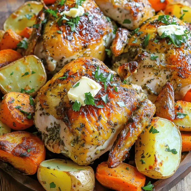 To create the delicious Garlic Butter Herb Roasted Chicken, gather these simple ingredients: - 1 whole chicken (approximately 4-5 lbs) - 1/2 cup unsalted butter, softened to room temperature - 6 cloves garlic, finely minced - 2 tablespoons fresh rosemary, finely chopped - 2 tablespoons fresh thyme, finely chopped - 1 tablespoon fresh parsley, finely chopped - Juice and zest of 1 fresh lemon - Salt and pepper, to taste - 1 large onion, quartered - 4 medium potatoes, cut into uniform wedges - 3 medium carrots, cut into chunky pieces - 1 cup chicken broth Each ingredient plays a key role in bringing out rich flavors. The whole chicken serves as the star, while the garlic and herbs add depth. The butter helps the skin turn golden and crispy. Fresh lemon brightens the dish, creating a balance with the savory notes. Make sure your ingredients are fresh. Fresh herbs provide a vibrant taste that dried ones cannot match. The same goes for the lemon juice and zest. Using a whole chicken ensures even cooking and maximum flavor. For more detailed instructions on how to bring all these flavors together, check out the Full Recipe. Enjoy the process, and let your kitchen fill with mouthwatering aromas! - Preheat your oven to 425°F (220°C). - In a mixing bowl, combine 1/2 cup of softened butter, 6 minced garlic cloves, 2 tablespoons each of chopped rosemary and thyme, 1 tablespoon of chopped parsley, juice and zest from 1 lemon, and a pinch of salt and pepper. Mix well to form a smooth garlic herb butter. - Pat the chicken dry with paper towels. This helps achieve crispy skin. - Use your fingers to gently loosen the skin over the breast and thighs. - Take a good amount of the garlic herb butter and rub it under the skin. Spread it evenly. - Coat the outside of the chicken with the remaining garlic herb butter. Save any leftover butter for later. - Stuff the cavity of the chicken with the quartered onion and leftover herb stems. - In a roasting pan, arrange 4 potato wedges and 3 chunky carrot pieces. Sprinkle them with salt and pepper. Drizzle with any leftover garlic herb butter and toss gently. - Place the chicken on top of the vegetables. Pour 1 cup of chicken broth into the bottom of the pan. This keeps the chicken juicy as it cooks. - Roast the chicken for about 1 hour and 15 minutes. Baste the chicken with the drippings at least twice. This adds flavor and moisture. - Use a meat thermometer to check that the internal temperature reaches 165°F (75°C). The juices should run clear when the chicken is done. - After roasting, let the chicken rest for 10-15 minutes. This helps the juices redistribute, making every slice juicy and tasty. - For a great presentation, arrange the sliced chicken on a large platter. Surround it with the caramelized potatoes and vibrant carrots. Add fresh herb sprigs for color. Enjoy your meal! For the complete recipe, check the Full Recipe. To get that perfect crispy skin, start by drying the chicken well. Moisture on the skin leads to steam, which prevents crisping. Use paper towels to pat the chicken dry inside and out. This simple step makes a huge difference. Next, cook the chicken at a high temperature. I recommend 425°F (220°C). This heat helps the skin to brown and crisp up nicely. Roast it on the middle oven rack for even cooking. Fresh herbs always taste better than dried herbs. They bring bright flavors to your dish. For this recipe, I use rosemary, thyme, and parsley. If you only have dried herbs, use less. Dried herbs are stronger. Lemon juice and zest also play a big role in flavor. The juice adds brightness, while the zest gives a nice zing. Together, they make the garlic butter even better. Don't skip this step! Basting helps keep the chicken moist and flavorful. Start basting after the first 30 minutes of cooking. Use a spoon or a baster to drizzle the juices over the chicken. Repeat this every 20 minutes. Regular basting adds depth to the flavor. Plus, it helps achieve that lovely golden color on the skin. For the best result, baste with the drippings from the pan. Try these tips for a juicy, flavorful meal. For the full recipe, check out the Garlic Butter Herb Roasted Chicken 🧄. {{image_4}} You can swap out herbs for different tastes. Instead of rosemary, try oregano or basil. Thyme can be replaced with dill or sage. For a spicy kick, add crushed red pepper or smoked paprika. Citrus flavors can enhance your dish too. Use lime or orange juice for a twist. The zest from these fruits can also add a fresh touch. Feel free to use other veggies in your dish. Sweet potatoes, parsnips, or Brussels sprouts work well. Broccoli can add a nice crunch. Just keep cooking times in mind. Harder vegetables like carrots need more time than softer ones like zucchini. Cut them into similar sizes to ensure even cooking. You don’t have to use the oven for this recipe. A slow cooker can make it easy. Simply set it on low for 6 to 8 hours. The chicken will be juicy and tender. An air fryer is another great option. Cook at 360°F for about 50 minutes for crispy skin. Adjust the time based on your air fryer model. For the full recipe, check out Garlic Butter Herb Roasted Chicken. To keep your garlic butter herb roasted chicken fresh, let it cool first. Place the chicken in an airtight container. Store it in the fridge for up to four days. If you have leftover veggies, add them to the same container. For easy meals, shred the chicken and use it in salads or sandwiches. You can freeze roasted chicken for later use. Wrap it tightly in plastic wrap or foil. Place it in a freezer bag, removing as much air as possible. It can stay frozen for up to three months. When it's time to enjoy it again, defrost the chicken in the fridge overnight. This method keeps it safe and tasty. To reheat the chicken without drying it out, use an oven or microwave. For the oven, preheat to 350°F (175°C). Place the chicken in a baking dish with a splash of broth. Cover it with foil to keep moisture in. Heat for about 20-30 minutes. If using a microwave, place the chicken on a microwave-safe plate. Add a little broth and cover it. Heat in short bursts, checking often to avoid overcooking. For the complete process, refer to the Full Recipe. Roasting time for chicken depends on its weight. For a whole chicken around 4-5 lbs, roast it for about 1 hour and 15 minutes. This timing ensures the chicken reaches a safe internal temperature. Always check the thickest part of the meat to ensure it's cooked through. Yes, you can, but it's best to thaw it first. If you cook a frozen chicken, it will take much longer to cook. Always use a meat thermometer to ensure it reaches 165°F (75°C) inside. This step is crucial for food safety. To check if your chicken is done, use a meat thermometer. Insert it into the thickest part of the thigh without touching the bone. If it reads 165°F (75°C), the chicken is safe to eat. Also, look for clear juices when you cut into it. Great sides include roasted vegetables, mashed potatoes, or a fresh garden salad. You can also serve rice or quinoa for a healthy touch. These sides complement the chicken's rich flavors well. To keep the chicken juicy, pat it dry before seasoning. Loosen the skin and apply the garlic herb butter generously. Basting the chicken with its own juices during roasting adds moisture. Let it rest after cooking to keep it tender. In this guide, we explored how to make a Garlic Butter Herb Roasted Chicken. We discussed the key ingredients and step-by-step instructions for prepping and cooking. You learned tips for crispy skin and flavor enhancement. We also looked at variations, storage, and answered common questions about the dish. Roasting chicken this way makes for a tasty meal that anyone can enjoy. With practice, you will create juicy, flavorful chicken every time. Enjoy your cooking journey!