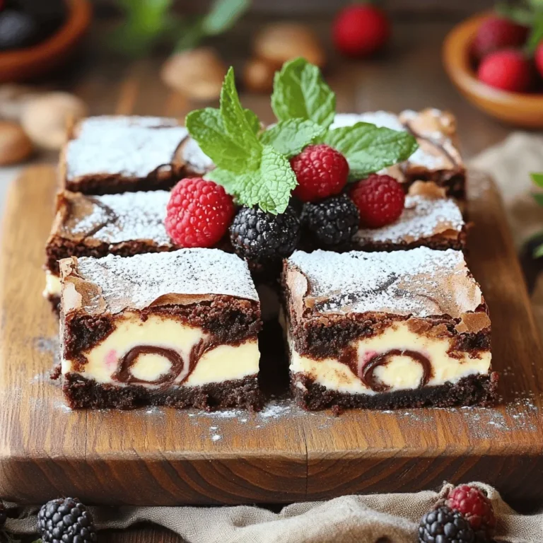 To make these delicious cheesecake brownies, you need some key ingredients. Gather the following: - 1 cup unsalted butter (2 sticks) - 8 oz bittersweet chocolate, chopped - 1 cup granulated sugar - 1 cup brown sugar, packed - 4 large eggs - 1 tsp vanilla extract - 1 cup all-purpose flour - 1/2 tsp baking powder - 1/4 tsp salt - 8 oz cream cheese, softened - 1/2 cup powdered sugar - 1 large egg yolk - 1 tsp lemon juice - 1 tsp vanilla extract (for cheesecake layer) These ingredients create a rich brownie base and a creamy cheesecake layer that brings joy in every bite. You can add some fun flavors to your cheesecake brownies. Here are a few optional ingredients: - 1/2 cup chopped nuts (like walnuts or pecans) - 1/2 cup chocolate chips for extra chocolatey goodness - 1/2 tsp instant coffee granules for a mocha twist - A pinch of sea salt on top for contrast These ingredients can take your brownies to a new level of deliciousness. Feel free to mix and match! If you’re out of something, don’t worry! Here are some substitutions: - Use coconut oil instead of butter for a dairy-free option. - Swap granulated sugar with coconut sugar for a healthier choice. - For gluten-free brownies, use almond flour or a gluten-free blend instead of all-purpose flour. - Replace cream cheese with silken tofu for a vegan alternative. These substitutions ensure that everyone can enjoy cheesecake brownies, no matter their dietary needs. Check the full recipe for more details on preparation! Start by preheating your oven to 350°F (175°C). This is a key step to ensure even baking. While the oven heats, take a 9x13-inch baking pan. Grease it lightly or line it with parchment paper. This will help you lift the brownies out easily later. In a medium saucepan, melt 8 oz of chopped bittersweet chocolate with 1 cup of unsalted butter over low heat. Stir often until smooth. After melting, let the mix cool for a few minutes. In a large bowl, mix 1 cup of granulated sugar and 1 cup of brown sugar. Next, pour in your cooled chocolate mix. Whisk it all together until it blends well. Add 4 large eggs and 1 teaspoon of vanilla extract. Mix until the batter is smooth. In a separate bowl, beat 8 oz of softened cream cheese with a hand mixer until creamy. Gradually add 1/2 cup of powdered sugar, 1 large egg yolk, 1 teaspoon of lemon juice, and 1 teaspoon of vanilla extract for the cheesecake layer. Blend these until smooth and nice. Pour half of your brownie batter into the prepared pan. Spread it evenly. Next, spoon dollops of the cheesecake mix on top. Use a spatula to smooth it out. Then, pour the rest of the brownie batter over the cheesecake. For a pretty marbled effect, take a knife and gently swirl the cheesecake into the brownie batter. Bake in the oven for 30-35 minutes. The brownies are ready when a toothpick inserted in the center comes out with a few moist crumbs. Let them cool for at least 30 minutes before cutting into squares. Enjoy your delicious cheesecake brownies! Baking cheesecake brownies is simple if you follow a few key tips. First, always measure your ingredients carefully. This step ensures you get the right texture. Use room temperature ingredients when you can, especially the cream cheese. Soft cream cheese blends better and creates a smooth cheesecake layer. Next, don’t skip the parchment paper. Lining your pan makes it easy to lift the brownies out. This way, you can cut perfect squares without a mess. Bake in the center of your oven for even heat. If your oven has hot spots, rotate the pan halfway through baking. To make a creamy cheesecake layer, beat the cream cheese well. Use a hand mixer to achieve a smooth texture. Gradually add the sugar and egg yolk, mixing until combined. The lemon juice adds brightness, so don’t skip it! Avoid overmixing the cheesecake batter. Mix just until smooth. Overmixing can trap air, leading to cracks. Pour the cheesecake layer gently over the brownie batter. When swirling, use a knife to create a marbled effect without mixing too much. For perfect cheesecake brownies, preheat your oven to 350°F (175°C). Bake for 30-35 minutes. Check for doneness by inserting a toothpick into the center. It should come out with a few moist crumbs, not wet batter. If it comes out clean, the brownies may be overbaked. After baking, let them cool in the pan. Cooling helps set the layers. Let them sit for at least 30 minutes before cutting. This waiting time makes for cleaner slices. Follow these tips for a delicious treat you can enjoy! For the complete process, check out the Full Recipe. {{image_4}} You can easily add fun flavors to your cheesecake brownies. Mint gives a fresh touch. Just mix in some mint extract. Use one teaspoon for a nice hint. Coffee adds a rich flavor. Add one tablespoon of instant coffee or espresso powder to the brownie mix. Peanut butter is a favorite! Swirl in half a cup of creamy peanut butter into the cheesecake layer. These flavors take your brownies to the next level. You can enjoy cheesecake brownies even if you are gluten-free or vegan. For a gluten-free version, swap regular flour for almond or coconut flour. Make sure to check your labels for gluten-free certification. To create vegan brownies, replace eggs with flax eggs. Mix one tablespoon of ground flaxseed with three tablespoons of water. Let it sit for five minutes to thicken. Substitute cream cheese with vegan cream cheese for a delicious dairy-free treat. Toppings can elevate your cheesecake brownies. Try adding fresh berries on top. Strawberries and raspberries pair well with the rich flavor. You can also sprinkle chopped nuts for extra crunch. Walnuts or pecans work great. A drizzle of chocolate sauce can add a sweet touch. For a festive look, add some whipped cream and a dusting of cocoa powder. These toppings make the brownies more fun and appealing. For the full recipe, check out the details above! To keep your cheesecake brownies fresh, store them in an airtight container. This prevents moisture loss and keeps them soft. You can also layer parchment paper between the brownies for extra protection. If you want to keep them pretty, try using a cake dome. When stored properly, cheesecake brownies last about 3-4 days at room temperature. If you put them in the fridge, they can stay fresh for up to a week. Be sure to check for any signs of spoilage before eating. Freezing cheesecake brownies is a great option for longer storage. First, let them cool completely after baking. Then, wrap each brownie tightly in plastic wrap. Place them in a freezer-safe bag or container to avoid freezer burn. They can last up to 3 months in the freezer. When you're ready to enjoy, simply thaw them overnight in the fridge. Yes, you can use white chocolate. It will give a different taste. White chocolate is sweeter and creamier. It pairs well with the tangy cheesecake layer. Just melt it like you would bittersweet chocolate. To avoid cracks, make sure your cream cheese is soft. Mix slowly to keep air out. When baking, do not open the oven door too often. Let the brownies cool slowly in the oven after baking. This helps keep the cheesecake layer smooth and pretty. You can serve them with fresh fruit, like berries. A scoop of vanilla ice cream is also great. Whipped cream adds a nice touch too. Drizzle some chocolate or caramel sauce on top for extra flavor. Check your brownies at 30 minutes. Insert a toothpick in the center. If it comes out with a few moist crumbs, they are done. If it comes out wet, bake a bit longer. Remember, they will set as they cool. You now have all the key steps to make delicious cheesecake brownies. We covered ingredients, preparation, and storage tips. Remember, you can add your favorite flavors and make this recipe unique. Baking is fun, and these brownies will impress anyone who tastes them. Enjoy every bite and share them with your friends and family! Your kitchen will smell amazing, and the results will be worth your effort. Happy baking!