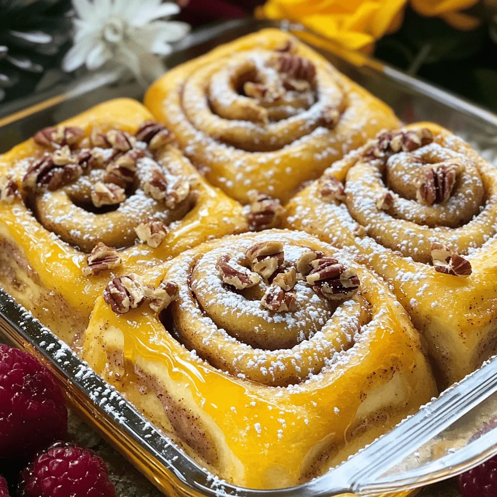 To make this delicious Cinnamon Roll Casserole, you will need: - 2 cans (8 oz each) refrigerated cinnamon rolls - 4 large eggs - 1 cup milk (whole or 2%) - 1 teaspoon vanilla extract - 1 teaspoon ground cinnamon - 1/4 cup brown sugar - 1/2 cup chopped pecans (optional) These main ingredients create a warm, sweet dish that everyone will love. The cinnamon rolls give us that classic flavor, while the eggs and milk make it rich and custardy. You can add some fun touches to your casserole with these options: - Fresh berries for garnish - Additional spices (nutmeg or ginger) - Cream cheese frosting drizzle Adding berries can make it colorful and fresh. A drizzle of cream cheese frosting adds a sweet touch. Mix and match these add-ins to suit your taste! For the full recipe, check the detailed instructions. Enjoy your cooking adventure! - Preheat oven to 375°F (190°C) - Grease the baking dish Start with your oven. Preheating it helps the casserole cook evenly. Next, grab a 9x13 inch baking dish. Grease it well with cooking spray or butter. This step keeps your casserole from sticking. - Cut cinnamon rolls and arrange in dish - Pour egg mixture over cinnamon rolls - Bake for 25-30 minutes until golden Open the cans of cinnamon rolls. Use a sharp knife or scissors to cut each roll into quarters. Spread the cut pieces in your greased baking dish. Make sure to arrange them evenly. In a large bowl, crack the eggs. Whisk them with milk, vanilla, ground cinnamon, and brown sugar. Mix until smooth and a bit frothy. Carefully pour this egg mixture over the cinnamon roll pieces. Press down gently with a spatula to soak them well. If you like, sprinkle chopped pecans on top for a nice crunch. Place the dish in the oven and bake for 25-30 minutes. It’s done when the top is golden brown. A toothpick in the center should come out clean. Let it cool for about 5 minutes. Drizzle maple syrup on top before serving to add extra sweetness. For more details, check the Full Recipe. Cooking this cinnamon roll casserole can be fun and easy. Here are some tips to make it even better. - Ensure even cooking by spacing cinnamon roll pieces. When you cut the rolls, spread them out in the dish. This helps them cook evenly. If they are too close, they might not bake right. - Press down gently on rolls to soak up the egg mixture. After pouring the egg mix, use a spatula to press the rolls lightly. This helps them absorb all the flavors. - Serve warm with maple syrup drizzle. The syrup adds sweetness and richness. It makes every bite a delight. - Dust with powdered sugar for a sweeter presentation. This adds a lovely look and extra sweetness. A sprinkle makes it feel special. These tips will help you create a tasty breakfast dish that everyone will love! {{image_4}} You can make your cinnamon roll casserole even tastier. One easy way is to add chocolate chips. They melt and create a sweet, gooey center. Just sprinkle a cup of chocolate chips over the cinnamon roll pieces before you pour on the egg mixture. You can also mix in fruits. Apples and bananas work well. Dice them into small pieces and add them to the casserole. The fruits add a fresh taste and a nice texture. You will enjoy the warm, fruity bites. If you need a gluten-free option, use gluten-free cinnamon rolls. Many brands offer them now. This change helps everyone enjoy this dish without worry. For a lighter version, swap regular milk with almond milk. This keeps the dish creamy but cuts some calories. You can still enjoy all the flavors you love. For the full recipe, check out the Full Recipe section. To keep your cinnamon roll casserole fresh, store it in an airtight container in the refrigerator. This way, it will stay tasty for up to three days. Make sure to let it cool before sealing. This helps prevent condensation, which can make it soggy. You can reheat your casserole in two easy ways. For a nice warm texture, use the oven. Preheat it to 350°F (175°C). Place the casserole in a baking dish and cover it with foil. Heat for about 10-15 minutes. This keeps it soft and fluffy. If you're short on time, the microwave works too. Place a piece on a microwave-safe plate. Heat it for 30 seconds to 1 minute, checking often. This method is quick but may not keep the same texture as the oven. Enjoy your leftovers warm with a drizzle of maple syrup from the full recipe! To make this dish from scratch, you need simple ingredients. You can start with flour, sugar, yeast, and milk to make the dough. Here’s a quick guide: - Flour: Use all-purpose flour for a soft texture. - Yeast: Choose active dry yeast for the best rise. - Sugar: Add some sugar for sweetness. - Milk: Warm the milk to help the yeast bloom. Mix these ingredients to form a dough. Let it rise until it doubles in size. Once ready, roll it out and sprinkle with cinnamon and sugar. Roll it up and cut it into pieces. This gives you a fresh base for your casserole. Yes, you can prepare this casserole the night before! To do this, follow these steps: 1. Prepare the casserole as per the recipe. 2. Cover it tightly with plastic wrap. 3. Place it in the fridge overnight. When you’re ready to bake, remove it from the fridge. Let it sit for about 30 minutes to come to room temperature. Then, bake it as directed. This way, you save time in the morning! If you want to switch it up, there are some great alternatives: - Biscuits: Use refrigerated biscuits for a fluffy texture. - Croissants: They add a buttery flavor. - Danish pastry: This gives a sweet, rich taste. These substitutes allow for unique flavor profiles while maintaining the casserole style. Enjoy experimenting with different options! You learned how to make a tasty cinnamon roll casserole. With easy steps, you can bake a warm dish full of flavor. Don't forget to try variations like adding chocolate chips or fruits. This dish is great for any meal and perfect for sharing. Store leftovers for a quick treat later. Enjoy every bite and impress your family and friends with your skills in the kitchen!