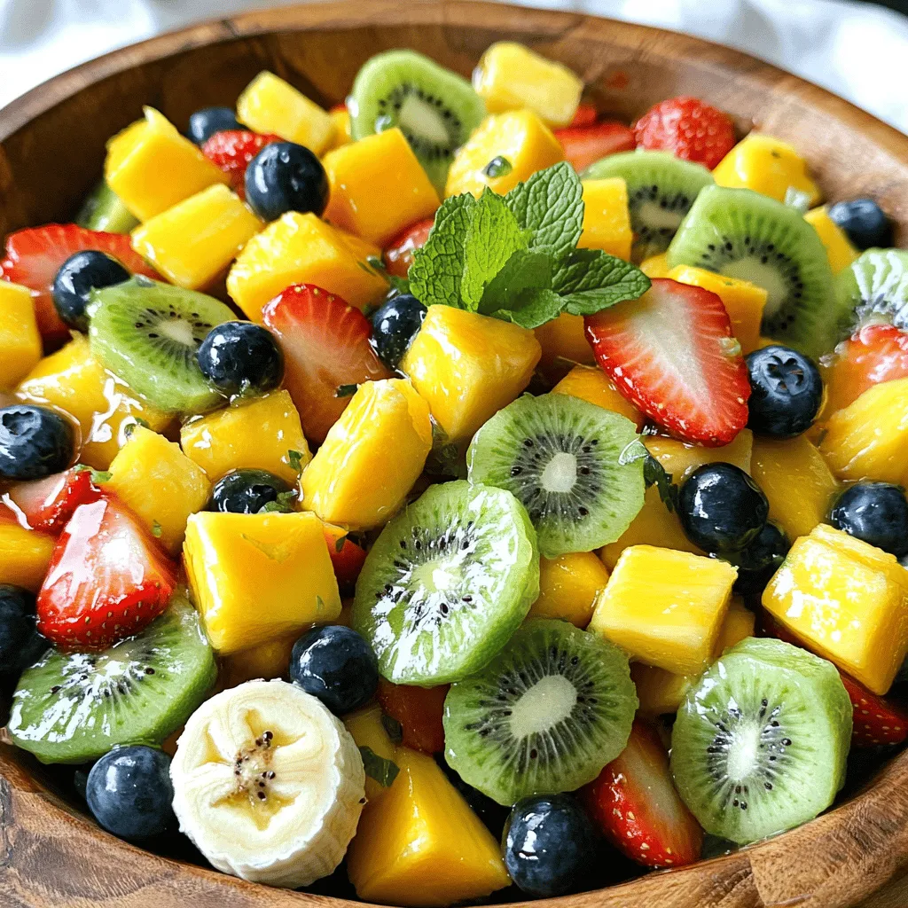 - 1 ripe pineapple - 1 ripe mango - 2 kiwis - 1 cup fresh strawberries - 1 cup juicy blueberries - 1 banana - 3 tablespoons natural honey - 2 tablespoons fresh lime juice - 1 tablespoon fresh mint leaves - Additional mint leaves - Edible flowers When it comes to making a Tropical Fruit Salad, the fresh fruits are the stars of the show. Start with a ripe pineapple, which adds a sweet and tangy flavor. Next, choose a ripe mango for its juicy sweetness. Slice two kiwis for a vibrant green color and a hint of tartness. Add a cup of halved strawberries for their bright red color and sweet taste. Don't forget a cup of blueberries; they add a pop of color and a burst of flavor. Lastly, slice one banana for its creamy texture and natural sweetness. For the dressing, use three tablespoons of natural honey. This will give the salad a lovely sweetness. Add two tablespoons of fresh lime juice for a zesty kick that brightens the fruits. Finally, toss in a tablespoon of finely chopped fresh mint leaves. This brings a refreshing note to the salad. You can also garnish the salad with extra mint leaves or edible flowers for a fun touch. These optional garnishes not only enhance the look but also add more flavor. This Tropical Fruit Salad with Honey Lime Dressing is not just a treat for the taste buds; it’s a feast for the eyes too. For the complete recipe, check out the Full Recipe. Enjoy each bite of this colorful and healthy dish! To create a great Tropical Fruit Salad, start by dicing and slicing your fruits with care. Use a sharp knife to cut the ripe pineapple into bite-sized pieces. For the mango, slice around the pit, then dice the flesh into small chunks. When you handle kiwis, peel them first, then slice them into half-moons. Strawberries need hulling first. After that, slice them in half. Rinse the blueberries gently under cold water. Lastly, cut the banana into rounds. When combining these fruits, use a large mixing bowl. Be gentle as you mix to keep the fruits intact. You want them to stay whole and not become mushy. This step ensures each fruit shines in the final dish. To make the dressing, you need a small bowl and a whisk. Add three tablespoons of natural honey and two tablespoons of fresh lime juice. Whisk them together until the mixture is smooth. A good whisking technique helps blend the honey and lime juice well. This dressing balances sweetness with a zesty kick, enhancing the fruit's flavors. Remember, this balance is key. Too much honey can make it too sweet, while too much lime can overpower the fruits. Aim for a harmonious blend to highlight each fruit's taste. Now it's time to put everything together. Drizzle the honey-lime dressing over the mixed fruits. Use a spatula or wooden spoon to toss everything gently. You want to coat each piece of fruit without bruising them. Once tossed, sprinkle the chopped fresh mint leaves over the salad. Fold them in carefully to infuse that lovely mint flavor. Let the salad sit for about 10 minutes at room temperature. This marinating time allows the flavors to meld together. Each bite will taste like a mini tropical vacation. For the full recipe, refer to the provided guidance, and enjoy this delightful dish! To make the best Tropical Fruit Salad, you need ripe fruits. Here’s how to pick them: - Pineapple: Look for a sweet smell at the base. The color should be yellowish-gold. The leaves should be green and fresh. - Mango: Choose one that feels soft but not mushy. The skin should have a slight give when you press it. - Berries: For strawberries, pick ones that are bright red with no white spots. Blueberries should be plump and firm. You can boost the flavor of your salad with a few simple tricks: - Mint: Fresh mint adds a cool touch. Use more if you love minty flavors. - Citrus Zest: Add a bit of lime or lemon zest for extra zing. - Spices: A pinch of cinnamon can add warmth. It pairs well with the sweetness of the fruit. Make your salad look as good as it tastes. Here are some fun ideas: - Serve in Pineapple Halves: Hollow out a pineapple and fill it with the salad. It’s a show-stopper! - Use Clear Bowls: This lets the colorful fruits shine through. - Garnish with Mint: Sprinkle extra mint leaves on top. It adds color and a fresh scent. For the full recipe, check out the Tropical Paradise Fruit Salad above. {{image_4}} You can mix up your fruit salad by trying new flavors. Instead of the usual fruits, add some exciting options like: - Papaya for a sweet tropical twist - Passion fruit for a tangy kick - Starfruit for a unique shape and flavor - Coconut chunks for added texture and taste These alternatives bring new tastes and colors to your salad. Try different combinations to keep it fresh and fun. You might discover a new favorite mix! If you want a vegan version, swap honey for maple syrup or agave nectar. This keeps the sweetness but makes it plant-based. For those watching their sugar, use a sugar-free sweetener. Just make sure you choose one that dissolves well. These changes allow everyone to enjoy a delicious fruit salad, no matter their dietary needs. Using seasonal fruits keeps your salad fresh and tasty. In summer, try juicy peaches or ripe cherries. In fall, add crisp apples or sweet pears. During winter, citrus fruits like oranges or grapefruits are perfect. Seasonal fruits not only taste better, but they also support local farms. This way, you enjoy great flavors while being kind to the planet. For the full recipe, check out Tropical Paradise Fruit Salad. To keep your Tropical Paradise Fruit Salad fresh, store it in the fridge. Use an airtight container for best results. This helps prevent browning and keeps the fruits crisp. The salad will stay good for two to three days. If you have leftovers, try to keep the dressing separate. Combining too early can make the salad soggy. Freezing fruit can change its texture. Some fruits, like bananas and strawberries, may become mushy when thawed. If you want to freeze parts of the salad, do it before mixing with dressing. Cut the fruit into pieces and place them in freezer bags. You can enjoy them later in smoothies or other desserts. If you have leftover fruit salad, get creative! Add it to yogurt for a tasty breakfast. You can mix it into a smoothie for a refreshing drink. Another option is to top your pancakes or waffles with it for a fruity twist. You can also bake the fruits into muffins or quick breads for a sweet treat. You can store Tropical Fruit Salad in the fridge for up to three days. Keep it in an airtight container to keep it fresh. After three days, the fruits may become mushy. Always check for any signs of spoilage, like off smells or discoloration. Yes, you can make this salad ahead of time. However, I recommend adding the dressing right before serving. This helps keep the fruits crisp and bright. If you wish to prep in advance, cut the fruits and store them separately. Mix them a few hours before you serve them. This keeps the salad looking fresh and tasty. You can add protein to make the salad more filling. Here are a few suggestions: - Chopped nuts, like almonds or cashews, for crunch. - Greek yogurt on top for creaminess and protein. - Cottage cheese mixed in for extra texture and flavor. - Cooked quinoa for a healthy grain boost. These options will not only fill you up but also add great taste to your salad. Enjoy your Tropical Paradise Fruit Salad with these tasty additions! This blog post covered how to create a fresh tropical fruit salad. You learned about selecting ripe fruits and making a delicious honey lime dressing. We explored unique garnishes, presentation ideas, and storage tips to keep your salad fresh. For a tasty twist, try different fruit combinations or add proteins for a filling meal. Enjoy crafting this vibrant dish!