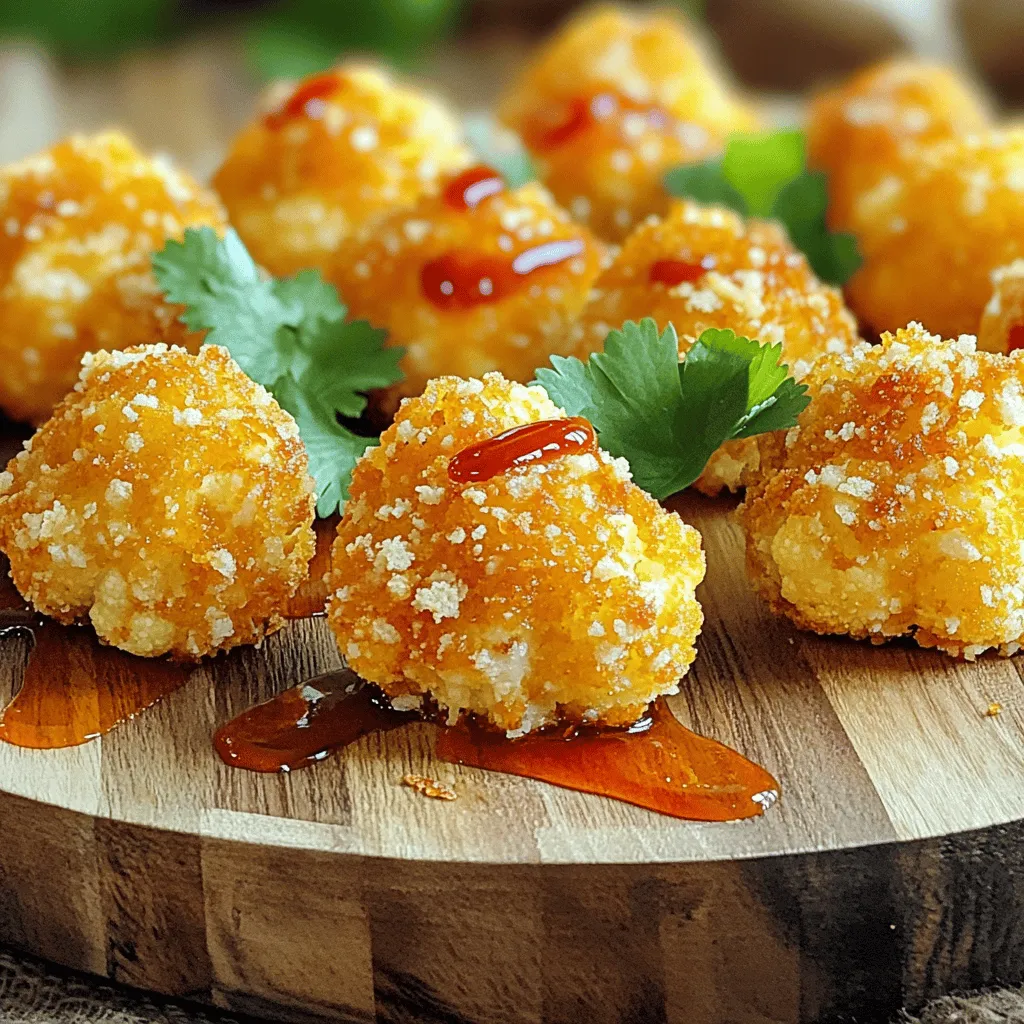 To make Sriracha honey cauliflower bites, gather these simple ingredients: - 1 large head of cauliflower, cut into bite-sized florets - 1/2 cup all-purpose flour - 1/2 cup Panko breadcrumbs (for an extra crunch) - 1 teaspoon garlic powder - 1 teaspoon onion powder - 1/2 teaspoon smoked paprika - Salt and freshly cracked black pepper, to taste - 1/4 cup sriracha sauce - 1/4 cup honey - 2 tablespoons olive oil - 1 tablespoon rice vinegar (or substitute with apple cider vinegar) - Fresh cilantro, chopped (for garnish) If you need to swap some items, here are good options: - Use gluten-free flour instead of all-purpose flour for a gluten-free version. - Substitute Panko with regular breadcrumbs if you don’t have Panko. - Replace sriracha with another hot sauce if you prefer a different flavor. - Honey can be swapped with maple syrup for a vegan option. - Use lime juice instead of rice vinegar for a zesty twist. Garnishing makes everything better! Here are a few ideas: - Fresh cilantro adds great color and flavor. - Chopped green onions give a nice crunch. - A sprinkle of sesame seeds can add a nutty taste. - You could drizzle extra honey on top for more sweetness. - Serve with lime wedges for a fresh kick! For a full recipe with steps, check out the Full Recipe. To make Sriracha honey cauliflower bites, you first need to gather your ingredients. This dish is fun and quick to prepare. You will mix flavors and textures to create something special. Start by preheating your oven and getting your baking sheet ready. 1. Preheat the Oven: Heat your oven to 425°F (220°C). This ensures your bites become crispy. Line your baking sheet with parchment paper for easy cleanup. 2. Prepare the Cauliflower: In a large bowl, mix the flour, garlic powder, onion powder, smoked paprika, salt, and pepper. Whisk this well. 3. Coat the Cauliflower: Add your cauliflower florets to the flour mix. Toss gently until every piece is coated. Shake off any extra flour. 4. Breadcrumb Coating: Quickly dip each floret into water, then roll them in Panko breadcrumbs. This gives a nice crunch. Place them on your baking sheet with space between each piece. 5. Bake the Cauliflower: Lightly spray the florets with olive oil. Bake for 20-25 minutes, turning them halfway. This helps them brown evenly. 6. Prepare the Sriracha Honey Sauce: While baking, mix sriracha, honey, olive oil, and rice vinegar in a bowl. Stir well until smooth. Adjust the spice if needed. 7. Toss and Serve: Once baked, transfer the bites to a bowl. Drizzle the sauce over them and toss gently. Make sure they are well coated. 8. Garnish and Enjoy: Move the bites to a platter. Sprinkle fresh cilantro on top for color. Serve hot for the best taste. To get the best crunch from your cauliflower bites, follow these tips: - Make sure to space the florets on the baking sheet. - Lightly spray them with olive oil before baking. - Turn them halfway through baking for even cooking. - Use Panko breadcrumbs for extra crunch. These steps will help you create a delightful snack that everyone will love. For the complete recipe, check out the Full Recipe. To coat your cauliflower just right, start with dry florets. After washing, let them dry thoroughly. This helps the flour stick better. When mixing the flour, add your spices like garlic powder and smoked paprika. Toss the florets gently in the seasoned flour. Make sure each piece gets a good coat. After this, dip the florets in water briefly. This makes the Panko breadcrumbs stick well. Roll the florets in the breadcrumbs until they are fully covered. This method ensures a crispy texture when you bake them. If you want more heat, add more sriracha. Start with the 1/4 cup in the recipe, then taste your sauce. You can also mix in a dash of cayenne pepper for extra spice. If you prefer it milder, use less sriracha. Honey balances the heat, so you can adjust that too. A bit more honey can tone down the spice. Always taste your sauce before using it. This way, you get the flavor just how you like it. These bites are great as a snack or appetizer. Serve them hot for the best flavor. You can pair them with a cool dip, like ranch or yogurt sauce. This can help balance the heat. For a fun twist, serve them in lettuce wraps. Add some fresh veggies for crunch. You can also add them to a rice bowl with veggies. They work well in a meal prep or as a side dish too. Check out the full recipe to create this tasty snack! {{image_4}} Sriracha Honey Cauliflower Bites are already vegetarian. You can enjoy them with many dips. Try pairing them with ranch or avocado dip for extra flavor. You can also serve them on a bed of fresh greens. This way, you add a nice crunch to your meal. To make these bites gluten-free, swap the all-purpose flour with almond flour or a gluten-free flour blend. Use gluten-free Panko breadcrumbs to keep the crunch. These changes keep the flavor and texture just as good. You still get that crispy bite you love. You can take these bites to the next level with some fun flavors. Here are some ideas: - Add lime juice for a zesty kick. - Include a dash of cayenne pepper for extra heat. - Mix in sesame oil for a nutty flavor. - Toss in some chopped green onions for freshness. These small changes can make your Sriracha Honey Cauliflower Bites even more special! For the full recipe, check the link above. To keep your Sriracha honey cauliflower bites fresh, store them in an airtight container. Let them cool down completely after cooking. Once they are cooled, place them in the container. This helps to avoid sogginess and keeps them crispy. Store in the fridge for up to three days. When you want to enjoy the bites again, reheating is simple. Preheat your oven to 350°F (175°C). Place the cauliflower bites on a baking sheet. Reheat for about 10-15 minutes. This will help restore their crunch. Avoid using the microwave, as it can make them soft. To freeze your cauliflower bites, first cool them completely. Then, arrange them in a single layer on a baking sheet. Freeze for about an hour until solid. After that, place them in a freezer-safe bag or container. They can last up to three months in the freezer. When you're ready to eat, bake them from frozen at 425°F (220°C) for about 25-30 minutes. Enjoy the fresh flavor! For the full recipe, check out the detailed instructions above. Sriracha Honey Cauliflower Bites stay fresh for about three days in the fridge. Store them in an airtight container to keep them crispy. If you want to enjoy them later, reheat in the oven for best results. This helps regain their crunchiness, making them taste almost fresh. Yes, you can easily make Sriracha Honey Cauliflower Bites in an air fryer. Preheat your air fryer to 375°F (190°C). Place the coated cauliflower bites in a single layer in the basket. Cook for about 15-20 minutes, shaking the basket halfway through. This gives you that nice crisp without using a lot of oil. These bites pair well with various dips. Try ranch dressing, blue cheese, or even a simple yogurt dip. You can also serve them alongside a fresh salad for a balanced meal. They make a great snack or appetizer for parties too! For the full recipe, check out the details above. You now know how to make Sriracha Honey Cauliflower Bites with ease. I covered the key ingredients, cooking steps, and helpful tips. You can also customize the dish to fit your needs. Storage methods keep them fresh for longer. With all this, you can impress your friends and family. Enjoy making this tasty treat again and again!