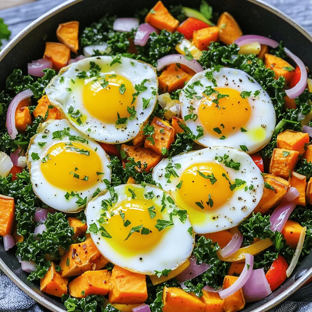 To make a delicious savory sweet potato hash, gather these key ingredients: - 2 large sweet potatoes, peeled and diced into ½-inch cubes - 1 small red onion, diced - 1 bell pepper (any color), diced - 1 cup kale, tough stems removed and leaves chopped - 2 cloves garlic, minced - 1 teaspoon smoked paprika - 1 teaspoon ground cumin - Salt and pepper to taste - 3 tablespoons olive oil - 4 large eggs - Fresh parsley, chopped (for garnish) Each ingredient plays a big role in building flavor. Sweet potatoes give a natural sweetness. The red onion and bell pepper add crunch and color. Garlic brings a rich aroma. Spices like smoked paprika and cumin give depth. Kale adds a healthy green touch. Olive oil helps to cook and blend the flavors together. The eggs on top create a creamy finish. Finally, parsley adds a fresh touch. For the full recipe, check out Savory Sweet Potato Hash 🥔. Start by peeling the sweet potatoes. Then, dice them into ½-inch cubes. This size cooks evenly and gives a nice texture. You want them to be tender but not mushy. Next, season the diced sweet potatoes. Use salt, pepper, smoked paprika, and ground cumin. These spices add depth and warmth to the dish. Heat three tablespoons of olive oil in a large skillet over medium heat. Let the oil warm for 1-2 minutes until it shimmers. Add the seasoned sweet potatoes and sauté them for about 10-15 minutes. Stir occasionally to ensure even cooking. You’ll know they are ready when they are golden and tender. After that, add the diced red onion and bell pepper. Cook for another 5 minutes. This will soften the veggies and enhance the flavors. Next, mix in the chopped kale and minced garlic. Cook for an additional 3-4 minutes. The kale should wilt and blend well with the sweet potato mixture. This step adds a lovely green color and boosts nutrition. While the hash is finishing, fry the eggs in a separate pan. Choose your favorite style—sunny-side up or over-easy works great. Once the sweet potato hash is ready, taste it and adjust the seasoning if needed. Plate the hash generously on each plate, then top it with a fried egg. To finish, sprinkle fresh chopped parsley on top. This adds a burst of color and fresh flavor. Enjoy your tasty meal! For the complete recipe, check out Savory Sweet Potato Hash 🥔. To make your sweet potato hash just right, focus on cooking time. Sweet potatoes need about 10 to 15 minutes to get tender. They should be golden and slightly crispy on the edges. To avoid mushiness, cut your sweet potatoes into ½-inch cubes. This size cooks evenly and holds its shape well. You can boost flavor with spices. If you want a twist, try cayenne pepper or chili powder instead of smoked paprika. Fresh herbs make a big difference too. Adding chopped parsley or cilantro at the end brightens the dish. They also add a fresh taste that balances the sweetness of the potatoes. Choosing how to cook your sweet potatoes matters. Baking gives a softer texture, while frying adds a nice crisp. If you're short on time, use one pan for everything. This saves on cleanup and helps flavors mix well. Just remember to cook the ingredients in stages to keep everything fresh and tasty. For more details, check out the Full Recipe. {{image_4}} You can make savory sweet potato hash even better by adding protein. Consider using sausage for a hearty bite. Tofu is a great option for a lighter meal. Both add flavor and keep you full. For cheese lovers, try adding sharp cheddar or crumbled feta. These cheeses melt well and enhance the dish’s creaminess. Just sprinkle some on top before serving for a delicious finish. Switching up your vegetables can change the hash's flavor profile. In summer, add zucchini or corn. In the fall, consider using butternut squash or Brussels sprouts. Each season brings new veggies to explore. You can also adjust the spices to match the season. In winter, use warming spices like nutmeg or cinnamon. In spring, fresh herbs like basil or dill brighten the dish. If you need vegan options, swap the eggs for avocado or chickpeas. This keeps the meal filling and tasty. For gluten-free eaters, the recipe already fits the bill. Just ensure your add-ins are gluten-free. This way, everyone can enjoy this savory sweet potato hash. For the full recipe, check out Savory Sweet Potato Hash 🥔. To store cooked hash, let it cool completely. Transfer the hash to an airtight container. It will keep well in the fridge for up to four days. For best results, store the eggs separately. This keeps them from getting rubbery. If you plan to meal prep, make the hash without the eggs. You can add them fresh when ready to serve. For freezing leftovers, first let the hash cool. Then, place it in a freezer-safe container. It can last up to three months in the freezer. For the best texture, freeze in portions. This way, you can thaw just what you need. To thaw, move the container to the fridge overnight. Reheat the hash in a skillet over medium heat. Stir well to ensure even warming. You can also microwave it, but add a splash of water to keep it moist. Enjoy your delicious Savory Sweet Potato Hash anytime! Cooking sweet potatoes takes about 15 to 20 minutes on the stove. First, peel and dice them into ½-inch cubes. This size helps them cook evenly. When sautéing, keep an eye on them. You want them tender and golden but not mushy. Yes, you can make sweet potato hash ahead of time. Cook the hash and let it cool down. Store it in an airtight container in the fridge for up to three days. When ready to serve, just reheat it in a pan. This makes busy mornings easier! Savory sweet potato hash pairs well with many sides. Try it with fresh fruit or a green salad for balance. You can also serve it alongside toast or avocado for added creaminess. A slice of your favorite bread works too! You can mix in different ingredients for fun flavors. Add cooked sausage or black beans for protein. Use different veggies like zucchini or spinach to change things up. Try fresh herbs like cilantro or basil for extra zest! You can find the complete details in the "Savory Sweet Potato Hash 🥔" recipe. This includes all the steps and tips to make the perfect dish. Enjoy creating a delightful breakfast! This article explored making savory sweet potato hash. We covered the key ingredients, preparation steps, and cooking tips. You learned about variations, substitutions, and storage options. Sweet potato hash provides endless ways to customize your meal. Remember to enjoy the cooking process and try new flavors. With simple tips, you can make a hearty dish that fits your needs. Explore and create your own delicious twists on this recipe!