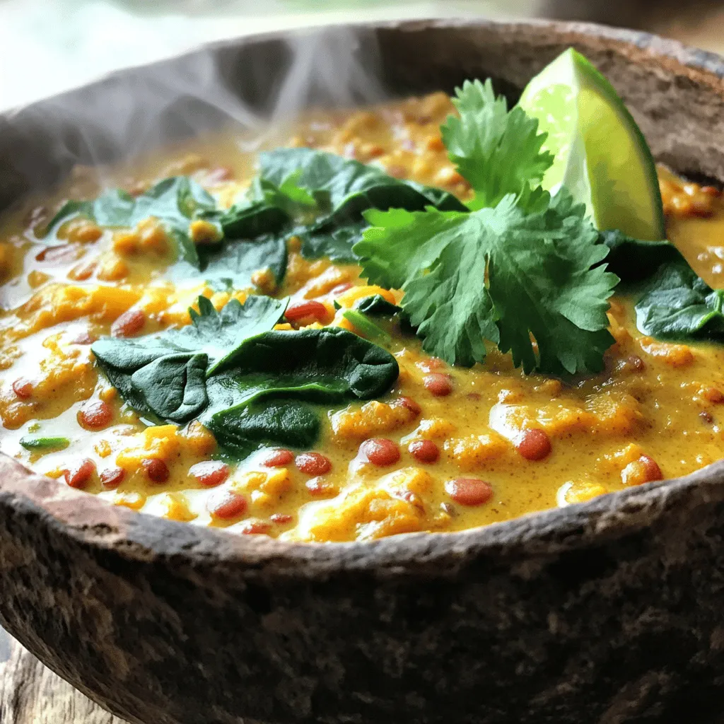 To make the best coconut curry lentils, you need the following ingredients: - 1 cup red lentils, thoroughly rinsed - 1 can (14 oz) creamy coconut milk - 2 cups vegetable broth (low-sodium recommended) - 1 medium onion, finely chopped - 2 cloves garlic, minced - 1 inch piece of fresh ginger, grated - 2 tablespoons curry powder (mild or hot, based on preference) - 1 teaspoon ground turmeric - 1 teaspoon ground cumin - 1 tablespoon olive oil (or coconut oil for extra flavor) - Salt and pepper to taste - 1 cup spinach (fresh or frozen) - Juice of 1 fresh lime - Fresh cilantro leaves for garnish You can enhance your coconut curry lentils with these fun add-ins: - Diced tomatoes for extra flavor - Chopped green onions for a fresh crunch - A sprinkle of chili flakes for heat - Sliced avocado for creaminess - A dollop of yogurt for tang If you don't have some ingredients, don't worry! Here are some easy swaps: - Use yellow or green lentils instead of red. - Swap vegetable broth for chicken broth. - Coconut milk can be replaced with almond milk for a lighter taste. - Use garlic powder if you don't have fresh garlic. - Fresh spinach can be replaced with kale or Swiss chard. These ingredients create a hearty and tasty meal that you can enjoy any day. For the full recipe, check out the notes above. Start by heating 1 tablespoon of olive oil in a large pot over medium heat. Once it's hot, add 1 medium onion, finely chopped. Sauté the onion for about 5 minutes. You want it to be soft and translucent. Next, add 2 cloves of minced garlic and a 1-inch piece of grated ginger. Cook these for 1 minute. Stir often to keep the garlic from burning. Now, sprinkle in 2 tablespoons of curry powder, 1 teaspoon of ground turmeric, and 1 teaspoon of ground cumin. Stir these spices well, letting them bloom for 1-2 minutes. This step makes the dish fragrant and full of flavor. After the spices have bloomed, pour in 2 cups of low-sodium vegetable broth and 1 can (14 oz) of creamy coconut milk. Stir everything to mix well. Now, gently add 1 cup of rinsed red lentils. Bring the mixture to a gentle boil. Once it’s boiling, reduce the heat to low. Cover the pot and let it simmer for 20-25 minutes. Stir occasionally until the lentils are tender and cooked through. This cooking time is crucial for soft, delicious lentils. If you use frozen spinach, add it during the last 5 minutes of cooking. If you're using fresh spinach, stir it in just before serving. It will wilt quickly into the curry. After adding the spinach, taste the lentil curry. Season with salt and pepper to your liking. To finish, squeeze the juice of 1 fresh lime into the pot. This adds brightness to your dish. Serve the warm coconut curry lentils in bowls. Garnish with fresh cilantro leaves for a colorful touch. For a complete meal, check out the Full Recipe for serving suggestions. Start with fresh ingredients. This makes a big difference in flavor. Use low-sodium vegetable broth for a healthier dish. Always rinse lentils before cooking. It helps remove dust and impurities. If you want a thicker curry, simmer it longer. Stir it often to prevent sticking. To boost taste, use fresh herbs like cilantro. A squeeze of lime adds brightness. Experiment with spices too. Try adding cardamom or coriander for a unique twist. If you prefer heat, add fresh chili or cayenne pepper. Taste as you cook, adjusting flavors to your liking. Serve the lentils over fluffy rice or quinoa. This makes a filling meal. Add a side salad for crunch. You can also pair it with naan or pita bread. For a colorful touch, garnish with extra cilantro. Lime wedges on the side add a zesty kick. For the full recipe, check out the recipe section above. {{image_4}} You can easily make Coconut Curry Lentils vegan and gluten-free. Simply use vegetable broth, which is naturally vegan. The lentils and coconut milk already fit these diets. If you want more texture, add some chopped vegetables like bell peppers or carrots. They add crunch and color. Always check labels to ensure no hidden gluten sneaks in. Spice level is all about your taste. You can choose mild or hot curry powder. If you want heat, add red pepper flakes or fresh chili peppers. Start with a little and taste as you go. This way, you can find the right balance for your palate. The creaminess of coconut milk helps tone down the heat, making it enjoyable for everyone. Want to add protein? Tofu is a great choice for a vegan dish. Cut it into cubes and sauté it until it's golden. You can add it when you mix in the lentils. For meat lovers, chicken works well too. Dice the chicken and cook it in the pot before adding the broth. This step gives the dish a rich flavor. Both options make your Coconut Curry Lentils heartier. For the full recipe, check out the instructions above! Store leftover coconut curry lentils in an airtight container. This keeps them fresh and prevents spills. Let the lentils cool before sealing the container. They stay tasty in the fridge for up to five days. To reheat, pour the lentils into a pot. Heat them over medium-low heat. Stir gently and add a splash of water or broth to thin it out. This keeps the lentils creamy. Heat until warmed through, about 5-7 minutes. You can also use the microwave. Place the lentils in a bowl and cover them with a damp paper towel. Heat for 1-2 minutes, stirring halfway. For meal prep, freeze coconut curry lentils in portions. Use freezer-safe bags or containers. Remove excess air before sealing. The lentils can last up to three months in the freezer. When you’re ready to eat, thaw them in the fridge overnight. Reheat as mentioned above for a quick and easy meal. Enjoy the flavors even after freezing! For the full recipe, check out the instructions above. Coconut Curry Lentils last about 4 to 5 days in the fridge. To keep them fresh, store them in an airtight container. Make sure the lentils cool down before sealing. This helps maintain their texture and flavor. Yes, you can make Coconut Curry Lentils in advance. They taste even better the next day as the flavors meld together. Prepare the dish, let it cool, then store it in the fridge. Just reheat it gently when you're ready to eat. Coconut Curry Lentils are packed with nutrients. Here are some key benefits: - High in Protein: Lentils are a great plant-based protein source. - Rich in Fiber: They support digestion and help you feel full. - Vitamins and Minerals: They contain iron, folate, and magnesium for overall health. - Healthy Fats: Coconut milk adds healthy fats that are good for your heart. This dish is not just tasty; it’s also good for you. Enjoy a hearty meal that nourishes your body! If you want to know how to prepare this dish, check out the Full Recipe. Coconut curry lentils are easy to make, healthy, and full of flavor. You learned about key ingredients, cooking steps, and helpful tips. I shared ways to customize your dish and store leftovers. Remember, you can make it spicy or mild, and add protein if you like. Try these lentils as a quick meal. They are tasty and good for you. Enjoy making and sharing your coconut curry lentils!