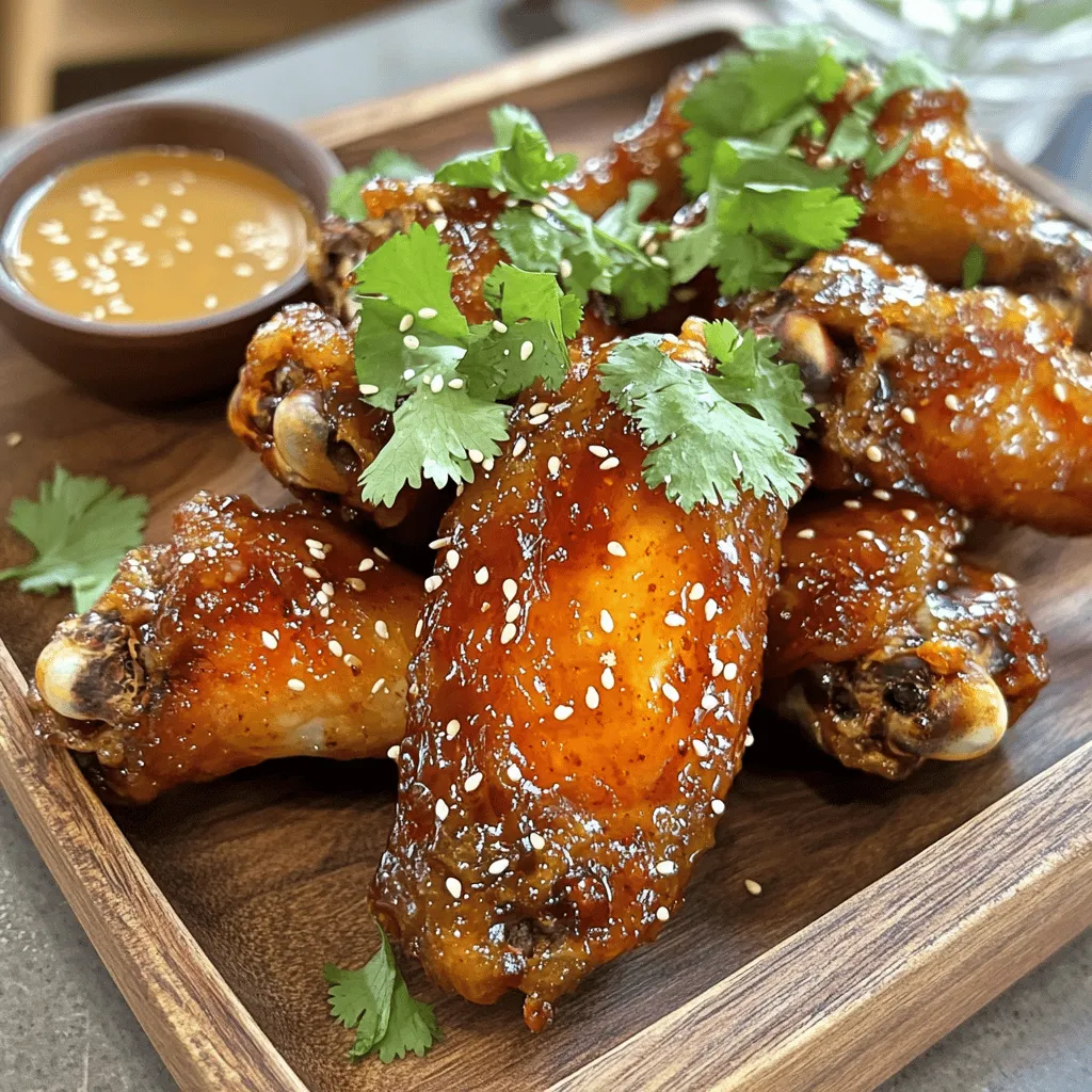 To make sweet and spicy chicken wings, you need key ingredients. These will create that perfect flavor balance. Here’s what you’ll need: - 2 pounds chicken wings - 1/4 cup honey - 1/4 cup soy sauce - 2 tablespoons sriracha sauce - 1 tablespoon garlic powder - 1 tablespoon ginger powder - 1 teaspoon smoked paprika - 1/2 teaspoon cayenne pepper (adjust to your spice preference) - Salt and freshly ground black pepper to taste - 1 tablespoon sesame oil These ingredients work together to create a deliciously sticky glaze. The honey adds sweetness, while the sriracha brings heat. The marinade is vital for flavor. It makes the wings juicy and tasty. Here’s how to mix it: 1. Combine honey, soy sauce, sriracha, garlic powder, ginger powder, smoked paprika, cayenne pepper, and sesame oil in a bowl. 2. Whisk until smooth. This blend gives the wings their sweet and spicy kick. Let the wings soak in this marinade. The longer they marinate, the better they taste. I recommend at least 30 minutes or overnight for the best flavor. Presentation matters when serving your wings. Garnishing can elevate your dish. Here are my tips: - Use fresh cilantro, chopped. It adds color and freshness. - Sprinkle toasted sesame seeds on top. They provide a nice crunch. - Serve on a rustic wooden platter. Add lime wedges for a pop of color. These touches make your sweet and spicy chicken wings look just as good as they taste. Enjoy experimenting with your garnishes! First, heat your oven to 400°F (200°C). This heat level helps wings get crispy. Line a baking sheet with aluminum foil to catch drips. Next, place a wire rack on top. This rack allows hot air to circulate, making the wings crispy all around. In a bowl, mix together the honey, soy sauce, sriracha, garlic powder, ginger powder, smoked paprika, cayenne pepper, and sesame oil. Stir until smooth and well combined. This marinade gives the wings their sweet and spicy kick. Pat the chicken wings dry with paper towels. This step is key. It helps the skin crisp up. Season the wings with salt and black pepper. Place the wings in a large bowl or resealable bag. Pour the marinade over them and toss well. For the best taste, let them marinate for at least 30 minutes. If you have time, marinate overnight in the fridge. Arrange the marinated wings on the wire rack in a single layer. Bake them for 40-45 minutes. Turn them halfway through to cook evenly. They should turn golden brown and crispy. Once done, brush the wings with leftover marinade. Place them under the broiler for 3-5 minutes for that sticky glaze. Keep an eye on them to prevent burning. They should be beautifully caramelized and ready to serve. To get crispy chicken wings, start with dry wings. Pat them with paper towels. This helps remove moisture. Moisture will steam the wings instead of making them crispy. Season them well with salt and pepper. This step is key for flavor and crunch. Bake them on a wire rack over a baking sheet. This allows hot air to circulate. Flip them halfway through baking for even crispiness. If you want to change the heat, adjust the cayenne pepper. Start with less if you prefer mild wings. You can always add more heat later. Sriracha adds a sweet and spicy kick, but you can use less. For a sweeter taste, add more honey to the marinade. Taste the marinade before using it. This helps you find the right balance for your palate. Marinating the wings adds great flavor. I suggest marinating for at least 30 minutes. For deeper flavor, marinate overnight in the fridge. Use a resealable bag for easy mixing. Make sure each wing is coated well. If you have extra marinade, save some for glazing. Brush it on before broiling for that sticky finish. This step makes the wings taste even better. Enjoy your sweet and spicy chicken wings with your favorite sides. For the full recipe, check out the details above. {{image_4}} You can change the flavors of your wings easily. Here are some ideas: - Sweetness: Swap honey for maple syrup or agave nectar for a different sweetness. - Heat: Replace sriracha with buffalo sauce or jalapeño pepper for more spice. - Herbs: Add fresh herbs like rosemary or thyme for an earthy touch. - Citrus: Mix in lime or orange juice for a zesty flavor twist. These changes let you create wings that fit your taste. I often choose baking for chicken wings. It makes them crispy without the mess of frying. Baking also helps keep them healthier. Here’s how they compare: - Baking: - Simple cleanup. - Even cooking. - Crispy skin without too much oil. - Frying: - Extra crispy texture. - Rich flavor. - Needs more oil and cleanup. Try both methods and see which you prefer! You can pair your wings with different sauces. Here are some favorites: - Classic BBQ: Sweet and smoky for a crowd-pleaser. - Garlic Parmesan: Creamy and savory, great if you want something rich. - Honey Mustard: A nice mix of sweet and tangy. - Teriyaki: For a taste of Asia, try this sweet glaze. These sauces add a new layer to your wings and make them even more enjoyable. For the full recipe, check out the Sweet and Spicy Chicken Wings section! After enjoying your sweet and spicy chicken wings, store any leftovers properly. Place them in an airtight container. This keeps the wings fresh and safe to eat. You can store them in the fridge for up to four days. Make sure they cool down first before sealing. To reheat your wings, the oven works best. Preheat your oven to 350°F (175°C). Spread the wings on a baking sheet. Heat them for about 10-15 minutes. This will keep them crispy. You can also use an air fryer. Set it to 350°F (175°C) and cook for 5-7 minutes. This method works well too. If you have more wings than you can eat, freezing is a great option. First, let the wings cool completely. Then, wrap them tightly in plastic wrap or foil. Place them in a freezer-safe bag or container. Label the bag with the date. You can freeze the wings for up to three months. When you're ready to eat, thaw them in the fridge overnight before reheating. Enjoy your sweet and spicy chicken wings later with great taste! For the full recipe, check out the Sweet and Spicy Chicken Wings section. To make chicken wings extra crispy, start by drying them well. Use paper towels to remove all moisture. This step is key for crispiness. Season the wings with salt and pepper. Then, bake them on a wire rack. This allows hot air to circulate around the wings. Bake at 400°F (200°C) until golden. Broil for a few minutes at the end to enhance that crispy layer. Yes, you can use frozen chicken wings. Just remember to thaw them first. Thawing helps the marinade soak into the meat. You can thaw wings overnight in the fridge or use the microwave. After thawing, follow the same steps in the recipe for marinating and baking. The final dish will still be delicious! Sweet and spicy chicken wings go well with many dipping sauces. Here are some great options to consider: - Creamy ranch dressing - Tangy blue cheese dressing - Cool cucumber yogurt sauce - Spicy buffalo sauce These sauces add flavor and balance the heat of the wings. Feel free to experiment with your favorite sauces! For the full recipe, check out the Sweet and Spicy Chicken Wings section above. You’ve learned how to make tasty sweet and spicy chicken wings from start to finish. We covered the best ingredients, how to prep, and tips for the perfect bake. Remember to try different flavors and cooking methods for variety. Store leftovers properly to enjoy later. With these tips, you can impress anyone with your chicken wings. Enjoy experimenting and making them your own!