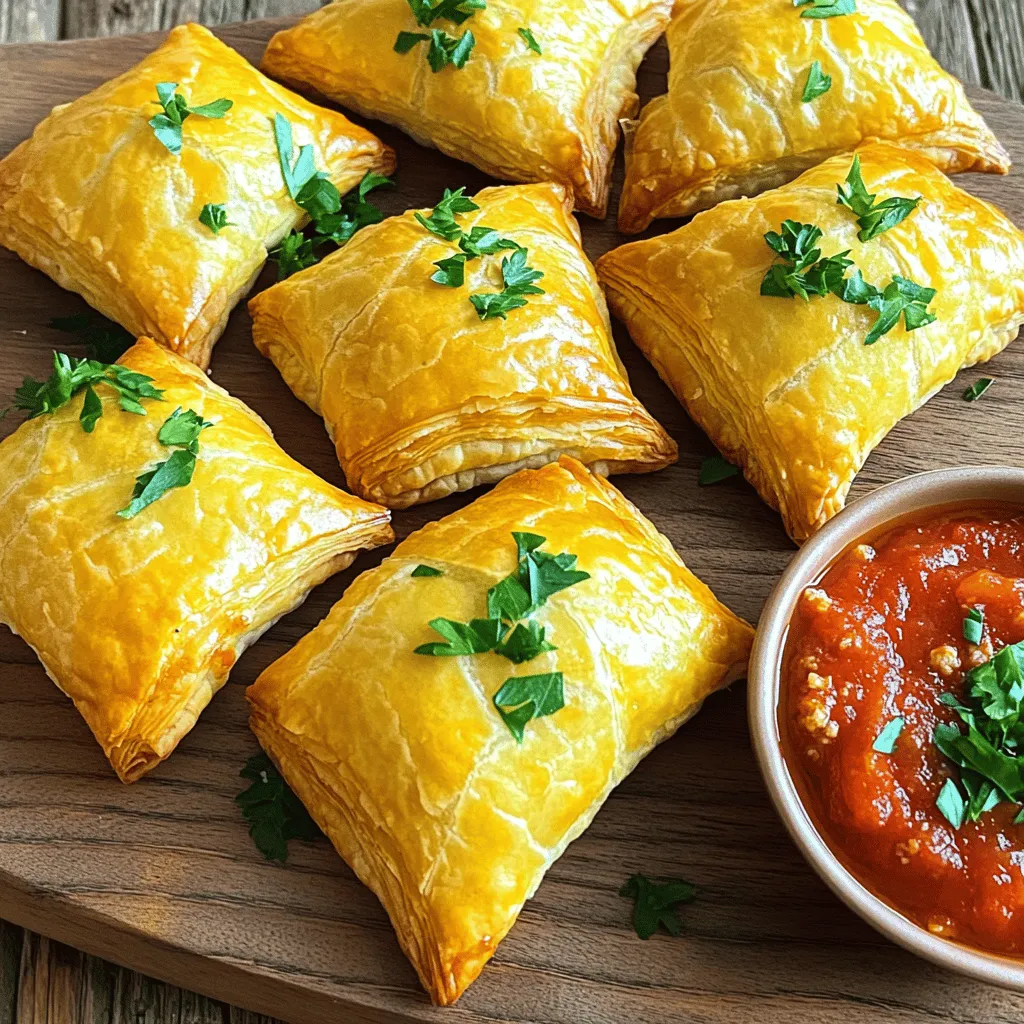 - 1 pound ground chicken - 1 cup puff pastry, thawed - 4 cloves garlic, minced - 1 small onion, finely chopped - 1/2 cup ricotta cheese - 1/4 cup grated Parmesan cheese - 1 teaspoon Italian seasoning - 2 tablespoons fresh parsley, finely chopped - Salt and pepper to taste Garlic chicken puffs start with simple yet flavorful ingredients. Ground chicken serves as the main protein. It cooks up tender and juicy, making it perfect for these puffs. Puff pastry adds a delightful crunch. You can buy it frozen. Just thaw before using. Garlic and onion bring depth to the dish. Minced garlic adds a strong flavor, while onion gives sweetness. Together, they create a tasty base for your filling. For the cheese, I love using ricotta. It adds creaminess and richness. The grated Parmesan brings a savory kick. Mixing these cheeses with the chicken makes the filling irresistible. Seasoning is key. I use Italian seasoning for a burst of flavor. Fresh parsley adds a bright touch. Don’t forget to season with salt and pepper to elevate the taste. You can find the full recipe to guide you through making these delicious snacks. - Preheat the oven: Start by heating your oven to 400°F (200°C). Line a baking sheet with parchment paper or lightly coat it with cooking spray to prevent sticking. - Cook chicken with garlic and onion: In a medium skillet, add a drizzle of olive oil over medium heat. Add minced garlic and chopped onion. Cook them until the onion is soft and smells sweet, about 3-4 minutes. Then, add the ground chicken. Cook it until there’s no pink left, breaking it apart with a spoon. Season with salt, pepper, and Italian seasoning. After it cooks, take it off the heat and let it cool for a few minutes. - Mix chicken with cheeses and parsley: In a large bowl, combine the cooled chicken mix with ricotta cheese, grated Parmesan cheese, and chopped parsley. Stir well until everything blends nicely. - Prepare and fill puff pastry: On a floured surface, roll out the thawed puff pastry. Use a knife to cut it into squares about 4x4 inches. Place a generous spoonful of the chicken filling in the center of each square. - Seal and bake the puffs: Fold each square to form a triangle. Press the edges to seal. Crimp the edges with a fork for a nice finish. Brush the tops with beaten egg for a golden color. Arrange the puffs on the baking sheet, leaving space between them. Bake for 15-20 minutes, or until they turn golden brown and puffed. These garlic chicken puffs are a delight to make and eat! For the full recipe, check out the section above. Enjoy your cooking! - Avoid overfilling the puffs: Use just enough filling. If you add too much, they may burst while baking. Aim for a tablespoon of filling for each puff. - Best practices for sealing: First, press the edges of the pastry to remove any air. Then, crimp the edges with a fork. This keeps the filling inside and makes a nice design. - Suggested seasoning additions: Try adding a pinch of smoked paprika or cayenne pepper. This gives the puffs a nice kick. Fresh herbs like thyme or basil also add great flavor. - Pairing sauces for serving: Serve your puffs with marinara sauce or garlic aioli. Both sauces enhance the garlic flavor and add moisture. - Plating suggestions: Stack the garlic chicken puffs on a bright plate. This makes them stand out. You can also arrange them in a circle for a fun look. - Garnishing with herbs: Sprinkle fresh parsley or chives on top. This adds color and freshness. It makes your dish look even more appetizing. {{image_4}} You can easily swap proteins in this recipe. Ground turkey works well if you want a leaner option. For a plant-based choice, try crumbled tofu or tempeh. Both alternatives keep the meal light but still tasty. You can add your favorite spices to enhance the flavor. Want to spice things up? Add diced jalapeños or red pepper flakes to make spicy chicken puffs. This will give your puffs a warm kick. For a different twist, try a Mediterranean flair. Mix in herbs like dill or mint, and add feta cheese for a rich taste. These options keep the dish fresh and exciting! While puff pastry is classic, phyllo dough adds a nice crunch. Just layer it well, and you’ll create a beautiful texture. If you need gluten-free options, look for gluten-free puff pastry. This way, everyone can enjoy the treat! You can find these options in most grocery stores now. After you enjoy your garlic chicken puffs, you may have some left. Store them in an airtight container in the fridge. They stay fresh for about three days. You can also freeze them for later. To freeze, place the puffs on a baking sheet first. Freeze them for one hour, then put them in a freezer bag. This way, they won't stick together. To enjoy your puffs again, reheating is key. Preheat your oven to 350°F (175°C). Place the puffs on a baking sheet. Heat them for about 10-15 minutes. This keeps them crispy. You can also use an air fryer. Set the air fryer to 350°F and reheat for about 5 minutes. This method helps keep the puffs nice and crunchy. In the fridge, garlic chicken puffs last for about three days. After that, they may spoil. Signs of spoilage include a sour smell, strange texture, or discoloration. If you see any of these, it’s best to throw them away. Always check your food before eating to stay safe. To make Garlic Chicken Puffs, gather these ingredients: - 1 pound ground chicken - 1 cup puff pastry, thawed - 4 cloves garlic, minced - 1 small onion, finely chopped - 1/2 cup ricotta cheese - 1/4 cup grated Parmesan cheese - 1 egg, beaten (for egg wash) - 2 tablespoons fresh parsley, finely chopped - 1 teaspoon Italian seasoning - Salt and pepper to taste - Cooking spray or parchment paper for baking Start by preheating your oven to 400°F (200°C). In a skillet, heat oil and cook minced garlic and onion until soft. Then, add the ground chicken and cook until no longer pink. Mix in salt, pepper, and Italian seasoning. Once cooked, let the mixture cool. In a bowl, combine this with ricotta, Parmesan, and parsley. Roll out your puff pastry into 4x4 inch squares. Fill each square with the chicken mixture, fold, seal, and crimp the edges. Brush with egg wash and bake for 15-20 minutes until golden. For the full recipe, check out the details above. Yes, you can freeze Garlic Chicken Puffs before baking. Start by preparing the puffs as usual. After sealing them, place them on a baking sheet in a single layer. Freeze them for about 1-2 hours until firm. Once frozen, transfer them to a freezer bag or container. When you want to bake them, preheat your oven. You can bake them straight from the freezer, but add about 5-10 minutes to the baking time. They will taste fresh and delicious! Garlic Chicken Puffs taste great with various dipping sauces. Here are some suggestions: - Marinara sauce for a classic Italian touch - Ranch dressing for a creamy, zesty flavor - Sweet chili sauce for a hint of sweetness - Garlic aioli for extra garlic flavor These sauces enhance the dish and keep your guests coming back for more! This blog post covered how to make delicious Garlic Chicken Puffs. We discussed key ingredients like chicken, puff pastry, and the perfect cheeses. You learned how to prepare the filling and seal the pastry for baking. I offered tips for enhancing flavors and unique variations to suit your taste. Lastly, you received advice on storage and reheating. I hope you feel confident to try this recipe. Enjoy making your own tasty Garlic Chicken Puffs!