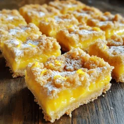 - 1 ½ cups all-purpose flour - ½ cup granulated sugar - ½ cup powdered sugar - ½ teaspoon baking powder - ¼ teaspoon salt - ½ cup unsalted butter, melted - 2 large eggs - ⅔ cup fresh lemon juice (about 3-4 lemons) - 2 teaspoons lemon zest (from the same lemons) - 1 tablespoon cornstarch - 1 teaspoon pure vanilla extract - Extra powdered sugar for a delightful dusting To make lemon crumb bars, you need some basic ingredients. These include flour, sugar, and butter. Fresh lemons give the bars their bright taste. Using proper measurements is key. For flour, use a standard measuring cup. If you don’t have unsalted butter, salted butter works too. Just skip the added salt. If you need a gluten-free option, almond flour can work, but results may vary. Want to add a twist? Try mixing in some berries. Blueberries or raspberries pair well with lemon. You could also add fresh herbs like mint for a unique taste. Another option is to swap some lemon juice for lime juice. This gives a fun, fresh flavor. If you'd like to see the complete process, check the Full Recipe for step-by-step instructions. Start by preparing your 8x8-inch baking dish. This size is perfect for lemon crumb bars. Line the dish with parchment paper. Let the paper hang over the edges. This helps you lift out the bars later. Preheat your oven to 350°F (175°C) while you prepare the crust. In a medium bowl, mix together the dry ingredients. Combine 1 ½ cups of flour, ½ cup of granulated sugar, ½ cup of powdered sugar, ½ teaspoon of baking powder, and ¼ teaspoon of salt. This mix is the base of your crust and topping. Pour in ½ cup of melted butter. Stir gently until the dough becomes crumbly. Set aside 1 cup of this crumb mixture for later. Firmly press the rest into the bottom of your lined dish. Make sure it is smooth and even. In a large bowl, whisk together the eggs and fresh lemon juice. Use about ⅔ cup of juice, which is about 3 to 4 lemons. Add 2 teaspoons of lemon zest to boost flavor. Then, mix in 1 tablespoon of cornstarch and 1 teaspoon of vanilla extract. Blend until the mixture is smooth and frothy. Now, pour the lemon filling over the crust in your baking dish. Take the reserved crumb mixture and sprinkle it evenly on top. Bake in the oven for about 22-25 minutes. The edges should look lightly golden brown. To check if they are done, insert a toothpick into the center. It should come out clean or with a few moist crumbs. Once baked, let the dish cool completely on a wire rack. When cooled, lift the bars out using the parchment paper. Transfer them to a cutting board and slice into squares. Before serving, dust each bar with powdered sugar. This adds a lovely touch to your beautiful dessert. Enjoy your lemon crumb bars! For detailed instructions, refer to the Full Recipe. - Ensuring Even Baking: Place the baking dish in the center of the oven. This helps the heat spread evenly. Rotate the dish halfway through baking for best results. - Avoiding Overmixing: Mix your batter gently. Overmixing can make the bars tough. Stir just until you see no dry flour. - Test for Correct Consistency: Use a toothpick to check doneness. Insert it into the center. If it comes out clean or with a few moist crumbs, your bars are ready. - Dusting with Powdered Sugar: After cooling, sprinkle powdered sugar on top. This adds a nice touch and looks great in photos. - Serving Suggestions: Cut the bars into squares. Serve them plain or with whipped cream for extra fun. - Pairing with Beverages: These bars go well with iced tea or lemonade. A light drink highlights the lemon flavor. - Overbaking or Underbaking: Keep an eye on the timer. Overbaked bars can be dry; underbaked ones can be gooey. - Incorrect Ingredient Measurements: Use measuring cups and spoons for accuracy. Too much flour can change the texture. - Not Allowing to Cool Properly: Let the bars cool completely before slicing. This helps them set and makes them easier to cut. {{image_4}} You can make lemon crumb bars even more fun! Here are a few ideas: - Adding Berries or Other Citrus Fruits: Mix in fresh blueberries or raspberries for a burst of flavor. You can also add orange or lime juice for a twist. - Introducing Herbs like Basil or Mint: Adding a touch of fresh basil or mint can bring a new taste. Just chop them finely and mix into the lemon filling. - Swapping Lemon for Lime or Orange: Try using lime or orange juice instead of lemon. Each fruit will change the taste in a delightful way. If you want a lighter version of these bars, here are some swaps: - Using Whole Wheat Flour: Swap all-purpose flour for whole wheat flour. This makes the bars healthier and adds a nutty flavor. - Reducing Sugar Content: Cut back on the sugar. You can use less granulated sugar or try a sugar substitute. - Making Vegan Lemon Crumb Bars: Replace eggs with flax eggs or applesauce. Use coconut oil instead of butter for a vegan option. You can create new dessert ideas with lemon crumb bars! - Layering with Cheesecake: Create a layered dessert by adding cheesecake filling on top of the crust before the lemon layer. - Serving with Ice Cream: A scoop of vanilla ice cream complements the tartness of the bars perfectly. - Making Lemon Crumb Bar Parfaits: Layer pieces of the crumb bars with whipped cream and fresh fruit in a glass for a fun treat. Feel free to explore these variations to make your lemon crumb bars unique and exciting! For the full recipe, check the earlier section. - Storing in the Refrigerator: Keep your lemon crumb bars in the fridge. Use a covered dish or wrap them tightly in plastic wrap. This helps keep them fresh and tasty for longer. - Freezing Leftover Bars: If you want to save some bars for later, freeze them. Cut the bars into squares. Wrap each square in plastic wrap, then place them in a freezer bag. They will stay fresh for up to three months. - Using Airtight Containers: For both fridge and freezer storage, use airtight containers. They help protect the bars from drying out and absorbing odors from other foods. - How Long They Last in the Fridge: In the fridge, lemon crumb bars last about one week. After that, they may lose flavor or texture. - Guidelines for Freezing: If stored properly in the freezer, they can last up to three months. Just remember to label the bags with the date. - Best Methods for Reheating: To reheat, use the microwave. Place a bar on a plate and heat for about 10-15 seconds. This warms them up without drying them out. - How to Restore Texture: If the bars feel too soft after freezing, place them in the oven for a few minutes. Preheat the oven to 300°F (150°C) and warm them on a baking sheet. This will help restore their crumbly texture, making them delightful again. To check if your bars are done, look for a few signs. The edges should turn golden brown. The center should be set and not jiggly. You can also test with a toothpick. Insert it into the center; it should come out clean or with a few moist crumbs stuck to it. If it comes out wet with batter, bake a little longer. Yes, you can make lemon crumb bars ahead of time. They store well in the fridge. Just cover them tightly with plastic wrap. You can also freeze them. Wrap each bar in plastic wrap, then place them in an airtight container. This way, they stay fresh. If you don’t have fresh lemons, don’t worry! You can use bottled lemon juice. Look for 100% pure lemon juice without added sugars. You can also use lemon zest from dried lemon peel. Keep in mind that fresh lemons give the best flavor. You can find the full recipe for lemon crumb bars in the earlier sections. It includes all the steps and tips. Following the full recipe carefully will help you make the best bars. Don’t skip any steps for the best results! In this post, we explored the tasty world of lemon crumb bars. We covered key ingredients, step-by-step baking instructions, and tips for perfect results. You learned about fun variations and how to store your bars. Whether you want a classic treat or a healthier twist, these recipes fit your needs. Enjoying lemon crumb bars is easy when you follow these tips. So, bake these delicious bars and treat yourself and others to something special!