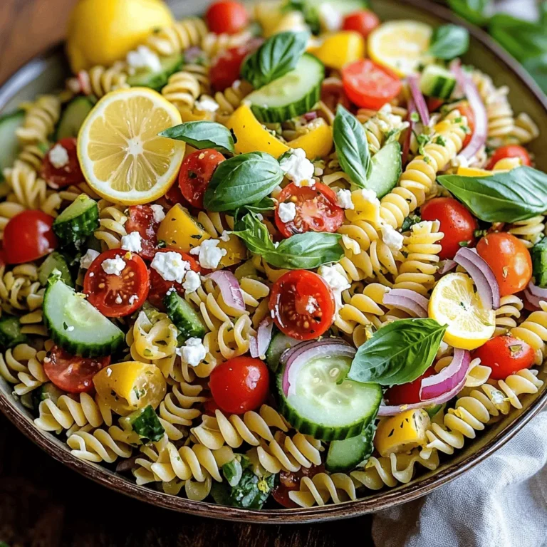 - 8 ounces fusilli pasta - 1 cup cherry tomatoes, halved - 1 cucumber, diced - 1/2 red bell pepper, diced - 1/4 red onion, thinly sliced - 1 cup fresh basil leaves, chopped - 1/2 cup feta cheese, crumbled When I make this lemon basil pasta salad, I love using fusilli pasta. The twists hold the dressing well, giving each bite flavor. Cherry tomatoes add a burst of sweetness. Their bright color makes the salad look fresh and inviting. Diced cucumber adds a crisp texture. The red bell pepper and onion bring a lovely crunch and color. Fresh basil is key. It gives the salad its unique, aromatic flavor. I always recommend using whole leaves, as they are more fragrant. Feta cheese adds creaminess and a salty touch. It balances the bright flavors from the lemon and basil. - 1/4 cup extra virgin olive oil - 3 tablespoons fresh lemon juice - Zest of 1 lemon - Salt and freshly ground black pepper to taste For the dressing, I use extra virgin olive oil for its rich taste. Fresh lemon juice brightens the salad and gives it a zesty kick. The lemon zest enhances the lemon flavor and adds a nice aroma. Don't forget to season with salt and pepper. This makes the flavors pop. - Additional lemon slices - Whole basil leaves for decoration Garnishes can elevate the salad's look. I like to add extra lemon slices for a fresh touch. Whole basil leaves also make a beautiful decoration. They make the salad feel special and inviting. You can find the full recipe for this delightful dish in the earlier section. Enjoy making it! - Bring salted water to a boil. - Cook fusilli pasta for 8-10 minutes until al dente. - Drain and cool under cold water. Start by filling a large pot with water. Add about a tablespoon of salt to the water. This will help flavor the pasta. Once the water is boiling, add the fusilli pasta. Stir it a little to prevent sticking. Keep an eye on it and check for doneness after 8 minutes. You want it firm but not hard. When it's ready, pour it into a colander. Rinse it under cold water to stop the cooking. This step is key to keep your pasta perfect. - Combine pasta with vegetables in a large bowl. - Carefully mix to avoid breaking the pasta. - Add fresh basil and feta cheese. In a large bowl, add the cooled pasta. Next, toss in your chopped vegetables: halved cherry tomatoes, diced cucumber, diced red bell pepper, and thinly sliced red onion. Gently stir the mixture. You want to blend the colors and flavors without squishing the pasta. Finally, add the chopped basil and crumbled feta cheese. The fresh herbs and cheese will bring life to your salad. - Whisk together dressing ingredients. - Drizzle over salad and toss to combine. - Season with salt and pepper to taste. For the dressing, grab a small bowl. Add extra virgin olive oil, fresh lemon juice, and lemon zest. Use a whisk to mix them well. This will create a bright and zesty flavor. Once mixed, drizzle this dressing over your pasta salad. Gently toss everything together. Make sure all the ingredients are coated. Then, taste your salad. Add salt and freshly ground black pepper as needed. Adjust to your liking. Your lemon basil pasta salad is now ready to chill and meld in the fridge. If you want the full recipe, check out the details above! To avoid mushy pasta in salads, cook your pasta just right. Use salted water and boil it for 8-10 minutes until it is al dente. This means it should be firm but not hard. After draining, rinse the pasta under cold water. This cooling step is key! It stops the cooking process and keeps the pasta from sticking together. To add more taste, mix in extra herbs. Fresh parsley or oregano can work well with lemon and basil. If you want a different cheese, try goat cheese or mozzarella. Each adds a unique twist to the flavor. Serve your pasta salad in a big, shallow bowl for a nice look. This helps show off the colorful veggies. For a fun touch, add lemon slices around the bowl's edge. You can also sprinkle whole basil leaves on top. This makes it inviting and fresh, ready for everyone to enjoy. {{image_4}} You can easily add protein to your lemon basil pasta salad. Grilled chicken or shrimp works great. Just cook them before adding to the salad. This will make the dish heartier. If you're looking for vegetarian options, try chickpeas or black beans. They add texture and flavor without meat. Tofu is another excellent choice. It absorbs the dressing well and adds protein too. Using seasonal vegetables can make your salad fresh and exciting. In summer, use ripe tomatoes and sweet corn. In fall, consider roasted butternut squash or Brussels sprouts. These vegetables bring different flavors. You can also adjust the salad's flavors based on the season. Use herbs like thyme in winter or fresh mint in spring. This keeps your dish lively and tasty all year. Different dressings can change the whole feel of your salad. Try using balsamic vinaigrette for a sweet touch. A garlic-infused olive oil adds depth and richness. If you want something creamy, make a yogurt-based dressing. Mix yogurt with lemon juice and herbs for a twist. Each dressing can bring out new flavors in your salad. For the full recipe, check out the complete guide. To keep your lemon basil pasta salad fresh, place it in an airtight container. Make sure the lid seals tightly. This helps prevent air from spoiling the salad. Store it in the fridge right after serving. If you have any leftovers, this method keeps it tasty for later. Lemon basil pasta salad can last about three to five days in the fridge. Check for signs of spoilage before eating. If you notice a bad smell or slimy texture, it's best to toss it out. Freshness is key for great taste. You can freeze pasta salad, but note that some ingredients may change texture. To freeze, put the salad in a freezer-safe bag. Squeeze out any air before sealing. When you want to eat it, let it thaw in the fridge overnight. After thawing, mix it gently to restore its original flavor. For the best taste, eat it within a month. You can refer to the Full Recipe for more tips on fresh ingredients. To make this salad vegan, you can swap the feta cheese for a plant-based cheese. You can also use nutritional yeast for a cheesy flavor. Make sure the pasta is egg-free. Use a vegan mayo instead of the dressing if you prefer a creamier version. Yes, you can prepare this salad ahead of time. To keep it fresh, store it in an airtight container. Add the dressing just before serving to prevent the pasta from getting soggy. This way, the flavors stay bright and zesty. This salad pairs well with grilled chicken or fish. It also goes nicely with burgers. For a potluck, serve it in a large bowl with a spoon. A good serving size is about one cup per person. Add more if your guests are big eaters. This blog post covers how to make a vibrant lemon basil pasta salad. We discussed the main ingredients, steps to prepare it, and tips for perfecting flavors. You can adapt the recipe with various proteins or dressings. Freshness is key for storage and presentation. Overall, enjoy trying new twists to this classic dish. Your choices can turn this salad into a favorite for any meal. Let your creativity shine!