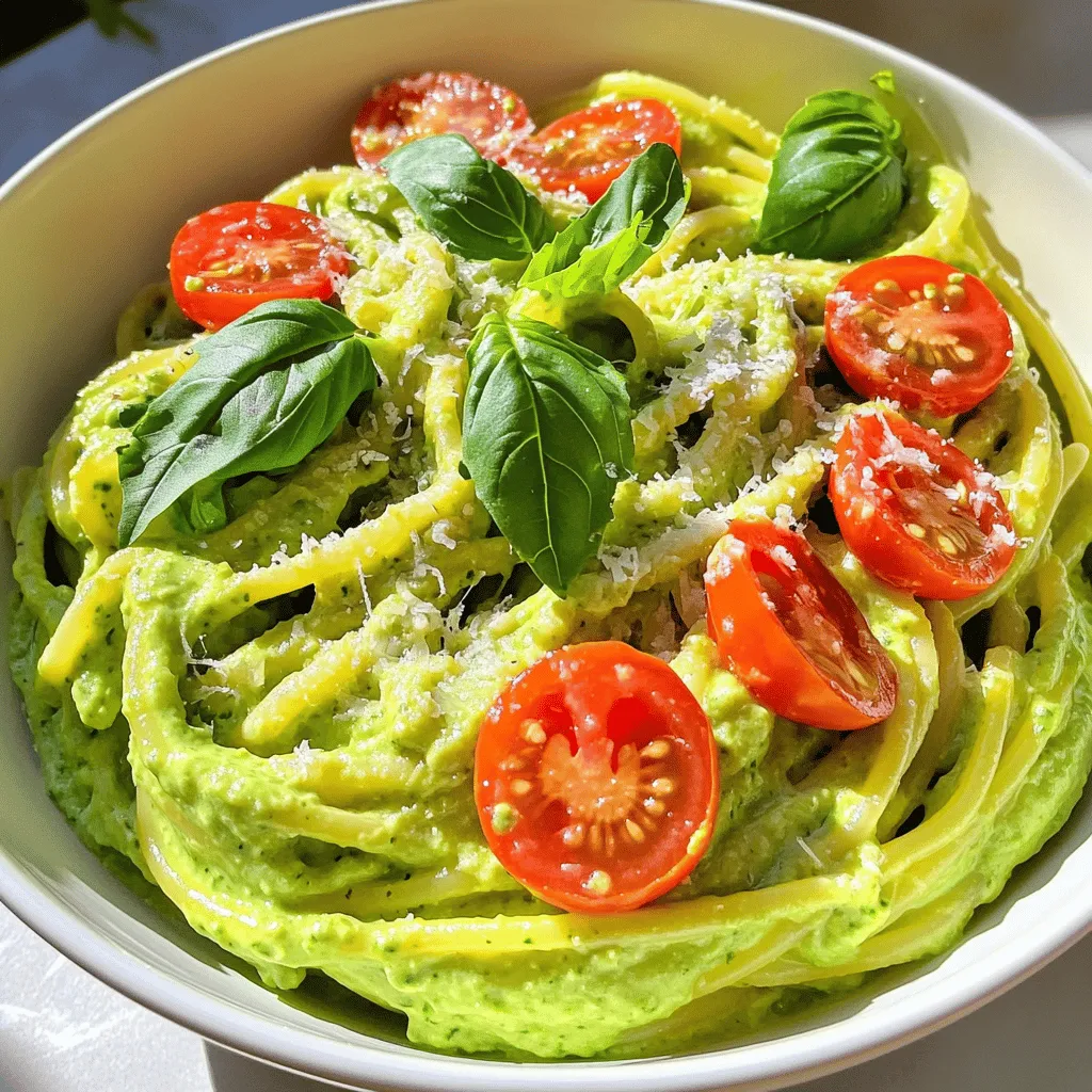 - 2 ripe avocados, halved and pitted - 2 cloves garlic, finely minced - 2 tablespoons freshly squeezed lemon juice - ¼ cup fresh basil leaves, packed - ½ cup Greek yogurt, plain - ½ teaspoon red pepper flakes (optional for heat) - Salt and freshly ground black pepper to taste - 8 oz spaghetti or your preferred pasta type - 2 tablespoons extra virgin olive oil - Handful of cherry tomatoes, halved (for garnish) - Grated Parmesan cheese (optional, for serving) You can swap the Greek yogurt for a dairy-free option like cashew cream if needed. Adding more garlic can also enhance the flavor. Feel free to adjust the red pepper flakes to suit your spice level. This creamy avocado pasta recipe serves four and contains about 400 calories per serving. Key ingredients provide important nutrients: - Avocado: Rich in healthy fats, fiber, and vitamins C and E. It helps improve heart health and keeps you full. - Greek Yogurt: Offers protein and probiotics, which support digestion and muscle health. - Olive Oil: A source of healthy fats, it can lower bad cholesterol levels. - Garlic: Contains allicin, a compound known for its health benefits, including boosting the immune system. Overall, this dish combines tasty ingredients that support a healthy diet while being quick and easy to prepare. To cook the spaghetti, bring a large pot of salted water to a boil. Add the pasta and cook according to the package directions. Aim for al dente, which means the pasta should be firm but not hard. This will give your dish great texture. Before draining, make sure to reserve about ½ cup of the starchy pasta water. This water will help thicken and bind the sauce later. While the pasta cooks, we can make the sauce. Take two ripe avocados, cut them in half, and remove the pits. Scoop the avocado flesh into a blender. Add two cloves of minced garlic, two tablespoons of fresh lemon juice, and ¼ cup of fresh basil leaves. Then, include ½ cup of plain Greek yogurt and salt and pepper to taste. If you like a bit of heat, add ½ teaspoon of red pepper flakes. Blend everything until smooth. If your mixture is too thick, you can add a bit of reserved pasta water. Each ingredient adds rich flavor. The avocado gives creaminess, the garlic adds zest, and the lemon juice brightens it all up. Once the pasta is done, drain it and return it to the pot. Pour the creamy avocado sauce over the hot pasta. Gently toss them together, ensuring every piece of pasta is coated. Now, add the reserved pasta water a little at a time until you reach the sauce’s perfect consistency. It should be creamy and cling to the pasta. Drizzle two tablespoons of extra virgin olive oil over the dish and toss it again. This adds flavor and richness. Your creamy avocado pasta is ready to serve! To keep your sauce smooth, blend the avocados until they are completely creamy. If you notice chunks, blend a bit longer. You can also add a splash of pasta water to help blend. For a richer texture, substitute Greek yogurt with heavy cream or coconut cream. This adds creaminess without extra work. You can boost the taste with fresh herbs like parsley or cilantro. A pinch of cumin or smoked paprika adds a nice touch too. For protein, mix in grilled chicken, shrimp, or chickpeas. They pair well with the creamy sauce and add nutrition. Serve your pasta in deep bowls for a beautiful look. Add fresh basil leaves and a drizzle of olive oil on top. For added flair, sprinkle some grated Parmesan cheese or vegan cheese alternatives. Cherry tomatoes not only taste great but also add a pop of color. {{image_4}} To make this creamy avocado pasta vegan, simply swap out a few key ingredients. Instead of Greek yogurt, use cashew cream for that rich, creamy texture. Cashew cream is made by blending soaked cashews with water until smooth. This keeps your dish dairy-free while still giving you the creaminess you crave. If you need a gluten-free meal, choose pasta made from rice, quinoa, or lentils. These options provide great texture and flavor. For a low-carb choice, use zucchini noodles or spaghetti squash. Both add a fresh taste and keep the dish light. There are endless ways to make this dish your own! Add in vegetables like spinach, peas, or broccoli for extra color and nutrients. For protein, consider grilled chicken, shrimp, or chickpeas. Nuts like walnuts or pine nuts can add a nice crunch. You can also change things up with seasonal ingredients. In summer, toss in fresh corn or bell peppers; in fall, try roasted butternut squash. Each variation keeps your creamy avocado pasta exciting and new. To keep your creamy avocado pasta fresh, store it in an airtight container. This helps prevent air from drying it out. When refrigerated, it can last about 2 to 3 days. However, avocado can brown quickly. To slow this, squeeze extra lemon juice over the pasta before sealing it. This tip keeps the dish looking and tasting great. When reheating, use a gentle heat to avoid ruining the texture. The best way is to warm it on the stove. Add a splash of water or olive oil to help loosen the sauce. Stir continuously until heated through. If the sauce thickens in the fridge, adding a bit more reserved pasta water will help. This keeps your dish creamy and delicious. Creamy avocado pasta stays good in the fridge for about 2 days. To keep it fresh, store it in an airtight container. If you notice the sauce turning brown, that's normal. Just stir it well before serving. Yes, you can make the avocado sauce ahead of time. To keep it fresh, store it in an airtight container. Squeeze a little lemon juice on top to slow down browning. When ready to use, stir it well before mixing it with the pasta. You can serve creamy avocado pasta with a side salad or garlic bread. Grilled chicken or shrimp adds protein. Roasted vegetables also pair nicely. For extra crunch, try adding toasted nuts or seeds. Yes, creamy avocado pasta is healthy. Avocados are full of healthy fats and fiber. Greek yogurt adds protein and creaminess. For a lighter dish, use whole grain or vegetable pasta. You can also swap out the Greek yogurt for a plant-based option if desired. In this post, we explored how to make a creamy avocado pasta that is both tasty and healthy. We covered each ingredient and its benefits, along with cooking steps for the perfect dish. I shared tips for customizing and presenting your pasta, ensuring delicious results every time. Remember, this recipe is flexible. You can adjust it to fit your taste or diet. Enjoy creating your creamy avocado pasta, and make it your own!