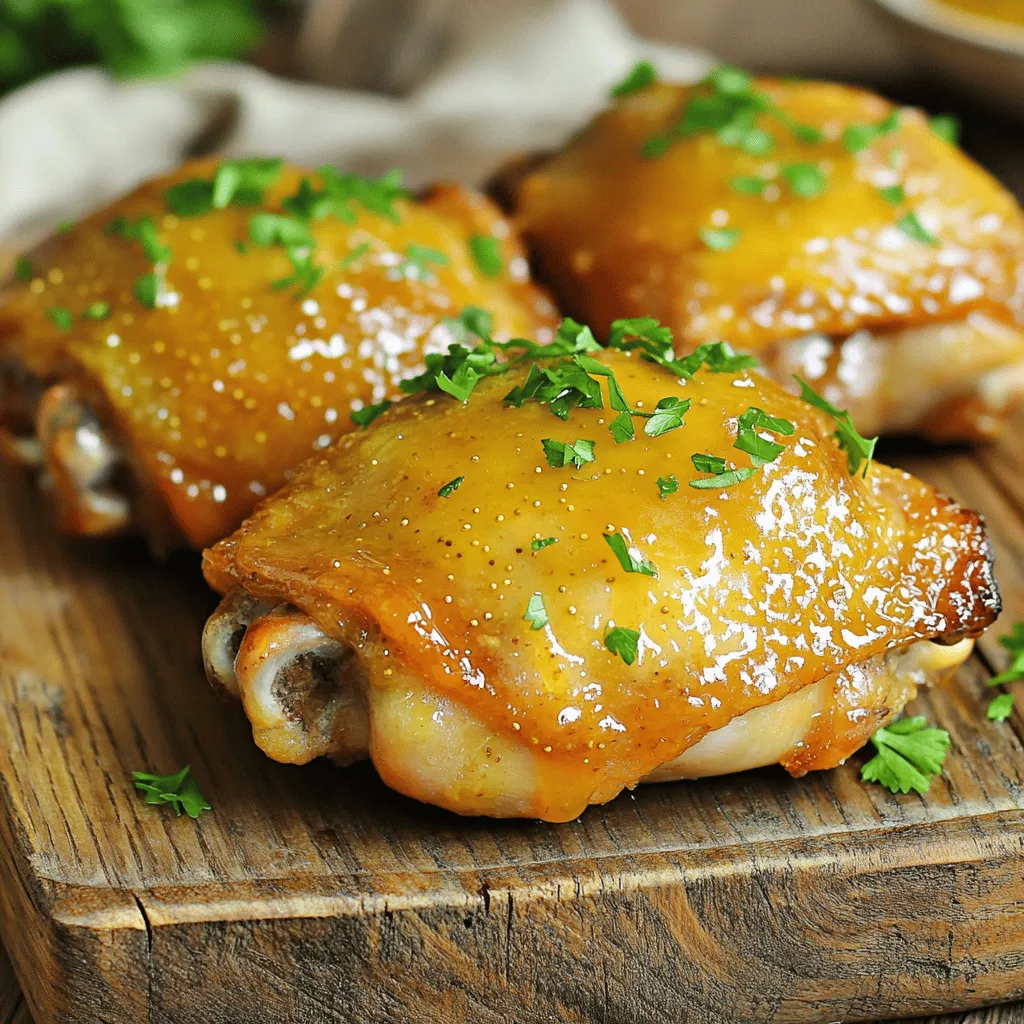 To make honey mustard chicken thighs, gather these key items: - 4 bone-in, skin-on chicken thighs - 1/4 cup Dijon mustard - 1/4 cup honey - 2 tablespoons olive oil - 3 cloves garlic, minced - 1 teaspoon paprika - 1 teaspoon dried thyme - Salt and pepper to taste - Fresh parsley, chopped (for garnish) You can boost the taste with these optional ingredients: - 1 tablespoon apple cider vinegar for tang - 1 teaspoon chili powder for heat - Lemon zest for a fresh kick - A sprinkle of brown sugar for extra sweetness This dish is not only tasty but also has solid nutrition. Each serving of honey mustard chicken thighs has: - About 350 calories - 20 grams of fat - 30 grams of protein - 5 grams of carbohydrates - Rich vitamins from the garlic and herbs These ingredients come together to create a meal that is both simple and full of flavor. Every bite offers sweet, tangy goodness that makes your taste buds dance. First, you need to preheat your oven. This step is key for great cooking. Set your oven to 400°F (200°C). This temperature ensures your chicken cooks evenly and gets crispy. While the oven warms up, you can prepare the marinade and chicken. Now, let’s whip up the honey mustard marinade. In a medium bowl, add 1/4 cup of Dijon mustard and 1/4 cup of honey. These two ingredients balance well, giving a sweet and tangy flavor. Next, pour in 2 tablespoons of olive oil for richness. Then, add 3 minced garlic cloves for a flavor boost. Sprinkle in 1 teaspoon of paprika and 1 teaspoon of dried thyme for extra taste. Add salt and pepper to your liking. Whisk everything together until it’s smooth and well mixed. This marinade is what makes the chicken shine. Now, it’s time to work with the chicken. Take 4 bone-in, skin-on chicken thighs and pat them dry with paper towels. This step is important. Dry skin gets crispy when cooked. Place the chicken in a large bowl or a baking dish. Pour the marinade over the chicken, making sure each piece gets covered. For the best flavor, let the chicken marinate for at least 20 minutes. If you have more time, marinate it longer. This allows the flavors to soak in deeply. After marinating, you’re ready to bake your chicken! Check the full recipe for more details. To get that perfect crispy skin, start with dry chicken. Pat the chicken thighs with paper towels before marinating. This step helps remove excess moisture. For the best results, use bone-in, skin-on thighs. The skin will crisp up beautifully in the oven. A high oven temperature of 400°F (200°C) also aids in achieving crispy skin. If you want an extra crunch, broil the chicken for the last few minutes. Just watch closely to avoid burning. Marinating chicken is key for flavor. I suggest a minimum of 20 minutes. This allows the marinade to soak in. For even deeper flavor, marinate for up to 2 hours. You can also prepare the chicken in the morning and let it sit in the fridge until dinner. Just remember, longer marination means more flavor, but don’t exceed 24 hours. The acidity in the mustard can affect the texture if left too long. To ensure your chicken is done, use a meat thermometer. The safe internal temperature is 165°F (75°C). Insert the thermometer into the thickest part of the thigh, avoiding bone. If you don't have a thermometer, check the juices. They should run clear, not pink. The skin should look golden brown. If it’s still pale, give it a few more minutes in the oven. Always let the chicken rest for 5 minutes after baking. This helps keep it juicy and tender. For the full recipe, check out the section above. {{image_4}} You can change the flavor of your honey mustard chicken thighs by using different herbs. Try rosemary for a woodsy taste. You can also use oregano for a hint of the Mediterranean. Basil adds a fresh twist, while cilantro gives it a bright flavor. Mix and match these herbs to find your favorite blend. Experimenting with herbs makes cooking fun and exciting! Grilling honey mustard chicken thighs brings a smoky flavor that’s hard to beat. Start by following the marinade steps from the Full Recipe. After marinating, preheat your grill to medium-high heat. Place the chicken thighs skin-side down on the grill. Cook for about 7-10 minutes per side. This gives you crispy skin and juicy meat. You can brush extra marinade on during cooking for added flavor. Using a slow cooker for honey mustard chicken thighs is super easy. First, prepare the marinade like in the Full Recipe. Place the chicken thighs in the slow cooker and pour the marinade over them. Set it to low for 6-7 hours or high for 3-4 hours. This method makes the chicken very tender and full of flavor. Serve it with rice to soak up the delicious sauce! To keep your honey mustard chicken thighs fresh, let them cool completely. Once cool, place them in an airtight container. You can store them in the fridge for up to three days. If you want to keep them longer, freezing is a great option. Always label the container with the date to track storage time. When you’re ready to enjoy the leftovers, reheat them in the oven. Set your oven to 350°F (175°C). Place the chicken on a baking sheet and cover it with foil. Heat for about 20 minutes. This method keeps the chicken juicy and the skin crispy. You can also use a microwave, but the skin may lose its crispiness. If you use the microwave, heat on medium power for short bursts, checking often. If you want to freeze the chicken, first ensure it is completely cooled. Wrap each thigh in plastic wrap, then place them in a freezer bag. Squeeze out excess air before sealing. You can freeze honey mustard chicken thighs for up to three months. To thaw, place them in the fridge overnight before reheating. Enjoy this simple and tasty meal anytime! You can find the full recipe in the article to make it again. You can serve honey mustard chicken thighs with many sides. Some great options include: - Roasted vegetables like carrots and broccoli - Mashed potatoes or sweet potatoes - A fresh garden salad with a light dressing - Rice or quinoa for a hearty side - Garlic bread or dinner rolls for a cozy touch These sides balance the sweet and tangy flavors of the chicken. They also add color and texture to your meal. Yes, you can use boneless chicken thighs. They will cook faster than bone-in thighs. To adjust the cooking time, bake them for about 25-30 minutes. Always check that the internal temperature reaches 165°F (75°C). Boneless thighs will still absorb the honey mustard flavor well. To add spice, try these options: - Mix in a teaspoon of cayenne pepper or red pepper flakes into the marinade. - Substitute some Dijon mustard with spicy brown mustard. - Add minced jalapeños or a splash of hot sauce for heat. These tweaks will give your chicken a nice kick without losing its sweet taste. Enjoy experimenting with flavors! This blog post explored the tasty world of honey mustard chicken thighs. We reviewed main ingredients, optional add-ons, and their nutrition facts. I detailed simple steps for cooking, from preheating the oven to making a flavorful marinade. With tips for crispy skin and perfect doneness, you can easily wow your family or friends. We also looked at fun recipe variations, storage tips, and addressed common questions. Enjoying this dish is simple, and you can create your own favorite twist. Happy cooking!