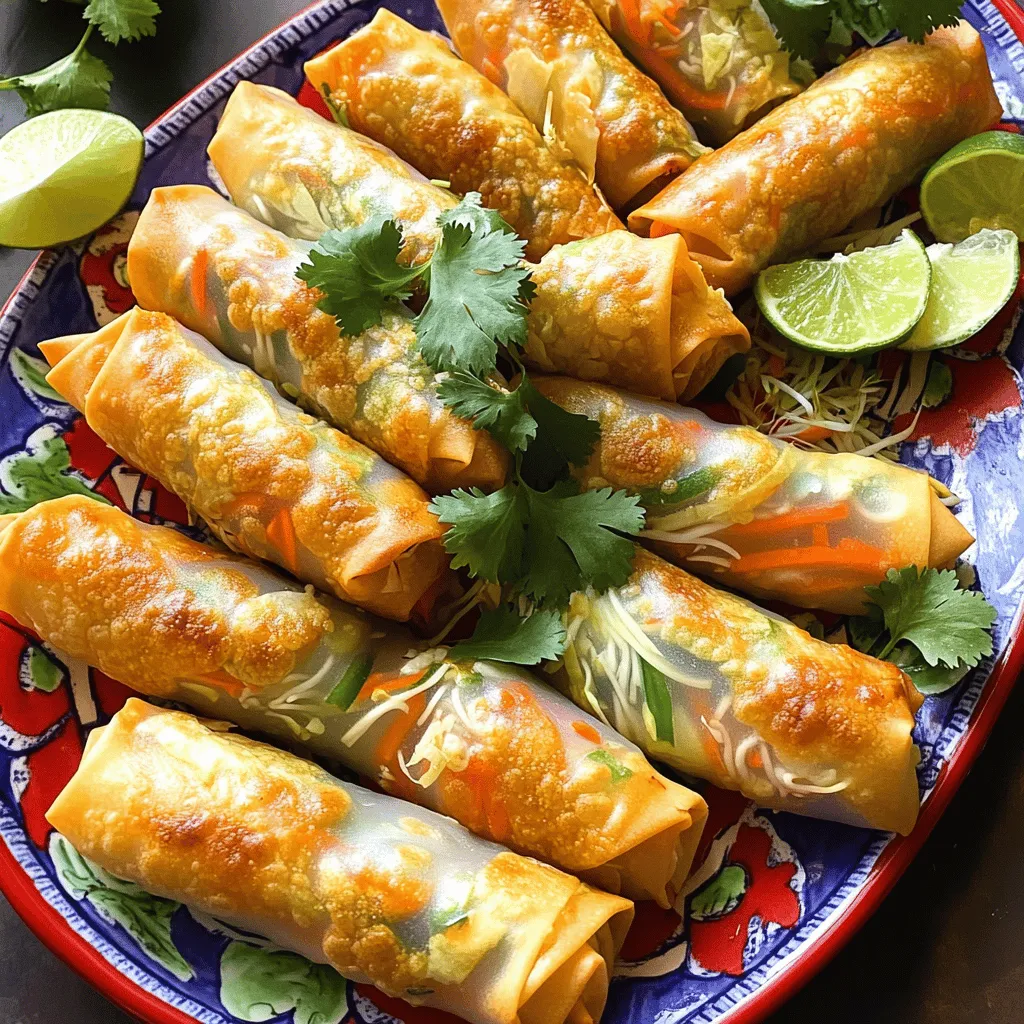 - 1 cup finely shredded cabbage - 1 cup finely shredded carrots - 1 bell pepper, thinly sliced - 1 cup fresh bean sprouts - 2 green onions, finely chopped - 2 cloves garlic, minced - 1 tablespoon fresh ginger, grated - 1 teaspoon soy sauce (or tamari) - 1 tablespoon toasted sesame oil - 12 rice paper wrappers - Cooking spray or olive oil for brushing - Salt and black pepper to taste To create these baked veggie spring rolls, gather all these fresh ingredients. I love using vibrant colors in my veggies. They not only look good but also taste amazing! The combination of cabbage, carrots, and bell pepper gives a great crunch. Fresh bean sprouts add a nice texture too. For flavor, garlic and ginger bring a punch. Soy sauce adds depth, while sesame oil gives a nutty kick. Don't forget the rice paper wrappers! They are key to making our spring rolls. I recommend brushing the rolls with olive oil or cooking spray for that lovely crispy finish. You can find the full recipe in the article above. Enjoy your cooking! - Preheat oven to 400°F (200°C). - Line a baking sheet with parchment paper. - Sauté garlic and ginger until fragrant. - Stir-fry cabbage, carrots, bell pepper, and bean sprouts. To cook the filling, I start by heating sesame oil in a large skillet. I add minced garlic and grated ginger. I sauté them for about one minute. This step adds a nice aroma to the dish. Next, I introduce the shredded cabbage, carrots, bell pepper, and bean sprouts. I stir-fry everything for 3-4 minutes. This keeps the veggies crunchy yet tender. After cooking, I remove the skillet from heat. I stir in the chopped green onions and a splash of soy sauce. I season with salt and black pepper to taste. Make sure to mix it well. - Dip rice paper in warm water and soften. - Spoon filling onto the wrapper and roll. For the spring rolls, I take a shallow dish and fill it with warm water. I dip a rice paper wrapper in the water for about 10 seconds. Once it’s soft, I lay it on a clean surface. I take about 2 tablespoons of the veggie filling and place it on the lower third of the wrapper. I then fold in the sides and roll from the bottom up tightly. I repeat this for all the wrappers and filling. - Arrange rolls on the baking sheet and brush with oil. - Bake for 15-20 minutes, flipping halfway. I place the rolled spring rolls seam-side down on the baking sheet. I lightly spray or brush them with cooking spray or olive oil. This step helps them turn golden brown. I bake them in the preheated oven for 15-20 minutes. I flip them halfway through for even cooking. When they are golden and crispy, they are ready to enjoy. For the full recipe, check below. To ensure even cooking, bake spring rolls on a lined sheet. Flip them halfway through baking. This method lets hot air circulate around each roll. Make sure they are spaced out. Crowding the pan can lead to soggy spots. For a crispy texture, lightly brush the rolls with oil. You can use cooking spray or olive oil. This step helps them brown nicely. Do not skip this, or they might not be as crunchy. Also, keep an eye on the oven temperature. Too high can burn them, while too low can make them soft. Dipping sauces make the rolls shine. Try spicy sriracha for a kick. Sweet chili sauce is a great choice for those who prefer mild spice. You can also mix soy sauce with lime juice for a fresh taste. To present your spring rolls, use a colorful platter. Add fresh cilantro and lime wedges for flair. Arrange the rolls neatly to catch the eye. This presentation makes them fun to eat. You can swap veggies based on your taste. Try zucchini or mushrooms for fun flavors. Bell peppers can be any color for a vibrant look. Even add cooked quinoa for extra texture. If you need gluten-free options, use rice paper wrappers. They are easy to find at stores. You can also use lettuce leaves for a fresh twist. This way, everyone can enjoy your spring rolls without worry. {{image_4}} You can change the filling for your baked veggie spring rolls to suit your taste. Adding proteins like tofu or shrimp gives a nice boost. Tofu is a great choice for a vegan option. It soaks up flavors well and adds a nice texture. You can also use cooked chicken or beef if you prefer meat. For a vegan twist, try adding chickpeas or lentils. They pack protein and fiber, making your rolls even healthier. You can mix in mushrooms or zucchini for extra flavor. Mix and match your favorite veggies to create your perfect filling. Adding herbs and spices can take your spring rolls to the next level. Fresh herbs like cilantro or mint give a bright taste. You can also add basil or parsley for a unique flavor. Spices like paprika or chili flakes add warmth and depth. Experimenting with different sauces can also enhance the taste. A sweet chili sauce pairs well with the crispy rolls. You can try peanut sauce for a creamy touch or soy sauce for a salty kick. Don’t be afraid to mix sauces for a fun twist! Wrapping your spring rolls can be fun and creative. Making mini rolls is a great way to serve appetizers. Just use smaller pieces of rice paper and less filling. They are perfect for parties or snacks. You can also try different kinds of wrappers. Use whole wheat or gluten-free wrappers for a healthier option. You can even use lettuce leaves for a low-carb version. It’s all about what you like and what you want to try! To keep your baked veggie spring rolls fresh, store them in the fridge. Place them in an airtight container. They will stay good for about three days. If you want to save them for longer, you can freeze them. To freeze, first, let the rolls cool completely. Then, wrap each roll in plastic wrap. Place them in a freezer-safe bag. You can freeze them for up to three months. This way, you can enjoy your spring rolls later. To reheat baked spring rolls, the oven is your best friend. Preheat the oven to 350°F (175°C). Place the rolls on a baking sheet. Bake them for about 10 minutes. This method helps restore their crispiness. If you need a quick option, you can use the microwave. Place the rolls on a microwave-safe plate. Heat them for about 30 seconds to one minute. Keep an eye on them to prevent sogginess. For best results, use the oven method when possible. For the full recipe, check out the details above. Yes, you can prepare baked veggie spring rolls ahead of time. First, make the filling and let it cool. Then, roll the spring rolls and place them on a baking sheet. Cover them well with plastic wrap, and store them in the fridge. Bake them when you are ready to eat. This way, you save time and enjoy a fresh snack! Many sauces pair well with baked veggie spring rolls. Here are some easy ideas: - Sweet chili sauce: A classic choice that adds sweetness. - Peanut sauce: Creamy and nutty, this sauce is a favorite. - Soy sauce: Simple and savory, it enhances the flavor of the rolls. - Sriracha: For those who like heat, this adds a spicy kick. Absolutely! You can mix and match your veggies. Here are some suggestions: - Mushrooms: They add great flavor and texture. - Zucchini: Thinly sliced, it brings a fresh taste. - Spinach: Packed with nutrients, it’s a great green addition. - Broccoli: Finely chopped, it adds crunch and color. Baked spring rolls are healthier than fried ones. They have less fat and fewer calories. Here are some benefits: - Low in calories: Baking reduces added oils. - High in fiber: The veggies provide fiber, aiding digestion. - Rich in vitamins: Fresh vegetables offer many essential nutrients. - Lower in sodium: You control the salt added to the filling. Baked veggie spring rolls can last up to three days in the fridge. To keep them fresh: - Store them in an airtight container. - Place a paper towel inside to absorb moisture. Reheat them in the oven or air fryer for the best results. Enjoy them crispy and warm! Baked veggie spring rolls are a fun and healthy snack. You now know the main ingredients, steps to prepare, and tips for perfecting your rolls. From serving ideas to storing leftovers, this recipe is versatile and easy. Try different fillings and sauces to suit your taste. Enjoy creating a delicious dish that your friends and family will love! These spring rolls can be a hit at your next meal. Get cooking and have fun with your food!