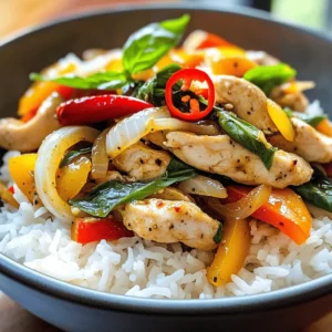 - 500g chicken breast, thinly sliced - 2 cups fresh Thai basil leaves - 4 cloves garlic, minced - 2 red chilies, finely sliced - 1 bell pepper, sliced - 1 small onion, sliced - 1 tablespoon vegetable oil - 2 tablespoons soy sauce - 1 tablespoon oyster sauce - 1 teaspoon sugar The chicken is the star of this dish. I love using fresh chicken breast because it cooks quickly. Thai basil adds a unique flavor that you cannot find anywhere else. The garlic and chilies give the dish a bold kick. You can pick any color of bell pepper. I often go for red or yellow for a pop of color. The onion adds sweetness that works well with the other ingredients. - 1 tablespoon fish sauce - Extra vegetables for variety Fish sauce adds depth to the flavor. If you want a more complex taste, use it. You can also add any veggies you like. Carrots or snap peas work well and add crunch. - Jasmine rice I always serve this dish over jasmine rice. The rice soaks up the tasty sauce and balances the flavors. You can add side dishes like a simple cucumber salad. Fresh herbs or lime wedges make great garnishes. A sprinkle of extra Thai basil on top looks nice, too. First, we need to marinate the chicken. Take 500g of thinly sliced chicken breast and place it in a mixing bowl. Add 2 tablespoons of soy sauce, 1 tablespoon of oyster sauce, and 1 teaspoon of sugar. If you want to deepen the flavor, you can also add 1 tablespoon of fish sauce. Mix well to coat the chicken. Cover the bowl and let it marinate for about 10-15 minutes. This step adds great taste to the dish. Next, we heat the oil. Use a large skillet or a wok. Pour in 1 tablespoon of vegetable oil and heat it over medium-high heat. You want the oil shimmering but not smoking. Now, add aromatics to the hot oil. Toss in 4 cloves of minced garlic and 2 finely sliced red chilies. Stir-fry for about 30 seconds until the garlic turns golden and fragrant. Be careful not to burn the garlic, as it can taste bitter. It's time to cook the chicken. Raise the heat to high and add the marinated chicken to the skillet. Stir-fry the chicken for about 5-7 minutes. You want it fully cooked and lightly caramelized. Stir it frequently to ensure even cooking. Now, we add some vegetables. Incorporate 1 sliced bell pepper and 1 small sliced onion into the skillet. Stir-fry for an additional 2-3 minutes. This will let the veggies soften while keeping a bit of crunch. Next, it's time for the star of the show—basil! Gently fold in 2 cups of fresh Thai basil leaves. Stir-fry for another 1-2 minutes, just until the basil wilts. This will let the aromatic flavor shine through. Finally, serve the stir-fry hot over a bed of cooked jasmine rice. This dish is best enjoyed right away. For more detailed instructions, check the Full Recipe. Fresh ingredients make a big difference in flavor. Use fresh Thai basil for the best taste. The unique flavor of basil adds depth. High heat is key for stir-frying. It cooks quickly and keeps ingredients crisp. Heat your oil until it shimmers before adding food. This prevents sogginess and enhances flavor. Choose the right chilies for your taste. Red chilies add heat and color. For less spice, use fewer chilies or remove the seeds. You can also use milder peppers, like bell peppers. If you want it even milder, skip the chilies altogether. Visual appeal is important for any dish. Serve in deep bowls with rice for a lovely look. Bright colors make the meal pop. Garnish with fresh basil leaves and slices of chili. This adds flavor and brightens the dish. Try serving with lime wedges for a fresh touch. For the full recipe, check the details provided. {{image_4}} You can switch up the protein in this dish. Shrimp, tofu, or beef all work well. - Shrimp: Use about 500g of peeled and deveined shrimp. Cook them until pink and tender. - Tofu: Use firm tofu, cut into cubes. Sauté until golden for a crispy texture. - Beef: Thinly slice beef and marinate just like the chicken. Use flank or sirloin for the best flavor. Each option gives a unique twist to the classic Thai basil chicken stir-fry. Adding more veggies can boost the dish's flavor and nutrients. Here are some great choices: - Broccoli: Adds crunch and color. Cut into small florets. - Carrots: Slice thinly for sweetness and texture. - Snow peas: Add them for a crisp bite. They cook quickly and keep their bright color. Feel free to mix and match these veggies based on what you have at home. Changing the sauce can create different tastes. Here are some ideas: - Spicy sauce: Add more chilies or a dash of sriracha for heat. - Sweet sauce: Mix in a bit of honey or brown sugar for sweetness. - Homemade sauce: Combine soy sauce, garlic, and lime juice for a fresh twist. Experimenting with sauces can make this dish feel new each time you cook it. For the full recipe, you can find it above. To keep Thai Basil Chicken Stir-Fry fresh, use airtight containers. Glass containers work well. They help avoid any odors. Let the stir-fry cool first, then store it in the fridge. This dish stays good for about three days. When it's time to reheat, use a skillet. Heat it on low to medium heat. Add a splash of water or broth to keep it moist. Stir often to avoid sticking. This helps keep the flavor and texture just right. You want to warm it through, not cook it again. Yes, you can freeze Thai Basil Chicken Stir-Fry! Use freezer-safe bags or containers. Make sure to remove air to prevent freezer burn. It’s best to freeze it without the rice. This way, the stir-fry stays fresh for about three months. When ready to eat, thaw it in the fridge overnight before reheating. Thai basil has a unique flavor. It tastes sweet and slightly spicy. The leaves are darker and smaller than regular basil. Thai basil has a hint of anise, while regular basil is more minty. The stems are purple and can be used in cooking too. This type of basil holds up well in heat, making it perfect for stir-frys. Yes, you can prepare this dish ahead. Chop the vegetables and slice the chicken. Store them in the fridge until you are ready to cook. You can also mix the sauces ahead of time. Just keep them in a sealed container. When it's time to cook, it will save you a lot of time. This recipe works great for meal prep. You can easily make a larger batch. Just double or triple the ingredients. Store the stir-fry in meal prep containers. This makes it easy to grab a quick lunch or dinner. When reheating, add a splash of water to keep it moist. For the full recipe, check out the details above. This blog post explored how to make a delicious Thai Basil Chicken Stir-Fry. We covered key ingredients, from chicken to fresh basil, and suggested great serving ideas. I showed you step-by-step how to prep the chicken and cook it for the best taste. Authentic flavor tips and variations made sure you can customize your dish. Remember, fresh ingredients really matter for a tasty meal. By trying these tips, you can enjoy a great dish at home. Happy cooking!
