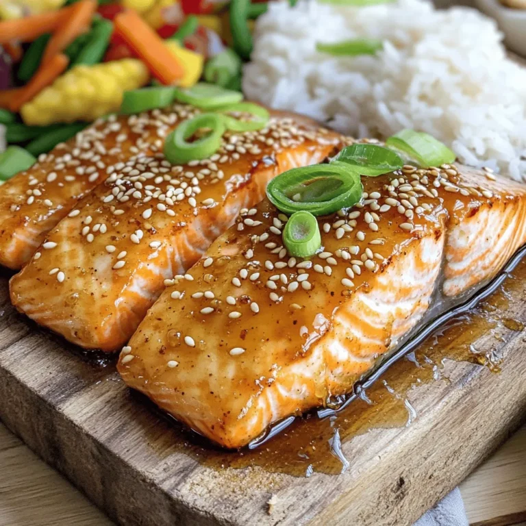 - 4 salmon fillets (with skin for extra crispiness) - 1/4 cup honey - 4 cloves garlic, finely minced - 2 tablespoons soy sauce (preferably low-sodium) - 1 tablespoon olive oil (for cooking) - 1 teaspoon fresh ginger, grated - Salt and freshly ground black pepper to taste - 1 tablespoon sesame seeds (toasted for more flavor) - 2 green onions, thinly sliced (for garnish) - Steamed jasmine rice - Vegetable stir-fry - Non-stick skillet - Mixing bowl - Spatula - Measuring cups and spoons To make this Crispy Honey Garlic Salmon in 30 minutes, you need some key ingredients. Salmon fillets are the star of the dish. Choose ones with skin for extra crispiness. Honey gives a sweet touch, while garlic adds a strong flavor. Soy sauce brings saltiness, and olive oil helps with cooking. Fresh ginger gives warmth and depth to the dish. For seasoning, use salt and pepper to enhance the salmon's taste. Toasted sesame seeds add crunch, and sliced green onions finish the plate with color and freshness. You can serve this dish with steamed jasmine rice or a vegetable stir-fry. They make great sides to balance the flavors. Make sure to gather your equipment. A non-stick skillet is best for cooking the salmon. A mixing bowl will help combine the marinade. A spatula is needed for flipping the salmon, and measuring cups and spoons will help you get the right amounts. For the full recipe, check out the Crispy Honey Garlic Salmon section. Enjoy cooking! - Combine honey, minced garlic, soy sauce, olive oil, and ginger. - Whisk until well blended. Start with a small mixing bowl. Add 1/4 cup of honey, 4 cloves of minced garlic, 2 tablespoons of soy sauce, 1 tablespoon of olive oil, and 1 teaspoon of fresh ginger. Mixing these ingredients creates a sweet and savory marinade. This blend will coat your salmon and infuse it with flavor. - Dry the salmon fillets. - Season with salt and pepper. Take your salmon fillets and pat them dry with a paper towel. This step is key for getting that crispy skin. Next, season both sides with salt and freshly cracked black pepper. This simple seasoning enhances the natural taste of the salmon. - Heat the skillet and add olive oil. - Cook salmon skin-side down. - Flip and add marinade. Grab a large non-stick skillet and heat it over medium-high heat. Add a teaspoon of olive oil and let it heat up until it shimmers. Once the skillet is hot, place the salmon fillets skin-side down. Cook them undisturbed for about 4-6 minutes. This allows the skin to get nice and crispy. When the salmon is halfway cooked, gently flip each fillet over with a spatula. Immediately pour the honey garlic marinade over the top. Let that sauce bubble and thicken around the fish. Cook for another 3-4 minutes until the salmon is tender and flakes easily with a fork. - Sprinkle with sesame seeds. - Let rest before serving. In the last minute of cooking, sprinkle toasted sesame seeds over the salmon. This adds a nice crunch and flavor. Once done, remove the fillets from the skillet and let them rest on a plate for a minute. This helps the juices redistribute, making each bite juicy and delicious. For a beautiful presentation, garnish with sliced green onions. You can find the full recipe for this delicious dish in the previous section! To get that crispy skin, start by drying the fillets. Use a paper towel to remove moisture. This step helps achieve a nice crisp when you cook the salmon. Next, cook the fillets on medium-high heat. This temperature helps the skin crisp up quickly without overcooking the fish. You can adjust the marinade for your taste. If you love sweetness, add more honey. For a tangy kick, increase the soy sauce. Want some heat? Try adding a dash of red pepper flakes or a splash of sriracha. These small changes can really amp up the flavor of your salmon. Plating is key for a great meal. Place the salmon on a vibrant plate. Drizzle the honey garlic sauce from the skillet on top. Add a side of bright vegetables or fluffy rice for color. Finally, garnish with thinly sliced green onions. They add a fresh touch and look beautiful on the plate. For the full recipe, visit the recipe section above. {{image_4}} You can swap salmon for chicken or tofu. Both options bring unique tastes. For chicken, use boneless, skinless breasts. Cook them for about 6-8 minutes on each side. For tofu, press it to remove excess water. Cut it into thick slices and cook for 4-5 minutes on each side. Adjust the cooking time based on the protein you choose. Feel free to experiment with different sauces. Teriyaki sauce adds a sweet and savory flavor. Orange glaze gives a bright and fruity twist. Just replace the honey and soy sauce with your new choice. Keep the garlic and ginger for that great taste. Add spices or herbs to create unique flavors. Try chili flakes for heat. Fresh herbs like cilantro or basil can add freshness. Even a splash of lemon juice can lift the dish. Mix and match to find your favorite flavor combination. To keep your crispy honey garlic salmon fresh, store leftovers in the fridge. Place the salmon in an airtight container. This helps lock in flavor and moisture. If you want to save it longer, freeze the salmon. Wrap it tightly in plastic wrap, then place it in a freezer bag. This helps prevent freezer burn. Reheating needs care to keep the salmon crispy. The best way is to use the oven. Preheat your oven to 350°F (175°C). Place the salmon on a baking sheet and cover it loosely with foil. Heat for about 10-15 minutes. This helps the salmon warm up while keeping the skin crispy. You can also use a skillet on medium heat. Just add a bit of oil to the pan, then reheat for 3-5 minutes. Crispy honey garlic salmon stays fresh for 3-4 days in the fridge. If frozen, it can last for up to 3 months. Just remember to check for any off smells or discoloration before eating. Always prioritize food safety. Enjoy your meal again with the same great taste! It takes about 30 minutes to make crispy honey garlic salmon. You need 10 minutes to prep and 20 minutes to cook. This quick timing makes it perfect for a weekday meal. Yes, you can use frozen salmon fillets. To defrost, place them in the fridge overnight. For a quick method, seal them in a plastic bag and submerge them in cold water for about 30 minutes. Once thawed, follow the recipe as usual. You can serve crispy honey garlic salmon with various sides. Here are some great pairings: - Steamed jasmine rice - Vegetable stir-fry - Roasted broccoli - Quinoa salad These sides will complement the sweet and savory flavors of the salmon. Yes, you can prepare this recipe ahead of time. Cook the salmon and let it cool before storing it. Place it in an airtight container in the fridge. It will stay fresh for about two days. To reheat, use a skillet over low heat to keep the salmon crispy. In this post, I covered how to make crispy honey garlic salmon. You learned about the main ingredients, equipment needed, and step-by-step cooking instructions. I shared tips for perfect skin and flavor enhancements while suggesting variations to try. Remember to store leftovers correctly to keep them fresh. This recipe is simple and flexible. Enjoy making it your own! Happy cooking!