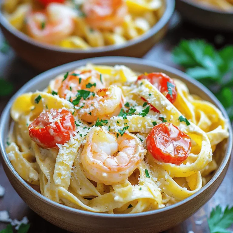 To make creamy Cajun shrimp pasta, gather these ingredients: - 8 oz fettuccine pasta - 1 lb shrimp, peeled and deveined - 2 tablespoons Cajun seasoning - 2 tablespoons olive oil - 1 small onion, finely chopped - 3 cloves garlic, minced - 1 cup heavy cream - 1 cup cherry tomatoes, halved - 1/2 cup grated Parmesan cheese - 1/4 cup chopped fresh parsley - Salt and freshly ground black pepper to taste If you want to kick up the flavor, try these optional ingredients: - Red pepper flakes for extra heat - Lemon zest for a fresh twist - Spinach for added nutrition - Bell peppers for a sweeter taste Choosing the right shrimp is key for this dish. Here are some tips: - Look for shrimp that smell fresh and clean. - Choose shrimp that are firm and have a slight sheen. - Avoid shrimp with black spots or a strong odor. - If you can, buy shrimp that are wild-caught. They often taste better and are more sustainable. Now that you have all your ingredients, you're ready to dive into making this delicious dish! For the full recipe, check out the steps that follow. Start by boiling water in a large pot. Add salt to make the water tasty. Once it boils, add 8 oz of fettuccine pasta. Cook it according to the package instructions. You want it to be al dente. This means it should be firm when you bite it. When done, drain the pasta but save 1/2 cup of the water. This water helps the sauce later. In a bowl, mix the shrimp with 2 tablespoons of Cajun seasoning. Add a pinch of salt and black pepper. Toss the shrimp until they are well-coated. Heat 2 tablespoons of olive oil in a large skillet over medium heat. Add the seasoned shrimp to the hot skillet. Cook for 2-3 minutes on each side. They should turn pink and look fully cooked. Remove the shrimp and place them on a plate. In the same skillet, add a small onion, finely chopped. Sauté it for 3-4 minutes. You want the onion to become clear, not brown. Then, add 3 cloves of minced garlic. Cook for another minute until the garlic smells great. Pour in 1 cup of heavy cream. Stir gently and let it simmer. Add 1 cup of halved cherry tomatoes and let them cook for 2-3 minutes. You want them to soften a bit. Next, add 1/2 cup of grated Parmesan cheese to the cream sauce. Stir until it melts. If the sauce is too thick, add some of the reserved pasta water. Finally, return the cooked shrimp to the skillet. Add the drained fettuccine pasta as well. Toss everything together until well mixed. Taste and add more salt or pepper if needed. You can find the complete recipe for Creamy Cajun Shrimp Pasta in the Full Recipe section. To make a creamy sauce, start with heavy cream. This gives the best texture. Let it simmer gently. If the sauce is too thick, use reserved pasta water to thin it. Add the water slowly until you get your desired creaminess. Cajun seasoning is key, but you can boost the flavor even more. Try adding a pinch of smoked paprika or cayenne pepper for heat. A dash of garlic powder can also enhance the taste. Just remember to balance any extra spices to keep the dish delicious. Timing matters for shrimp and pasta. Cook the pasta first, so it’s ready when the sauce is done. Shrimp cooks fast. Sauté it for just 2-3 minutes per side. You want it pink and firm, not rubbery. This way, everything is hot and fresh when you serve your creamy Cajun shrimp pasta. For the full recipe, check out the instructions above. {{image_4}} You can swap out fettuccine for other pasta types. Try penne, spaghetti, or even zoodles for a lighter dish. Each pasta shape gives a new texture. For gluten-free options, use rice or quinoa pasta. This makes the dish more accessible for everyone. Adding veggies boosts nutrition and flavor. Spinach, bell peppers, or zucchini work great. Simply sauté them with the onion. This adds color and crunch. You can even toss in some peas or broccoli. They will blend nicely in the creamy sauce. If shrimp isn’t your favorite, you have options. Chicken, scallops, or even tofu can replace shrimp. Season them with Cajun spices for the same kick. Each protein brings its own taste. This makes the dish versatile and fun. You can find your favorite mix every time you cook! For the full recipe, check out the link. To keep your creamy Cajun shrimp pasta fresh, store it in an airtight container. Place the pasta in the fridge within two hours of cooking. This helps keep it safe and tasty. It can last up to three days this way. Be sure to let it cool down before sealing. When you want to eat your leftovers, the best way to reheat is on the stove. Pour the pasta into a pan over low heat. Add a splash of water or cream to help it stay moist. Stir often until it’s warm. If you're in a hurry, you can use the microwave. Just heat it in short bursts and stir in between. This keeps the pasta from becoming dry. If you want to save some for later, you can freeze it. Place the cooled pasta in a freezer-safe container. It can last up to two months in the freezer. When you’re ready to eat, move it to the fridge to thaw overnight. Then, reheat it on the stove for the best taste. Just remember, the shrimp may lose some of its texture after freezing. For the full recipe, check out the detailed instructions above! Yes, you can use frozen shrimp. Just thaw them first. Place the shrimp in a bowl of cold water for quick thawing. This will make it easier to coat them with Cajun seasoning. Frozen shrimp are a great time-saver. If you want a lighter option, use half-and-half or whole milk mixed with a little cornstarch. You can also try coconut milk for a dairy-free version. Each option gives a different flavor, so choose what you like best. To make it less spicy, use less Cajun seasoning. You can also add dairy, like cream or cheese, which cools the heat. If you want more spice, add extra seasoning or hot sauce. Taste as you go for the best results. For the full recipe, check out the complete process and enjoy making this dish! This blog post covered how to make a delicious shrimp pasta dish. We explored the key ingredients, simple cooking steps, and helpful tips for a creamy sauce. I shared variations to suit your taste and how to store any leftovers. Remember, fresh shrimp and timing can transform your meal. Enjoy experimenting with flavors and make this dish your own. Happy cooking!