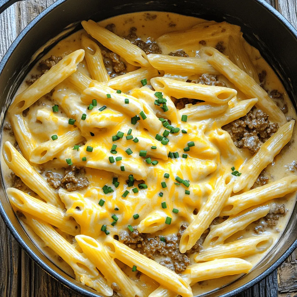 For this one-pot beef and cheddar ranch pasta, you will need: - 1 pound ground beef - 12 ounces penne pasta - 4 cups beef broth These three main items make the base of your dish. The ground beef gives a hearty flavor. The penne pasta soaks up the tasty sauce. The beef broth adds depth and richness. Next, we add some extra ingredients for flavor: - 1 packet (1 ounce) ranch dressing mix - 1 cup shredded sharp cheddar cheese, divided - 1 cup sour cream The ranch dressing mix adds a zesty kick. Sharp cheddar cheese melts into a creamy sauce. Sour cream brings a nice tanginess to balance the flavors. Don’t forget the seasoning and garnish to finish it off: - 1 tablespoon olive oil - 1 teaspoon garlic powder - 1 teaspoon onion powder - Chopped fresh chives or parsley Olive oil helps to cook the beef. Garlic and onion powder boost the overall taste. Fresh chives or parsley add a pop of color and freshness to your dish. For the full recipe, check out the One-Pot Beef and Cheddar Ranch Pasta recipe. Enjoy cooking! First, heat one tablespoon of olive oil in a large pot over medium heat. Add one pound of ground beef. Use a wooden spoon to break it apart. Cook the beef until it turns brown, about 5-7 minutes. Now, it's time to add flavor. Sprinkle in salt, pepper, one teaspoon of garlic powder, and one teaspoon of onion powder. Mix well. This builds a great base for your dish. Next, drain any extra grease from the pot. Pour in four cups of beef broth and one packet of ranch dressing mix. Stir until everything blends together. The ranch dressing adds a tasty twist. Now, add 12 ounces of penne pasta to the pot. Raise the heat to bring the mixture to a boil. Once it boils, lower the heat to medium-low. Cover the pot and let it simmer for about 12-15 minutes, stirring occasionally. This step lets the pasta cook without sticking. Once the pasta is al dente, it’s time for creaminess. Add one cup of sour cream and half of the shredded sharp cheddar cheese. Stir until the cheese melts and the sauce becomes creamy. Remove the pot from heat. Sprinkle the remaining cheddar cheese on top. Cover the pot for a few minutes to let the cheese melt. Before serving, add chopped fresh chives or parsley for a pop of color. Enjoy your meal! For the full recipe, click here. To make this dish even creamier, consider adding more cheese. You can mix in an extra half cup of cheddar cheese. This adds a rich, cheesy flavor that everyone loves. You can also use cream cheese or even mascarpone for a different taste. Both will give the dish a smooth texture. Want to spice things up? Add herbs like oregano or basil. A pinch of red pepper flakes adds heat. You can also adjust the ranch dressing. If you like it tangy, add a bit more. If you prefer a milder flavor, use less. Avoid overcooked pasta by stirring it often. Check the pasta a minute or two before the time is up. This ensures it stays al dente. For one-pot cooking, use a large pot. It gives the pasta room to move. Cover the pot while it simmers. This helps the pasta cook evenly and saves time. {{image_4}} You can switch up the protein in your one-pot beef and cheddar ranch pasta. Instead of ground beef, try ground turkey or chicken. These options keep the dish leaner while still tasty. Just cook them the same way as beef. If you want a vegetarian meal, use lentils or mushrooms. Both give a great texture and flavor. They soak up all the tasty ranch and cheese. While penne pasta works great, you can use other types too. Rotini, fusilli, or even spaghetti can change the feel of the dish. Each type adds a unique twist to the meal. For those needing gluten-free options, try brown rice pasta or chickpea pasta. They cook well and taste good. Just read the package instructions for the right cooking time. Adding vegetables can boost the nutrition and flavor. Try bell peppers, spinach, or broccoli. Chop them small and add them with the beef. They will cook well and add color to your plate. You can also play with sauces. Instead of ranch dressing, try barbecue sauce or a creamy Alfredo sauce. Each sauce gives the dish a new vibe. Mix it up and make it your own! For the full recipe, check out the One-Pot Beef and Cheddar Ranch Pasta. To keep your one-pot beef and cheddar ranch pasta fresh, store leftovers in airtight containers. This helps prevent moisture loss and keeps flavors intact. I recommend using glass or BPA-free plastic containers. Make sure the pasta cools down before sealing it. This will stop condensation from forming inside the container. You can freeze this dish for later enjoyment. First, let it cool completely. Then, portion it out into freezer-safe bags or containers. Squeeze out as much air as possible before sealing. When you are ready to eat, thaw it in the fridge overnight. To reheat, place it in a pot on low heat. Add a splash of water or broth to help it warm evenly. In the fridge, your pasta lasts about 3-4 days. In the freezer, it can stay good for up to three months. Look for signs of spoilage, like an off smell or discoloration. If it smells sour or looks strange, it’s best to throw it away. You can find the full recipe for this dish in the article above. To boost flavor, try adding fresh herbs like basil or thyme. You can also mix in diced tomatoes or bell peppers for a sweet taste. If you want spice, add red pepper flakes or hot sauce. For depth, a splash of Worcestershire sauce works well. Experiment with these ideas to make your dish stand out! Yes, you can use other cheeses. Monterey Jack or Pepper Jack adds a nice twist. Cream cheese can create a rich, creamy texture too. If you prefer a sharper bite, try Gruyère or Swiss cheese. Just pick a cheese you love, and it will taste great! This pasta pairs well with a fresh salad. A simple green salad with vinaigrette is perfect. Garlic bread is also a great choice for a comforting meal. You can add a side of steamed veggies for a colorful plate. Enjoy your meal with these tasty sides! This blog post shared how to make One-Pot Beef and Cheddar Ranch Pasta. We covered the main and additional ingredients, and the simple steps to cook this dish. Tips for creaminess, flavor adjustments, and cooking practices were important too. Variations allow for different proteins and pastas. Proper storage ensures your leftovers stay fresh. In the end, this dish is versatile and easy to adapt. Enjoy making it your own!