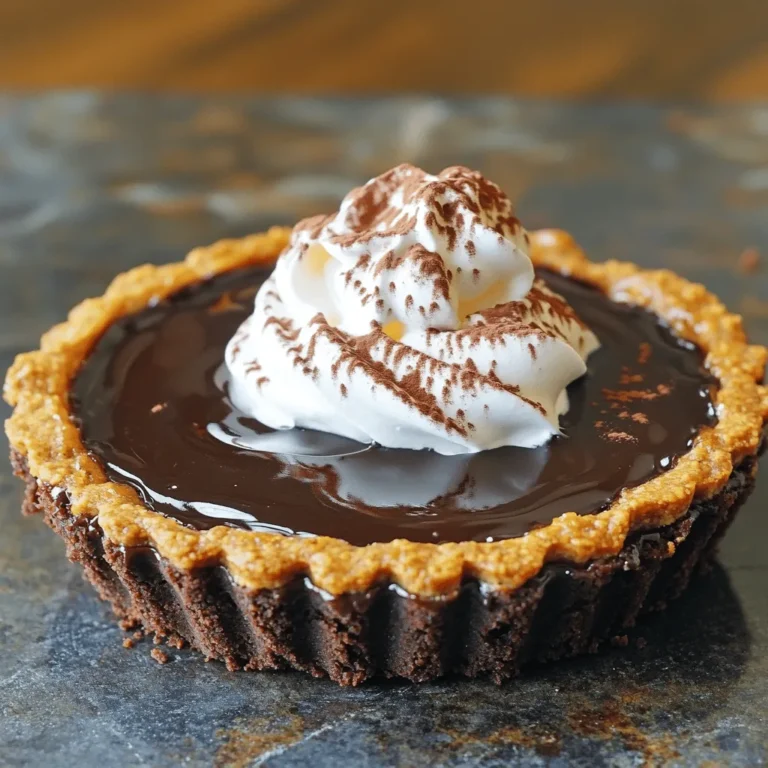 Here’s what you need for a delightful Dark Chocolate Pumpkin Tart. - Essential ingredients for the crust - 1 ½ cups graham cracker crumbs - ½ cup unsweetened cocoa powder - ½ cup unsalted butter, melted - 3 tablespoons granulated sugar - Key components for the filling - 1 (15-ounce) can pumpkin puree - 1 cup heavy cream - ½ cup packed brown sugar - ½ teaspoon pure vanilla extract - 1 teaspoon pumpkin pie spice - 1 cup dark chocolate chips (60% cacao or higher) - 2 large eggs - Optional toppings and garnishes - Whipped cream (for serving) - Cocoa powder (for dusting) This list gives you everything to create a rich and creamy experience. Each ingredient plays a key role in flavor and texture. The graham cracker crust adds crunch, while the dark chocolate and pumpkin filling bursts with flavor. Don't forget the whipped cream on top for that perfect finish! If you want the full recipe, check it out in detail! To make the crust, start by mixing graham cracker crumbs and cocoa powder in a bowl. Next, add melted butter and sugar. Stir until everything blends well. The mixture should look like wet sand. Now, press this mix into a 9-inch tart pan. Make sure to cover the bottom and sides evenly. Use your fingers or the base of a glass to pack it down. Bake the crust in a preheated oven at 350°F (175°C) for 10 minutes. This gives it a nice, firm texture. Once done, let it cool on a wire rack for a few minutes. In a large bowl, whisk pumpkin puree and heavy cream until smooth. Then, add brown sugar, vanilla extract, pumpkin pie spice, and eggs. Mix well to combine all the flavors. For the chocolate, use a microwave-safe bowl. Add dark chocolate chips and heat them in 30-second bursts. Stir between each burst until the chocolate melts and is smooth. Slowly pour this melted chocolate into the pumpkin mixture. Whisk continuously to mix them evenly. This step makes the filling creamy and rich. Now, pour the chocolate-pumpkin filling into your cooled crust. Use a spatula to smooth the top. Return the tart to the oven and bake it for 40 to 45 minutes. Look for the edges to be set while the center is still a bit jiggly. After baking, let the tart cool at room temperature for 30 minutes. Then, transfer it to the fridge for at least 2 hours. This chilling time helps the filling set perfectly. For the full recipe, refer to the complete instructions provided earlier. To achieve a velvety filling, mix the pumpkin and cream well. The key is to whisk until smooth. If the filling has lumps, it won't set right. Use a good quality dark chocolate for a creamy finish. Chilling the tart is very important. After baking, let it cool at room temperature for 30 minutes. Then, move it to the fridge for at least 2 hours. This helps the filling set and improves the taste. You can boost the flavor with extra spices. Try adding a pinch of nutmeg or cardamom. These spices pair well with pumpkin and chocolate. You could also add a splash of orange zest for a fresh twist. Balancing flavors is key. The rich chocolate needs the sweetness of pumpkin. Adjust the sugar in the filling if you prefer it sweeter. Remember, you want both flavors to shine through. If you want alternatives to whipped cream, consider using mascarpone cheese or crème fraîche. Both add a nice tang that enhances the tart’s richness. For plating, slice the tart into elegant wedges. Dust cocoa powder on top for a beautiful finish. You could also drizzle caramel or chocolate sauce for extra flair. A decorative platter will make your tart look even more inviting. For the Full Recipe, check out the details on how to make this delightful dessert! {{image_4}} You can change the crust to fit your needs. If you want a gluten-free option, use gluten-free crumbs. They work just as well as regular graham crackers. Mix the gluten-free crumbs with cocoa and butter, just like the recipe says. If you love cookies, try a cookie-based crust. Use crushed chocolate cookies or even gingersnaps for a fun twist. The flavors will add a new layer to your tart. Just remember to follow the same steps for pressing the crust into the pan. You can make the filling even more exciting. Try adding different spices like nutmeg or ginger for warmth. If you want a kick, a splash of liqueur like rum or bourbon can enhance the taste. You can also combine different types of chocolate. Milk chocolate adds sweetness, while white chocolate gives a creamier texture. Mix them with dark chocolate for a unique taste. Make sure to melt them properly before adding to the pumpkin mixture. Seasonal ingredients can make your tart shine. In fall, add fresh apples or pears for a fruity touch. In winter, sprinkle some crushed peppermint for a festive vibe. For decoration, think outside the box! Use colorful sprinkles or edible gold dust to make your tart pop. You can also drizzle caramel or chocolate on top for a sweet finish. These small changes can impress your guests and make your tart special. For the full recipe, check out the details provided. To keep your Dark Chocolate Pumpkin Tart fresh, proper storage is key. First, let the tart cool completely at room temperature. After it cools, cover it with plastic wrap or foil. This will help prevent it from drying out. Store it in the fridge for up to five days. If you want to keep it longer, you can freeze it. For freezing, wrap the tart tightly in plastic wrap, then in aluminum foil. This double-layer helps prevent freezer burn. The tart can last in the freezer for up to three months. Just remember to label it with the date! If you want to enjoy the tart warm, reheating is easy. Preheat your oven to 350°F (175°C). Place the tart on a baking sheet. Cover it loosely with aluminum foil to avoid over-baking. Heat for about 10-15 minutes. This method keeps the texture nice and creamy. Avoid using the microwave, as it can make the filling rubbery. If you prefer, you can serve it cold right from the fridge. Topping it with whipped cream adds a fresh touch! For the full recipe, check out the details above. Enjoy your delicious tart! You can tell when your tart is ready by looking at the filling. The edges should be firm, while the center remains a bit jiggly. This jiggle shows that it will set as it cools. Cooling the tart is very important. Let it rest at room temperature for about 30 minutes before moving it to the fridge. This helps the filling firm up nicely. Yes, you can make the tart ahead of time. I recommend preparing it a day before serving. Once baked and cooled, wrap it tightly and place it in the fridge. It will stay fresh for up to three days. Just remember to add whipped cream and cocoa dust just before serving. If you can't find pumpkin puree, you have some options. You can use butternut squash puree or sweet potato puree instead. Both of these will give you a similar flavor and texture. You may need to adjust the sweetness a bit. Taste the filling before baking to make sure it is to your liking. This blog post explored making a delicious chocolate pumpkin tart. We covered essential ingredients for a great crust and filling, along with tips for perfecting texture and flavor. I shared storage advice and answered common questions. Keep experimenting with variations and toppings to make your tart unique. Each twist can add fun and flavor. Enjoy the process, and remember, practice makes perfect!