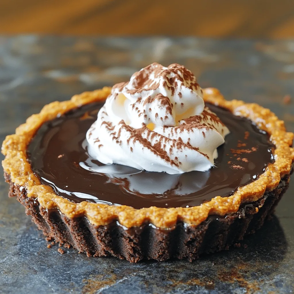 Here’s what you need for a delightful Dark Chocolate Pumpkin Tart. - Essential ingredients for the crust - 1 ½ cups graham cracker crumbs - ½ cup unsweetened cocoa powder - ½ cup unsalted butter, melted - 3 tablespoons granulated sugar - Key components for the filling - 1 (15-ounce) can pumpkin puree - 1 cup heavy cream - ½ cup packed brown sugar - ½ teaspoon pure vanilla extract - 1 teaspoon pumpkin pie spice - 1 cup dark chocolate chips (60% cacao or higher) - 2 large eggs - Optional toppings and garnishes - Whipped cream (for serving) - Cocoa powder (for dusting) This list gives you everything to create a rich and creamy experience. Each ingredient plays a key role in flavor and texture. The graham cracker crust adds crunch, while the dark chocolate and pumpkin filling bursts with flavor. Don't forget the whipped cream on top for that perfect finish! If you want the full recipe, check it out in detail! To make the crust, start by mixing graham cracker crumbs and cocoa powder in a bowl. Next, add melted butter and sugar. Stir until everything blends well. The mixture should look like wet sand. Now, press this mix into a 9-inch tart pan. Make sure to cover the bottom and sides evenly. Use your fingers or the base of a glass to pack it down. Bake the crust in a preheated oven at 350°F (175°C) for 10 minutes. This gives it a nice, firm texture. Once done, let it cool on a wire rack for a few minutes. In a large bowl, whisk pumpkin puree and heavy cream until smooth. Then, add brown sugar, vanilla extract, pumpkin pie spice, and eggs. Mix well to combine all the flavors. For the chocolate, use a microwave-safe bowl. Add dark chocolate chips and heat them in 30-second bursts. Stir between each burst until the chocolate melts and is smooth. Slowly pour this melted chocolate into the pumpkin mixture. Whisk continuously to mix them evenly. This step makes the filling creamy and rich. Now, pour the chocolate-pumpkin filling into your cooled crust. Use a spatula to smooth the top. Return the tart to the oven and bake it for 40 to 45 minutes. Look for the edges to be set while the center is still a bit jiggly. After baking, let the tart cool at room temperature for 30 minutes. Then, transfer it to the fridge for at least 2 hours. This chilling time helps the filling set perfectly. For the full recipe, refer to the complete instructions provided earlier. To achieve a velvety filling, mix the pumpkin and cream well. The key is to whisk until smooth. If the filling has lumps, it won't set right. Use a good quality dark chocolate for a creamy finish. Chilling the tart is very important. After baking, let it cool at room temperature for 30 minutes. Then, move it to the fridge for at least 2 hours. This helps the filling set and improves the taste. You can boost the flavor with extra spices. Try adding a pinch of nutmeg or cardamom. These spices pair well with pumpkin and chocolate. You could also add a splash of orange zest for a fresh twist. Balancing flavors is key. The rich chocolate needs the sweetness of pumpkin. Adjust the sugar in the filling if you prefer it sweeter. Remember, you want both flavors to shine through. If you want alternatives to whipped cream, consider using mascarpone cheese or crème fraîche. Both add a nice tang that enhances the tart’s richness. For plating, slice the tart into elegant wedges. Dust cocoa powder on top for a beautiful finish. You could also drizzle caramel or chocolate sauce for extra flair. A decorative platter will make your tart look even more inviting. For the Full Recipe, check out the details on how to make this delightful dessert! {{image_4}} You can change the crust to fit your needs. If you want a gluten-free option, use gluten-free crumbs. They work just as well as regular graham crackers. Mix the gluten-free crumbs with cocoa and butter, just like the recipe says. If you love cookies, try a cookie-based crust. Use crushed chocolate cookies or even gingersnaps for a fun twist. The flavors will add a new layer to your tart. Just remember to follow the same steps for pressing the crust into the pan. You can make the filling even more exciting. Try adding different spices like nutmeg or ginger for warmth. If you want a kick, a splash of liqueur like rum or bourbon can enhance the taste. You can also combine different types of chocolate. Milk chocolate adds sweetness, while white chocolate gives a creamier texture. Mix them with dark chocolate for a unique taste. Make sure to melt them properly before adding to the pumpkin mixture. Seasonal ingredients can make your tart shine. In fall, add fresh apples or pears for a fruity touch. In winter, sprinkle some crushed peppermint for a festive vibe. For decoration, think outside the box! Use colorful sprinkles or edible gold dust to make your tart pop. You can also drizzle caramel or chocolate on top for a sweet finish. These small changes can impress your guests and make your tart special. For the full recipe, check out the details provided. To keep your Dark Chocolate Pumpkin Tart fresh, proper storage is key. First, let the tart cool completely at room temperature. After it cools, cover it with plastic wrap or foil. This will help prevent it from drying out. Store it in the fridge for up to five days. If you want to keep it longer, you can freeze it. For freezing, wrap the tart tightly in plastic wrap, then in aluminum foil. This double-layer helps prevent freezer burn. The tart can last in the freezer for up to three months. Just remember to label it with the date! If you want to enjoy the tart warm, reheating is easy. Preheat your oven to 350°F (175°C). Place the tart on a baking sheet. Cover it loosely with aluminum foil to avoid over-baking. Heat for about 10-15 minutes. This method keeps the texture nice and creamy. Avoid using the microwave, as it can make the filling rubbery. If you prefer, you can serve it cold right from the fridge. Topping it with whipped cream adds a fresh touch! For the full recipe, check out the details above. Enjoy your delicious tart! You can tell when your tart is ready by looking at the filling. The edges should be firm, while the center remains a bit jiggly. This jiggle shows that it will set as it cools. Cooling the tart is very important. Let it rest at room temperature for about 30 minutes before moving it to the fridge. This helps the filling firm up nicely. Yes, you can make the tart ahead of time. I recommend preparing it a day before serving. Once baked and cooled, wrap it tightly and place it in the fridge. It will stay fresh for up to three days. Just remember to add whipped cream and cocoa dust just before serving. If you can't find pumpkin puree, you have some options. You can use butternut squash puree or sweet potato puree instead. Both of these will give you a similar flavor and texture. You may need to adjust the sweetness a bit. Taste the filling before baking to make sure it is to your liking. This blog post explored making a delicious chocolate pumpkin tart. We covered essential ingredients for a great crust and filling, along with tips for perfecting texture and flavor. I shared storage advice and answered common questions. Keep experimenting with variations and toppings to make your tart unique. Each twist can add fun and flavor. Enjoy the process, and remember, practice makes perfect!