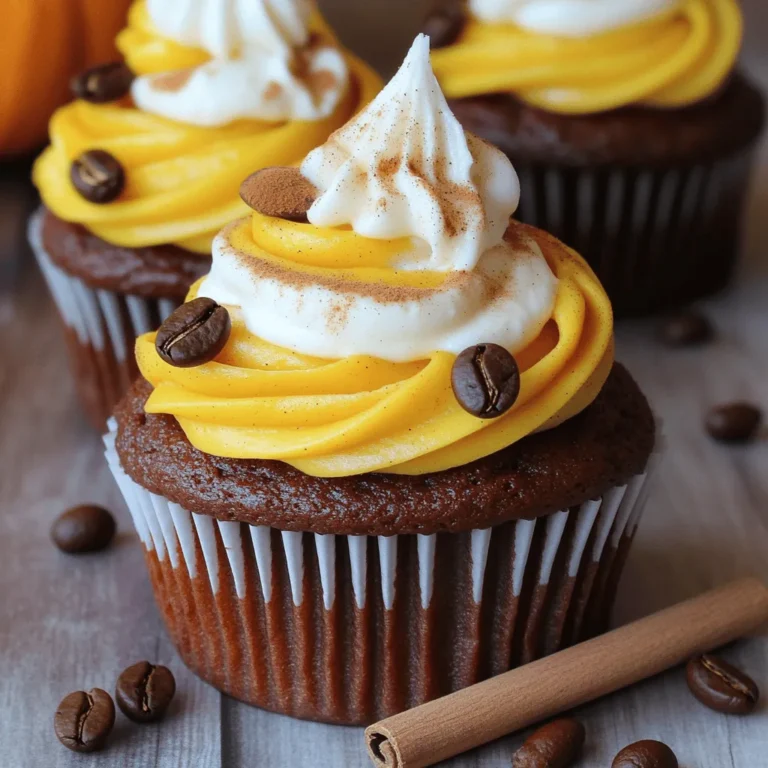 For these tasty Pumpkin Spice Latte Cupcakes, you need: - 1 cup all-purpose flour - 1/2 cup unsweetened cocoa powder - 1 teaspoon baking powder - 1 teaspoon baking soda - 1/2 teaspoon salt - 1 tablespoon pumpkin spice blend These dry ingredients create a rich and flavorful base for your cupcakes. The cocoa powder adds depth, while the pumpkin spice blend gives that cozy autumn flavor. Next, gather your wet ingredients: - 1/2 cup unsalted butter, softened to room temperature - 1 cup granulated sugar - 2 large eggs - 1 teaspoon pure vanilla extract - 1 cup canned pumpkin puree - 1/2 cup brewed coffee, cooled - 1/4 cup whole milk These ingredients keep the cupcakes moist and add a lovely sweetness. The brewed coffee enhances the flavor, making each bite a delightful experience. Don’t forget the frosting! You’ll need: - 1/2 cup unsalted butter, softened to room temperature - 2 cups powdered sugar - 1 tablespoon pumpkin spice blend - 2 tablespoons brewed coffee, cooled - 1 teaspoon pure vanilla extract This creamy frosting is the perfect finishing touch. It’s sweet, spiced, and rich, complementing the cupcakes beautifully. You can find the full recipe to make these delicious treats. Enjoy baking! 1. Preheat the Oven: Start by preheating your oven to 350°F (175°C). This helps the cupcakes bake evenly. 2. Prepare the Cupcake Tin: Line a standard cupcake tin with cupcake liners. This makes it easy to take the cupcakes out later. 3. Mix Dry Ingredients: In a medium bowl, whisk together the following: - 1 cup all-purpose flour - 1/2 cup unsweetened cocoa powder - 1 teaspoon baking powder - 1 teaspoon baking soda - 1/2 teaspoon salt - 1 tablespoon pumpkin spice blend Set this mixture aside for later use. 4. Cream Butter and Sugar: In a large mixing bowl, beat together 1/2 cup softened unsalted butter and 1 cup granulated sugar. Use an electric mixer for about 2-3 minutes. The mix should be light and fluffy. 5. Add Eggs and Flavorings: Add 2 large eggs, one at a time, mixing well each time. Stir in 1 teaspoon pure vanilla extract for added flavor. 6. Combine Pumpkin and Coffee: Gently fold in 1 cup canned pumpkin puree and 1/2 cup cooled brewed coffee. Keep stirring until everything is mixed well. 7. Fold in Dry Ingredients: Slowly add the dry mixture to the wet mix in parts, alternating with 1/4 cup whole milk. Mix until just combined. Avoid overmixing to keep the cupcakes light and airy. 8. Fill Cupcake Liners: Distribute the batter evenly among the cupcake liners, filling each about two-thirds full. 9. Bake: Place the cupcake tin in the oven. Bake for 18-20 minutes. To check if they are done, insert a toothpick into the center of a cupcake. If it comes out clean, they are ready. Once baked, let them cool completely in the tin. These steps will guide you through making delicious pumpkin spice latte cupcakes. For the complete recipe with frosting details, check the Full Recipe. - Avoiding overmixing for light cupcakes: Mix the batter just until you see no dry flour. Overmixing can make cupcakes dense, not light. - Ensuring even baking: Rotate the cupcake tin halfway through baking. This helps all cupcakes cook evenly and rise nicely. - Best techniques for applying frosting: Use a spatula for a smooth finish. If you want a fun look, try a piping bag for swirls and peaks. - Tips for a smooth and fluffy frosting: Beat the butter first until creamy. Add the powdered sugar slowly to avoid lumps, then mix until fluffy. - Garnishing with cinnamon and whipped cream: Sprinkle a bit of cinnamon on top. Add a dollop of whipped cream for a delightful touch. - Creative toppings like coffee beans or cinnamon sticks: Place a few coffee beans on top. A cinnamon stick can add flair and flavor. These tips will help you create perfect pumpkin spice latte cupcakes that impress friends and family. For the full recipe, check out the details above. Enjoy! {{image_4}} You can mix up the flavors in your pumpkin spice latte cupcakes. Here are some ideas: - Add chocolate chips or nuts: Stir in a cup of chocolate chips or chopped nuts. This adds a rich texture and flavor. Nuts like walnuts or pecans can add a nice crunch and depth to each bite. - Alternative spices for unique flavors: Try using ginger or allspice. These spices can bring a new twist while keeping the holiday spirit alive. Just swap them for some of the pumpkin spice blend. Frosting can take your cupcakes to the next level. Here are some fun twists: - Using cream cheese frosting instead: Cream cheese frosting adds a tangy flavor. It pairs well with the sweetness of the cupcake. - Adding flavored extracts for different frostings: Experiment with almond or maple extract. Just add a teaspoon during mixing for a unique taste that can surprise your guests. You can easily make these cupcakes fit your needs. Here are some simple swaps: - Gluten-free substitutions: Use gluten-free flour instead of all-purpose flour. This keeps the cupcakes soft and tasty without the gluten. - Vegan options for cupcakes and frosting: Replace eggs with flaxseed meal and use plant-based butter in the frosting. These simple swaps ensure everyone can enjoy your treats. For the full recipe, check out the detailed instructions. Happy baking! To keep your pumpkin spice latte cupcakes fresh, store them in an airtight container. This method locks in moisture and keeps the cupcakes soft. They stay fresh for about 3 to 4 days at room temperature. If you want them to last longer, consider refrigeration, where they can stay good for up to a week. Freezing your cupcakes is a great way to save them for later. First, let the cupcakes cool completely. Wrap each one in plastic wrap tightly. Then, place them in a freezer bag or container. For frosting, use a separate container and freeze it too. When you’re ready to enjoy them, thaw the cupcakes in the fridge for a few hours. For the best taste and texture, let them come to room temperature before serving. These cupcakes shine at parties or family gatherings! Serve them on a pretty tray to impress your guests. Pair them with delicious drinks like coffee or tea. The warm flavors of pumpkin spice blend perfectly with a hot cup of coffee. Check out the Full Recipe to learn how to make these tasty treats! To make fluffy cupcakes, you need to incorporate air into the batter. Start by creaming the butter and sugar well. Use an electric mixer for about 2-3 minutes until it is light and fluffy. Add eggs one at a time, mixing well after each. This process adds air, which helps the cupcakes rise. Also, avoid overmixing when you combine the wet and dry ingredients. Mix just until combined to keep them airy. Yes, you can use other flours. For a gluten-free version, try almond flour or a gluten-free blend. If you want a denser cupcake, whole wheat flour works well. Just remember, different flours may change the texture and taste. You might need to adjust the liquids too, so keep an eye on the batter's consistency. To check if the cupcakes are done, look for a few signs. The tops should be lightly golden and spring back when touched. You can also insert a toothpick into the center. If it comes out clean or with a few crumbs, they are ready. Usually, they take about 18-20 minutes to bake at 350°F (175°C). You can find pre-made pumpkin spice latte cupcakes at many local bakeries. Check seasonal offerings, as they often make these treats in the fall. If you prefer online options, websites like Etsy or specialty shops might have them. You can also look for local grocery stores that carry baked goods. You now have a clear guide to make delicious pumpkin spice latte cupcakes. We covered essential ingredients, step-by-step baking instructions, and helpful tips to get the best results. You learned variations to keep things fresh and how to store leftovers for later enjoyment. Remember, cupcakes can be both fun and creative. Use your unique twist to delight family and friends. Enjoy your baking adventure!