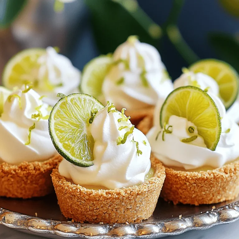 When making no-bake mini key lime pies, the right ingredients are key. Let’s look at what you need. - 1 cup graham cracker crumbs - 1/4 cup granulated sugar - 1/2 teaspoon ground cinnamon - 1/4 cup unsalted butter, melted - 1 (8 oz) package cream cheese, softened to room temperature - 1 can (14 oz) sweetened condensed milk - 1/2 cup freshly squeezed key lime juice - Zest of 2 key limes These ingredients create that delicious, creamy filling and a crunchy crust you crave. The graham cracker crumbs give the pies a sweet and buttery base. The sweetened condensed milk adds a rich creaminess. Fresh key lime juice brings that bright, zesty flavor. - Whipped cream - Key lime slices for garnish - Ground cinnamon While optional, these ingredients make your mini pies even better. Whipped cream adds fluffiness on top. Key lime slices and zest look pretty and add a fresh touch. A sprinkle of cinnamon can enhance the overall flavor. For the full recipe, you can refer to the detailed instructions above. Enjoy making these delightful treats! To start, gather your ingredients for the crust. In a medium bowl, combine: - 1 cup graham cracker crumbs - 1/4 cup granulated sugar - 1/2 teaspoon ground cinnamon Stir these together until they mix well. Next, pour in: - 1/4 cup unsalted butter, melted Use a fork to mix until the texture looks like wet sand. This step is key for a good crust. Now, take a muffin tin and press the crumb mixture into each cup. Make sure to pack it firmly for a solid base. Now, let’s make the filling. In a large bowl, beat: - 1 (8 oz) package cream cheese, softened to room temperature Use an electric mixer on medium speed until smooth. Slowly add: - 1 can (14 oz) sweetened condensed milk Beat this until creamy. Make sure there are no lumps! Next, mix in: - 1/2 cup freshly squeezed key lime juice - Zest of 2 key limes Keep mixing until the filling is velvety and smooth. It’s time to fill the crusts! Spoon or pipe the key lime mixture into each crust. Fill them to the top for that perfect look. Then, place the muffin tin in the refrigerator. Chill for at least 4 hours. This step is crucial for the pies to set properly. Once your mini pies have set, remove them from the muffin tin. If you used a silicone tin, they should pop out easily. If you used a metal tin, run a butter knife around the edges to help. Place the pies on a serving platter. For the finishing touch, add a dollop of whipped cream on each pie. Garnish with a slice of key lime and a sprinkle of lime zest. These little treats look fantastic and taste even better! For the full recipe, check the provided details. If you run out of graham crackers, try using crushed cookies. Vanilla wafers or digestive biscuits work well. They add a unique flavor twist. For lime juice, fresh key limes give the best taste. You can use regular lime juice, but it won’t be as tangy. Key limes are smaller and have a distinct flavor. They make your pies bright and zesty. Start with cream cheese at room temperature. This helps it blend easily. If it's cold, you'll get lumps. Use an electric mixer for best results. Beat the cream cheese first until creamy. When adding sweetened condensed milk, pour it in slowly. This keeps the filling smooth. Mix it well before adding lime juice. This method ensures a silky texture. Chill your mini pies for at least four hours. This time helps them set properly. If you want a quicker method, place them in the freezer for one hour. Then, move them to the fridge to finish chilling. Ensure they are covered to prevent drying out. This keeps the texture creamy and fresh. Enjoy your delightful mini key lime pies! For the full recipe, check out the detailed instructions above. {{image_4}} You can easily switch up the flavors of your no-bake mini key lime pies. One fun option is to make coconut key lime pies. Just add shredded coconut to the crust or filling. This gives your pies a tropical twist. Another idea is to create berry-infused versions. You can fold in fresh strawberries, blueberries, or raspberries into the filling. This adds a burst of color and flavor. You can also top the pies with berry compote for a sweet finish. If you need gluten-free options, swap the graham crackers for gluten-free crumbs. Almond flour or crushed nuts can work great too. This keeps the crust tasty and safe for everyone. For vegan adaptations, replace cream cheese with a plant-based alternative. Use coconut cream instead of sweetened condensed milk. This makes the pies creamy and dairy-free while still delicious. Toppings can take your mini pies to the next level. You can use whipped cream for a light and fluffy touch. Fresh fruit like key lime slices or berries also adds a nice visual appeal. Consider pairing these treats with side dishes like fruit salad or a light sorbet. They balance the tartness of the pies and make for a refreshing meal. For the full recipe, check out the details above. Enjoy making your no-bake mini key lime pies! To store leftover mini key lime pies, place them in an airtight container. This keeps the pies fresh and prevents them from absorbing other smells. They last up to five days in the fridge. Always ensure they are covered well to maintain their taste. You can freeze mini key lime pies for future enjoyment. To do this, wrap each pie in plastic wrap. Then, place them in a freezer-safe bag or container. They can stay frozen for up to two months. When you’re ready to enjoy them, take the pies out and let them thaw in the fridge overnight. This keeps the texture smooth. You can serve them chilled or at room temperature. For the best taste, add fresh whipped cream and a slice of lime just before serving. Want to make it a fun dessert? Consider using colorful plates for a bright presentation. No-bake mini key lime pies can last up to five days in the fridge. Store them in an airtight container. This keeps them fresh and tasty. Cover them well to prevent drying out. Yes, you can use bottled lime juice. However, fresh lime juice provides a better flavor. Fresh juice is bright and tangy. Bottled juice might taste dull. It can also change the texture slightly. For the best taste, I recommend using fresh key limes. If you don’t have a muffin tin, use small cups or ramekins. You can also shape the crust with a flat bottom glass. Press the crust mixture into these containers instead. Just ensure they are evenly packed. Key limes are smaller and have a stronger flavor. They are more aromatic and less bitter than regular limes. Key limes are often used in desserts, like key lime pie. Regular limes are larger and more common in grocery stores. Both can work in recipes, but key limes give a special taste. No-bake mini key lime pies are easy and fun to make. We covered the key ingredients like graham crackers and sweetened condensed milk. I shared steps for preparing the crust, making the filling, and assembling your pies. You learned tips for smooth filling and chilling. I also explored delicious variations and how to store your treats. These pies are perfect for any gathering. Dive into your kitchen and enjoy creating these tasty bites. They’re sure to impress your friends and family!