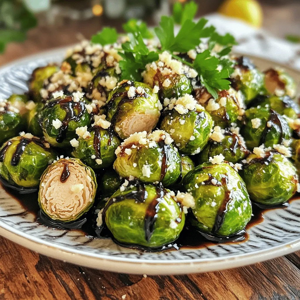 To make crispy garlic parmesan Brussels sprouts, you need the following main ingredients: - 1 lb Brussels sprouts, trimmed and halved - 3 tablespoons extra virgin olive oil - 4 cloves garlic, finely minced - 1 teaspoon sea salt - ½ teaspoon freshly ground black pepper - ½ cup freshly grated Parmesan cheese These ingredients form the base of the dish. The Brussels sprouts give a great crunch, while the garlic adds a nice depth of flavor. Next, you need some essential seasonings and toppings: - 1 teaspoon lemon zest (from about half a lemon) - 1 tablespoon balsamic glaze (for drizzling) - Fresh parsley, finely chopped (for garnish) Lemon zest brightens the dish, while balsamic glaze adds sweetness. Fresh parsley gives a pop of color and freshness. You can also add optional ingredients for extra flavor: - Red pepper flakes for heat - Toasted nuts for crunch - Other herbs like thyme or rosemary These ingredients can elevate your Brussels sprouts. Feel free to mix and match based on what you like. If you want the full recipe, check the details above. First, you need to preheat your oven to 425°F (220°C). This high heat helps make the Brussels sprouts crispy. Line a baking sheet with parchment paper. This step keeps the sprouts from sticking and makes cleanup easy. In a large bowl, add 1 pound of trimmed and halved Brussels sprouts. Pour in 3 tablespoons of extra virgin olive oil. Next, add 4 finely minced garlic cloves, 1 teaspoon of sea salt, and ½ teaspoon of black pepper. Mix everything well. You want the Brussels sprouts to be coated evenly. Now, spread the Brussels sprouts on the baking sheet. Make sure they are in a single layer to get crispy. Roast them in the oven for 15 minutes. After 15 minutes, take them out and sprinkle ½ cup of grated Parmesan cheese on top. Put them back in the oven for another 10 to 15 minutes. Watch closely until they turn golden brown and crispy. Once they are done, add 1 teaspoon of lemon zest over them for a fresh flavor. Drizzle some balsamic glaze on top and garnish with chopped parsley. Serve warm to enjoy this tasty dish. For the full recipe, check the section above. To get that perfect crunch, follow a few key steps. First, cut your Brussels sprouts in half. This exposes more surface area, allowing them to crisp up nicely. Next, make sure to toss them well in olive oil. Aim for an even coat without over-saturating. Spread them out on the baking sheet. They need space to breathe; crowded sprouts will steam, not roast. Lastly, roast at a high temperature, around 425°F. This helps to develop a golden brown color and great texture. When picking Brussels sprouts, look for bright green ones. They should feel firm and heavy in your hand. Avoid any that are yellow or have dark spots. Fresh sprouts have a tight, compact shape. A good rule is to pick smaller ones. They tend to be sweeter and less bitter. If you find organic options, grab those! They often have better flavor and are grown without harmful pesticides. Oven times may vary based on your model. Keep an eye on your sprouts! If they seem to brown too fast, lower the temperature by 25°F. For extra crunch, you can finish under the broiler for 1-2 minutes. Just watch closely to prevent burning. If you like them softer, roast them a bit longer before adding cheese. These tips help you customize the dish to fit your taste. {{image_4}} You can switch up the cheese in this recipe. Instead of Parmesan, try Pecorino Romano for a sharper taste. Feta cheese offers a creamy contrast that is tasty. Nutritional yeast gives a cheesy flavor for a vegan option. Each cheese creates a unique twist on flavor. For an extra kick, consider adding spices like paprika or cayenne pepper. These spices add warmth and depth to your dish. A pinch of smoked paprika brings a lovely smoky flavor. You can also try Italian seasoning for herbal notes. If you want a vegan version, simply leave out the cheese. Use a plant-based cheese that melts well for a similar effect. You can also enhance flavor by adding a bit more garlic. This keeps your dish full of flavor while ensuring it remains plant-based. For the full recipe, check out the detailed instructions above! Once you finish the Crispy Garlic Parmesan Brussels Sprouts, cool them down. Place the leftovers in an airtight container. They can last up to four days in the fridge. Make sure to keep them away from strong-smelling foods. This way, they stay fresh and tasty. You can also freeze Brussels sprouts for later. Start by cooling them completely. Then, spread them on a baking sheet in a single layer. Freeze them for about an hour. Once frozen, transfer them to a freezer-safe bag. They can last up to three months in the freezer. To reheat the Brussels sprouts, preheat your oven to 375°F (190°C). Spread the sprouts on a baking sheet. Bake them for about 10 to 15 minutes until hot. This helps them regain some crispiness. You can also use a microwave, but they might lose some crunch. Enjoy your delicious leftovers! To reduce bitterness, try these tips: - Trim off the ends. - Halve each sprout. - Roast them until crispy. - Add a touch of sweetness, like balsamic glaze. These steps help balance the flavors and make them more enjoyable. Yes, you can prepare Brussels sprouts in advance! - Trim and halve them. - Toss them in olive oil, garlic, salt, and pepper. - Store them in the fridge for up to 24 hours. Roast them before serving for the best texture. These Brussels sprouts pair well with many dishes. - Serve them with grilled chicken or steak. - They go great as a side for pasta dishes. - Try them with a hearty grain salad. The flavors complement each other nicely! Absolutely! The recipe is naturally gluten-free. - Just ensure your balsamic glaze does not contain gluten. All the ingredients listed in the Full Recipe are safe for gluten-free diets. Enjoy this dish worry-free while savoring the taste! Crispy Garlic Parmesan Brussels Sprouts are easy to make. We explored key ingredients and seasonings. You learned how to prepare them to perfection. Using my tips, you can ensure crispiness and better taste. Don’t forget about fun variations to try. Storing and reheating leftovers is simple too. With simple tweaks, you can make these sprouts your own. If you follow this guide, you will impress your friends and family with your cooking skills. Enjoy your delicious dish again and again.