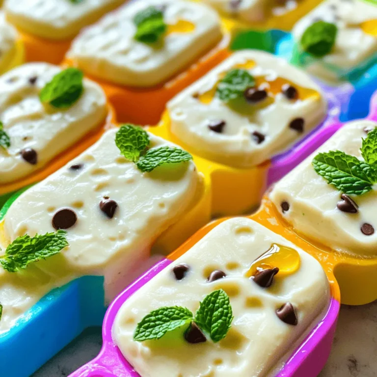 To make these yummy chocolate chip mint Greek yogurt pops, you need: - 2 cups plain Greek yogurt - 1/2 cup honey or maple syrup (your choice) - 1 teaspoon pure peppermint extract - 1/4 teaspoon vanilla extract - 1/2 cup mini chocolate chips These simple ingredients create a creamy and refreshing treat. The Greek yogurt gives it a nice base. Honey or maple syrup adds sweetness. The peppermint extract brings a cool flavor, and the chocolate chips give a sweet crunch in every bite. You can add a few garnishes to make your pops even better. Fresh mint leaves look great on top. They add a bright green color and a fresh hint of mint. You can also drizzle a little chocolate sauce over the pops before serving. This makes them look fancy and taste even more delicious. If you have dietary needs, you can swap some ingredients. For a dairy-free option, use coconut yogurt instead of Greek yogurt. If you need a sugar-free treat, try using a sugar substitute like stevia. This keeps the sweetness without the extra sugar. Always check the labels to ensure they fit your needs. For those who dislike mint, you can skip the peppermint extract and use other flavors like vanilla or almond. This way, everyone can enjoy these tasty pops! Start by grabbing a medium bowl. Add 2 cups of plain Greek yogurt to it. Next, pour in 1/2 cup of honey or maple syrup. I like honey for its rich flavor, but maple syrup works too! Then, add 1 teaspoon of pure peppermint extract. This gives the pops their minty kick. Finally, stir in 1/4 teaspoon of vanilla extract for a nice balance. Use a whisk or spatula to mix until smooth and creamy. Now, it’s time to fold in the mini chocolate chips. Use 1/2 cup of these tiny treats. Gently mix them into the yogurt blend. Make sure they spread evenly for that chocolatey goodness in every bite. Next, take your popsicle molds. Carefully pour the yogurt mixture into each mold, filling them about three-quarters full. Leave space for the pops to expand. Then, place popsicle sticks into the molds, making sure they stay centered. Tap the molds lightly on the counter to remove any air bubbles. Transfer the molds to the freezer. Let them freeze for at least 4 hours or until solid. This step is key! To release the pops, run warm water over the outside of the molds for a few seconds. This helps loosen them. Pull gently on the sticks to slide the pops out easily. If you want, you can add fresh mint leaves on top for garnish. This adds color and flavor! Enjoy your homemade chocolate chip mint Greek yogurt pops. For the complete recipe, check [Full Recipe]. To get a creamy texture in your pops, start with good yogurt. I use plain Greek yogurt for the best results. Make sure it's fresh and not too watery. Mixing honey or maple syrup adds sweetness and keeps it smooth. Use a whisk to blend everything well. This step helps make your yogurt mixture light and fluffy. To stop the pops from sticking, fill your molds only three-quarters full. This gives the mixture room to expand. After pouring, gently tap the molds on the counter. This step removes air bubbles. If you still have trouble, run warm water over the outside of the molds before pulling the pops out. This quick fix helps loosen them. Choose molds that are easy to fill and clean. Silicone molds work well because they are flexible. For easy removal, look for molds with a built-in stick holder. Always remember to center the sticks before freezing. This keeps them straight and makes for a better presentation when you serve your pops. Follow all these tips for the best results with your Chocolate Chip Mint Greek Yogurt Pops. For the full recipe, check the previous section. {{image_4}} You can mix up the flavors in your pops. Try using different extracts. Almond or orange can add a fun twist. You can also switch the chocolate chips for peanut butter chips. This makes a yummy treat too! Experiment with your favorites to find the best combo. Adding fruit can bring a fresh taste to your pops. Try using mashed bananas or pureed strawberries. You can also fold in chopped nuts like walnuts or almonds. This gives your pops a nice crunch and extra flavor. Just make sure the pieces are small so they mix well. If you want a vegan option, swap the Greek yogurt for coconut yogurt. Use maple syrup instead of honey to keep it vegan. You can also find dairy-free chocolate chips to make it all plant-based. This way, everyone can enjoy a refreshing treat! For the full recipe, check out the Chocolate Chip Mint Greek Yogurt Pops. Store your chocolate chip mint Greek yogurt pops in the freezer. Keep them in an airtight container or a freezer bag. This will help prevent freezer burn. If you use a bag, seal it tightly to lock out air. Label the container with the date. This way, you know when you made them. To freeze your pops correctly, ensure they are fully solid. It takes about four hours. If you want to keep them longer, wrap each pop in plastic wrap. This adds extra protection and keeps them fresh. Place them back in the container or bag after wrapping. This helps maintain their lovely flavor and texture. These pops can last up to two months in the freezer. After that, they may start to lose taste. Check for any ice crystals or changes in texture. If they feel grainy or icy, it’s best to toss them. Always remember, for the best taste, enjoy them within the first month. Yes, you can use other sweeteners. Agave syrup or stevia works well too. Just remember that the flavor may change slightly. Adjust the amount to your taste. If you prefer less sweetness, start with less. You can always add more later. You need to freeze the pops for at least 4 hours. This time helps them become solid and enjoyable. I recommend leaving them in longer if you want them extra firm. If you are in a hurry, check them after about 3 hours. They should be solid enough to enjoy. Yes, you can add fresh mint leaves to the mixture. Just chop them finely before mixing in. This will give your pops a great minty flavor. But be careful not to add too many. Too much mint can make the flavor too strong. If you want a light taste, use just a few leaves. For detailed steps, check out the Full Recipe. You can make tasty Chocolate Chip Mint Greek Yogurt Pops with simple steps. We covered ingredients, mixing, and freezing techniques. I shared tips to keep your pops creamy and easy to remove from molds. You can explore different flavors or add fruits and nuts. Proper storage helps maintain their quality. Enjoy creating these refreshing treats! They are simple, healthy, and perfect for warm days.
