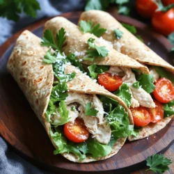 To make a tasty Chicken Caesar Wrap, gather these key items: - 2 cups cooked chicken breast, shredded - 4 large whole wheat tortillas - 1 cup romaine lettuce, chopped - ½ cup cherry tomatoes, halved - ½ cup grated Parmesan cheese - ¼ cup Caesar dressing (can be homemade or store-bought) - ½ teaspoon garlic powder - ½ teaspoon black pepper - 1 tablespoon olive oil - Fresh parsley, chopped (for garnishing) These ingredients create a balance of protein, fresh veggies, and creamy sauce. The chicken provides the main flavor, while the lettuce adds crunch. If you lack some ingredients, here are alternatives to use: - Use grilled turkey or tofu instead of chicken. - Swap whole wheat tortillas for spinach or corn tortillas. - Replace romaine with kale or mixed greens. - Use feta cheese instead of Parmesan for a different taste. - Opt for ranch dressing if you prefer a different flavor. Feel free to mix these substitutes based on what you have at home. Each change can give your wrap a new twist. To elevate your wrap, consider these garnishes: - Add sliced avocados for creaminess. - Sprinkle crushed red pepper for heat. - Top with extra grated cheese for richness. - Include fresh herbs like basil or cilantro for a fragrant touch. These garnishes can enhance flavor and make your wrap look appealing. For the full recipe, check the details provided earlier. Enjoy your cooking! Start by shredding your cooked chicken breast. In a medium bowl, mix the chicken with garlic powder, black pepper, and Caesar dressing. Stir until the chicken is coated well. This mix makes the wrap tasty and rich. You can add more dressing if you like it creamier. If you want, try using grilled chicken for extra flavor. Grab a warmed tortilla and lay it flat on a clean surface. Place a good amount of the chicken mixture in the center. Next, add the fresh filling of romaine lettuce, halved cherry tomatoes, and Parmesan cheese on top. Be sure to spread it evenly. This mix of flavors makes each bite exciting. Finally, roll the tortilla tightly, folding in the sides as you go. This keeps all the tasty filling inside. To warm the tortillas, heat a non-stick skillet over medium heat. Add a drizzle of olive oil to the skillet. Once it’s warm, add one tortilla. Heat it for about 30 seconds on each side. It should be soft and easy to bend. Remove it from the skillet and repeat with the other tortillas. Warming makes them more flexible and easier to wrap. To make a great Chicken Caesar Wrap, start with warm tortillas. Warm tortillas are easier to roll and less likely to tear. Use fresh ingredients for the best taste. Chop your lettuce and tomatoes just before using them. This keeps everything crisp. Don’t overfill your wrap. A little filling goes a long way. This helps you roll it tight and neat. If you have leftover wraps, wrap them in foil or plastic wrap. Keep them in the fridge for up to three days. To keep the lettuce fresh, store it separately. You can add it right before eating. If you want to reheat your wrap, use a skillet. Heat it on low for a few minutes until warm. For a quick meal, pair your wrap with a side of fruit. Sliced apples or grapes work well. You can also serve it with chips for crunch. Another fun idea is to serve it with extra Caesar dressing for dipping. This adds a nice touch to each bite. For a hearty meal, add a bowl of soup. A light tomato or minestrone soup goes great with it. {{image_4}} If you want a vegetarian wrap, swap chicken for chickpeas or grilled veggies. Both options add protein and flavor. For a vegan twist, use a plant-based Caesar dressing. This keeps the taste while making it meat-free. You can also use tofu for a nice protein boost. Just marinate and grill it for the best taste. While Caesar dressing is classic, you can try other sauces too. Ranch dressing gives a creamy twist. A yogurt-based sauce can also lighten the dish. If you love heat, add a spicy sauce or sriracha. Each sauce brings a new flavor to your wrap. Feel free to mix and match to find your favorite. Adding extra ingredients can make your wrap pop. Try tossing in sliced olives or avocado for creaminess. You can also add crispy bacon bits for a smoky flavor. Fresh herbs like basil or cilantro can brighten the dish. For a crunch, add nuts or seeds. Each add-in adds a different layer of taste and texture to your Chicken Caesar Wrap. For the full recipe, you can check out Zesty Chicken Caesar Wrap 🥗. To keep your Chicken Caesar Wrap fresh, store it in an airtight container. This helps prevent air from drying it out. If you have leftovers, you can wrap them tightly in plastic wrap. This method also works well for individual wraps. Always make sure to keep the dressing separate until you are ready to eat. This keeps the wrap from getting soggy. When stored properly, the Chicken Caesar Wrap lasts about 3 to 4 days in the fridge. If you notice any unusual smell or texture, it’s best to toss it. To enjoy the wrap at its best, eat it within the first two days. This way, you will savor the fresh flavors and textures. You can freeze Chicken Caesar Wraps if you want to keep them for longer. Wrap each one in plastic wrap, then place them in a freezer bag. Be sure to remove as much air as possible before sealing. They can last up to 2 months in the freezer. When you’re ready to eat, thaw them overnight in the fridge. Reheat in a skillet for a few minutes or enjoy them cold. A Chicken Caesar Wrap is tasty and can be healthy too. Each wrap gives you protein, fiber, and vitamins. Here’s a quick look at what you get: - Calories: About 350-400, depending on the dressing and tortilla. - Protein: Roughly 30 grams from the chicken and cheese. - Carbohydrates: Around 30-35 grams, mostly from the tortilla. - Fat: About 10-15 grams, depending on the dressing used. This wrap is a good choice for lunch or dinner. You get energy without too many empty calories. Yes, you can make Chicken Caesar Wrap ahead of time! This is great for meal prep. Just follow these tips: - Prep the filling: Mix the chicken, dressing, and spices. Store it in the fridge. - Keep veggies separate: Store the lettuce and tomatoes in another container. This keeps them fresh. - Assemble before eating: Wrap it just before you enjoy it. This way, the tortilla stays soft and the veggies stay crisp. Pair your Chicken Caesar Wrap with fun sides! Here are some tasty options: - Fresh fruit: Slices of apple or a fruit salad add sweetness. - Veggies and dip: Baby carrots or cucumber sticks with hummus work well. - Chips: Baked tortilla chips or potato chips for crunch. - Soup: A light soup like tomato or vegetable makes a nice combo. These sides enhance the meal and make it more filling. For the full recipe, check out the Zesty Chicken Caesar Wrap. This blog post covered how to make a Chicken Caesar Wrap. We discussed key ingredients, easy steps, and tips for a perfect wrap. I shared tasty variations, storage tips, and common questions. Remember, you can swap ingredients for your taste. Making this wrap can be fun and quick. Enjoy your homemade Chicken Caesar Wrap with friends or family. It's a meal that satisfies both hunger and taste. Now, go ahead and try it! You'll love it.