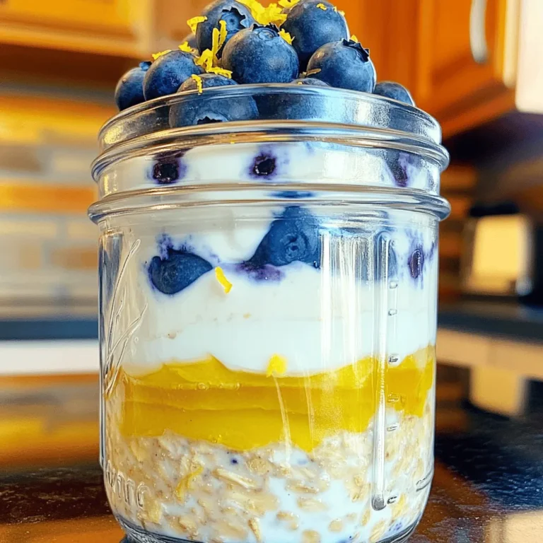 To make Lemon Blueberry Overnight Oats, gather these simple ingredients: - 1 cup rolled oats - 1 cup unsweetened almond milk (or any milk of your choice) - 1/2 cup Greek yogurt (choose plain or vanilla for added flavor) - 1/2 cup fresh blueberries (plus extra for garnishing) - Zest of 1 lemon - 2 tablespoons fresh lemon juice - 2 tablespoons honey or maple syrup (adjust for your preferred level of sweetness) - 1/2 teaspoon vanilla extract - A pinch of salt You can easily adapt this recipe for different diets. Here are some options: - For vegan oats, swap Greek yogurt with coconut yogurt. - If you are lactose intolerant, use lactose-free yogurt. - Replace honey with agave syrup for a vegan-friendly sweetener. - Use rolled oats for gluten-free oats. Just ensure they are certified gluten-free. - Try using any fruit you like instead of blueberries, such as strawberries or raspberries. Each serving of Lemon Blueberry Overnight Oats is packed with nutrition. Here’s a quick overview: - Calories: Approximately 300 - Protein: About 10 grams - Carbohydrates: Roughly 50 grams - Dietary Fiber: Around 8 grams - Sugars: About 15 grams (natural sugars from fruit and sweeteners) - Fats: Approximately 7 grams (mostly healthy fats from yogurt and milk) This recipe provides a good balance of nutrients, making it a great start to your day. For the full recipe, check the details above. To make lemon blueberry overnight oats, gather your ingredients first. You will need rolled oats, almond milk, Greek yogurt, blueberries, lemon zest, lemon juice, honey or maple syrup, vanilla extract, and salt. Start by mixing rolled oats with almond milk in a medium bowl or a large mason jar. This step helps the oats soak up the liquid and soften overnight. Next, add the Greek yogurt. It adds creaminess and protein to your breakfast. Then, mix in the lemon zest and lemon juice for that fresh, zesty flavor. Sweeten your oats with honey or maple syrup. Adjust the sweetness to your taste. Finally, stir in the vanilla extract and a pinch of salt for balance. When you mix the ingredients, stir vigorously. Make sure all the oats are coated well. This ensures even flavor throughout. After mixing, gently fold in most of the blueberries. Reserve a few for garnishing later. If you want to layer your oats, alternate layers of oats and blueberries in your jar or bowl. This adds a nice visual appeal. After letting your oats sit overnight, check the consistency. If they seem too thick, add a splash of almond milk. Stir well to combine. You want your oats creamy but not runny. Serving them in bowls is great, or you can keep them in the jar for a quick meal. Garnish with extra blueberries and a drizzle of honey or syrup for a sweet finish. For the full recipe, refer to the provided instructions. For the best flavor, use fresh ingredients. Fresh blueberries pop with taste. Fresh lemon juice adds a bright zing. Feel free to adjust the lemon juice. More juice gives more tartness. Less lemon juice makes it sweeter. You can also mix in herbs like mint for a fun twist. Store leftover oats in an airtight container. This keeps them fresh in the fridge. They last for up to three days. If they get thick, add a splash of milk. This helps restore the creamy texture. You can also top with extra blueberries or a drizzle of honey when serving. You can prepare your overnight oats in advance. Make a batch for the week. Just layer the oats in jars. Customize each jar with different toppings. This makes breakfast fun and varied. Try adding chia seeds for extra nutrients. You can also switch up the fruits for a new flavor each time. For the full recipe, check out the earlier section. {{image_4}} You can change up the fruits in your Lemon Blueberry Overnight Oats. Try using strawberries, raspberries, or blackberries. Each fruit brings its own taste. For a tropical twist, add pineapple or mango. You can also mix in dried fruits like cranberries or raisins for added sweetness. To make this dish vegan, swap Greek yogurt for coconut yogurt. Use almond milk or any plant-based milk. Replace honey with maple syrup or agave for sweetness. This way, you can enjoy the same great taste without any animal products. Top your oats with nuts or seeds for crunch. Chia seeds or flax seeds add healthy fats. You can also sprinkle granola on top for extra texture. Consider adding a dollop of nut butter for creaminess and flavor. Fresh herbs like mint can add a refreshing touch. For more ideas, check out the full recipe and get creative! You can store your lemon blueberry overnight oats in a mason jar or a bowl. Make sure to cover it well. This keeps the oats fresh and tasty. I like using jars because they are easy to grab. These oats will stay good in the fridge for about 3 to 5 days. The flavors mix better as they sit. However, they are best eaten within the first couple of days. After that, the texture can change. You can freeze your overnight oats for up to 3 months. Use airtight containers or freezer bags. Just remember to leave space, as the oats will expand when frozen. To enjoy, thaw them overnight in the fridge. You can also heat them in the microwave. Just add a splash of almond milk if they seem dry. For more tips, check the Full Recipe. Yes, you can use quick oats. They will soak up liquid faster. This change may alter the texture, making it creamier. Rolled oats provide a chewier bite. If you prefer quick oats, adjust the soak time. Start with 2-4 hours and check for taste. These oats can last up to five days in the fridge. Store them in a sealed container. If you notice any change in smell or texture, discard them. Freshness is key for taste and safety. You can use any yogurt you like. Try coconut yogurt for a dairy-free option. If you need a lower-fat choice, use low-fat yogurt. Silken tofu blended can also work. These options still give creaminess. Yes, making overnight oats without dairy is perfectly fine. Use plant-based milk like almond or oat milk. You can also replace yogurt with non-dairy alternatives. This keeps your oats tasty and suitable for vegan diets. Absolutely! You can make a batch for several days. Just store each serving in its own container. This makes mornings easier and saves time. Preparing multiple servings also helps maintain freshness. For the best flavor, eat within five days. For the full recipe, check the detailed instructions. Lemon blueberry overnight oats are easy to make and delicious. We've covered the key ingredients, steps for preparation, and tips for storage. You can mix and match flavors to suit your taste. Remember, you can prep several servings at once for the week. Enjoy experimenting with the recipe. With these tips, you’ll create a tasty, healthy meal that fits your diet. Get started on your healthy journey today!