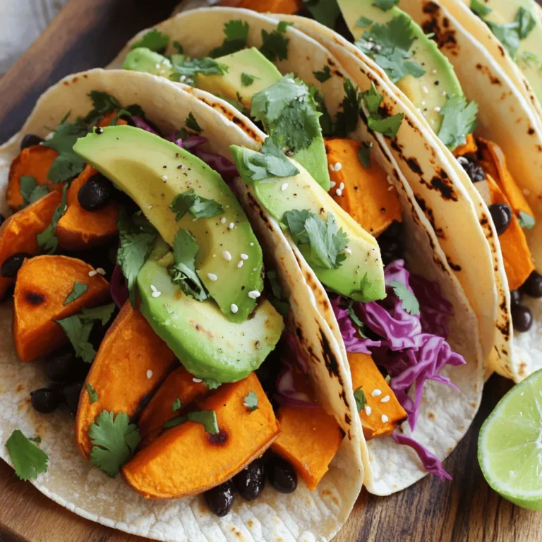 To make these tasty tacos, you need: - 2 medium sweet potatoes, peeled and diced into 1-inch cubes - 1 can (15 oz) black beans, rinsed thoroughly and drained - 1 tablespoon extra virgin olive oil - 1 teaspoon ground cumin - 1 teaspoon smoked paprika - ½ teaspoon chili powder - Salt and freshly ground black pepper to taste - 8 small corn tortillas (preferably fresh or homemade) The sweet potatoes are the star here. They add a natural sweetness and creamy texture. The black beans bring protein and fiber, making these tacos filling. Feel free to customize your tacos with these toppings: - 1 ripe avocado, sliced - ½ cup red cabbage, finely shredded - ¼ cup fresh cilantro, roughly chopped - Lime wedges for serving These toppings add color and crunch. The avocado gives a creamy feel, while the lime juice adds a zesty kick. These tacos pack a punch in nutrition. They are rich in vitamins, minerals, and fiber. One serving has about: - Calories: 350 - Protein: 12g - Carbs: 60g - Fat: 10g This makes them a great choice for a healthy meal. You get energy from the carbs and protein from the beans. Enjoy your Sweet Potato Black Bean Tacos with the full recipe to guide you! First, I preheat the oven to 425°F (220°C). This step is key for roasting the sweet potatoes. I take two medium sweet potatoes and peel them. Next, I dice them into 1-inch cubes. In a mixing bowl, I add the diced sweet potatoes, one tablespoon of extra virgin olive oil, one teaspoon of ground cumin, one teaspoon of smoked paprika, and half a teaspoon of chili powder. I sprinkle in salt and pepper to taste. I then toss everything together until the sweet potatoes are well-coated with the spices. Once they are ready, I spread the sweet potatoes on a large baking sheet lined with parchment paper. I make sure the cubes are in a single layer. This helps them roast evenly. I place the baking sheet in the oven and roast for 25-30 minutes. Halfway through, I stir the sweet potatoes to ensure they brown evenly and become tender. While the sweet potatoes roast, I focus on the black beans. I pour one can of black beans, rinsed and drained, into a small saucepan. I heat them over medium heat, stirring occasionally. In about 5-7 minutes, the beans warm through completely. I taste them and add a bit more salt and pepper if needed. Now, it's time to put everything together. I warm eight small corn tortillas in a dry skillet over medium heat. Each side gets about 30 seconds. This makes them flexible and easier to fold. On a plate, I place a warm tortilla and add a generous scoop of the roasted sweet potatoes. Then, I add a spoonful of the warmed black beans. To finish it off, I top with slices of ripe avocado, a handful of finely shredded red cabbage, and a sprinkle of fresh cilantro. Finally, I serve the tacos with lime wedges on the side. A squeeze of lime juice adds a fresh zing. For the full recipe, check out the details above. To get sweet potatoes just right, cut them into 1-inch cubes. This size helps them cook evenly. Toss them in olive oil and spices like cumin and smoked paprika. Roast at 425°F for 25 to 30 minutes. Halfway through, stir them to ensure they brown nicely. You want them soft inside and slightly crispy outside. This gives your tacos great texture and flavor. For the best tacos, use small corn tortillas. They have a nice flavor and hold up well. You can also try fresh or homemade tortillas for a special touch. Warm them in a skillet for about 30 seconds on each side. This makes them soft and easy to fold. A good tortilla is key to a tasty taco experience. Serve your tacos with lime wedges. Squeezing fresh lime juice adds brightness. You can also add creamy avocado and crunchy red cabbage. These toppings balance the sweet potatoes and black beans. For extra flavor, serve with salsa or your favorite hot sauce. You can even place the tacos on a colorful platter to impress your guests. Enjoy your homemade Sweet Potato Black Bean Tacos with these fun ideas! Check the Full Recipe for more details. {{image_4}} If you want more protein in your sweet potato black bean tacos, consider adding meat. Chicken, beef, or pork work well. Cook the meat simply with salt and pepper. You can also use ground turkey or shredded rotisserie chicken for ease. Just warm the meat and mix it into the taco filling. This adds flavor and makes the meal more filling. For a gluten-free version, use corn tortillas. They are naturally gluten-free and provide a nice texture. Ensure your black beans do not contain any added gluten. Double-check the labels to be safe. You can also add quinoa or rice for more texture and nutrients. Both are gluten-free and pair nicely with sweet potatoes. Spice up your tacos by changing the seasonings. Try adding cayenne for heat or oregano for a Mediterranean twist. If you love a smoky flavor, use chipotle powder instead of smoked paprika. You can even go sweet with a pinch of cinnamon. Each spice brings a new taste that keeps your tacos exciting. Feel free to mix and match spices to find your favorite blend. For the full recipe and more ideas, check out the details above! To store leftover tacos, place them in an airtight container. Keep them in the fridge for up to three days. Make sure the tacos are cool before sealing the container. If you have extra toppings, store them separately. This keeps everything fresh and tasty. To reheat, use a skillet over medium heat. Warm the tacos for about two minutes on each side. This method keeps the tortillas soft and the fillings warm. You can also use the microwave if you're in a hurry. Just place the tacos on a plate and cover them with a damp paper towel. Heat for 30 seconds, then check if they're warm. You can freeze the sweet potato and black bean filling. Place it in a freezer-safe bag. Remove as much air as possible to avoid freezer burn. It can last for up to three months in the freezer. When ready to use, thaw it in the fridge overnight. Reheat it in a skillet before serving. Enjoy your tacos anytime with this easy method! For the full recipe, refer to the beginning of this article. Yes, you can prep these tacos early. Roast the sweet potatoes and warm the black beans. Store them in separate containers. You can keep them in the fridge for up to three days. When ready to eat, just reheat the filling and warm the tortillas. This makes for a quick meal. If you want a change, try pinto beans or chickpeas. Both will add good taste and texture. You can also use lentils for a different twist. Just make sure any beans are cooked and seasoned well. Absolutely! These tacos are great for meal prep. Prepare a big batch of the filling. You can store it in the fridge and assemble tacos as needed. This saves time and helps you enjoy healthy meals all week. Each taco has about 200-250 calories, depending on the toppings you use. Sweet potatoes and black beans are nutritious and filling. You get fiber and vitamins in each bite. For the full recipe, check out the section above. This blog post showed you how to make tasty sweet potato black bean tacos. We covered the main ingredients, cooking steps, and expert tips for the best results. You learned about storage, meal prep, and optional variations to fit your taste. These tacos are easy and fun to make. With all the added tips, you’ll impress your family and friends with your cooking. Enjoy your tacos and feel good about your healthy choices!