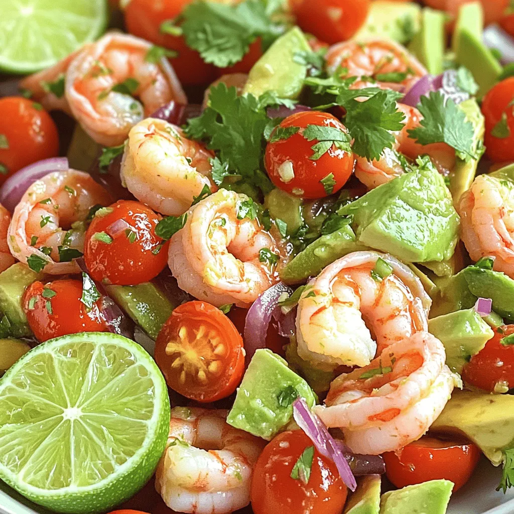 To make the savory shrimp and avocado salad, gather these fresh ingredients: - 1 pound shrimp, peeled and deveined - 2 ripe avocados, diced - 1 cup cherry tomatoes, halved - 1/4 cup red onion, finely chopped - 1/4 cup fresh cilantro, chopped - 2 tablespoons olive oil, divided - 1 tablespoon fresh lime juice - 1 teaspoon garlic powder - Salt and pepper to taste - Optional: 1 jalapeño, finely chopped (for added heat) When selecting shrimp, look for firm, pink flesh with a clean smell. Avoid shrimp that appear dull or have black spots. Fresh avocados should yield slightly when gently pressed. Go for ones with smooth skin and no dark spots. If you can't find fresh cilantro, parsley works well as a substitute. For cherry tomatoes, you can use diced regular tomatoes. If you prefer a milder flavor, skip the jalapeño or use a sweet pepper instead. With this ingredient list in hand, you're set to create a fresh and tasty salad that shines with flavor! For the full recipe, check out the detailed instructions. First, let's clean the shrimp. You want to start with fresh shrimp. Rinse them under cold water. Remove the shells and tails. Then, devein them by making a small cut along the back. This helps remove the dark vein. Once cleaned, pat them dry with a paper towel. This step is key for a good sear. Now, let's cook the shrimp. Heat 1 tablespoon of olive oil in a skillet over medium heat. When the oil shines, add the shrimp. Cook for about 2-3 minutes on each side. Look for that pink and opaque color. This shows they are done. Remove them from heat and let them cool for a moment. Next, we’ll mix the salad ingredients. In a large bowl, add the diced avocados, halved cherry tomatoes, finely chopped red onion, and cilantro. Be gentle as you mix. You want to keep the avocados intact, not mushy. Now, let’s prepare the dressing. In a small bowl, whisk the remaining tablespoon of olive oil with fresh lime juice. Add a touch of salt and pepper for flavor. This dressing will tie everything together. Finally, add the cooled shrimp to the avocado mix. Drizzle the dressing over the top. If you like heat, sprinkle in the chopped jalapeño. Now, carefully toss all the ingredients. Make sure the avocados stay firm. Taste your salad and adjust with more lime juice or seasoning if needed. For a beautiful presentation, serve in a chilled bowl. Garnish with fresh cilantro and a lime wedge. This makes your dish pop with color and freshness. Enjoy this savory shrimp and avocado salad! For the full recipe, refer to the previous section. To cook shrimp perfectly, start with fresh shrimp. Look for shrimp that smell like the ocean. They should be firm to the touch. When cooking, use medium heat. This keeps the shrimp tender. Cook them for about 2-3 minutes on each side. They should turn pink and opaque. Avoid overcooking, as this makes them tough. To prevent avocados from browning, use lime juice. The acid in lime slows down browning. Cut the avocado just before serving. If you have leftover avocado, cover it tightly with plastic wrap. Press the wrap directly onto the flesh. This limits air exposure and slows browning. Enhance flavors by adding fresh herbs like cilantro or basil. You can also sprinkle in spices like cumin or paprika. For extra zest, try adding a bit of lime zest. If you want heat, a pinch of cayenne can wake up the flavors. Don't be afraid to experiment with seasonings to find what you love. For the full recipe, check out the detailed instructions that follow. {{image_4}} You can easily change this salad to fit your taste. Adding a citrus dressing can give it a bright kick. Try orange or lemon juice mixed with olive oil. This adds more acidity and freshness. For protein, you can use crab or grilled chicken. Both pair well with avocado. You can also add more veggies like bell peppers or corn. These will add color and texture to your dish. If you like spice, add jalapeño or any pepper you enjoy. Start with a little, then taste it. You can always add more if you want more heat. It’s all about finding the right balance for you. Feel free to get creative! Mixing and matching flavors keeps the salad fun. You can follow the [Full Recipe] or make your own version. The goal is to enjoy the process and the meal! To keep your shrimp and avocado salad fresh, store it in the fridge. Use an airtight container. This helps to keep flavors strong and prevents spills. The salad lasts for about one to two days in the fridge. After that, the avocados may brown and lose their taste. The shrimp can also start to smell off. Freezing is not the best choice for this salad. The shrimp can lose their texture, and the avocado will become mushy. However, you can freeze the shrimp before cooking. Just remember to thaw them in the fridge before using. For more details about making this delicious dish, check the Full Recipe. Can I use frozen shrimp for this recipe? Yes, you can use frozen shrimp. Just thaw them first. Place them in a bowl of cold water for about 15 minutes. This way, you still get fresh taste and texture. What can I serve with shrimp and avocado salad? This salad pairs well with crusty bread or tortilla chips. You can also serve it with a light soup or a side of rice. A nice glass of white wine complements the meal too. How do I know when shrimp are fully cooked? Cooked shrimp turn pink and curl slightly. They should feel firm to the touch. A good rule is to cook them for about 2-3 minutes on each side. If you're unsure, cut one open to check. Is shrimp and avocado salad healthy? Yes, this salad is healthy! Shrimp provide lean protein while avocados offer healthy fats. The fresh veggies add fiber and nutrients. It's a perfect dish for a light meal or snack. For the full recipe, check out Shrimp & Avocado Delight. This blog post shows you how to make a tasty Shrimp and Avocado Salad. We covered ingredients, cooking steps, and smart tips. You learned how to cook shrimp just right and keep avocados fresh. I shared ideas for variations, like adding citrus or other veggies. Plus, we discussed how to store leftovers safely. Now, you have all the tools for a delicious salad. Enjoy making it your way!