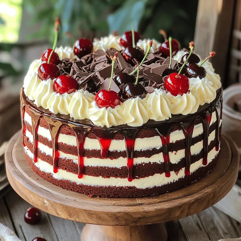 To make a classic Black Forest Cake, you will need these key ingredients: - 1 3/4 cups all-purpose flour - 2 cups granulated sugar - 3/4 cup unsweetened cocoa powder - 1 1/2 teaspoons baking soda - 1 1/2 teaspoons baking powder - 1 teaspoon salt - 2 large eggs - 1 cup buttermilk - 1/2 cup vegetable oil - 2 teaspoons vanilla extract - 1 cup boiling water - 1 cup heavy whipping cream - 2 tablespoons powdered sugar - 1 teaspoon vanilla extract (for the whipped cream) - 1 jar (24 oz) morello cherries, drained (reserve juice) - Dark chocolate shavings (for garnish) These ingredients combine to create a rich cake with deep chocolate flavor and sweet cherries. The whipped cream adds a lovely lightness. If you need alternatives, here are some easy swaps: - Use almond flour for a gluten-free option. - Swap buttermilk with yogurt or milk plus vinegar. - Try coconut oil instead of vegetable oil for a different flavor. - Use fresh cherries if you prefer instead of morello cherries. These substitutions can still yield a delicious cake while meeting dietary needs. Gather these tools to make your baking easier: - Two 9-inch round cake pans - Mixing bowls - Electric mixer - Whisk - Measuring cups and spoons - Rubber spatula - Wire rack for cooling Having the right tools will help you work efficiently and create a stunning Black Forest Cake. You can find the full recipe for this mouthwatering cake to guide you through the process. First, set your oven to 350°F (175°C). This step ensures even baking. While the oven heats, prepare your cake pans. Use two 9-inch round pans. Grease them with butter or shortening. After greasing, lightly dust them with flour. This step helps the cakes come out easily later. Now, grab a large mixing bowl. In it, whisk together these dry ingredients: - 1 3/4 cups all-purpose flour - 2 cups granulated sugar - 3/4 cup unsweetened cocoa powder - 1 1/2 teaspoons baking soda - 1 1/2 teaspoons baking powder - 1 teaspoon salt Make sure they blend well. Once mixed, it's time to add the wet ingredients. Add these to the bowl: - 2 large eggs - 1 cup buttermilk - 1/2 cup vegetable oil - 2 teaspoons vanilla extract Use an electric mixer on medium speed. Beat the mixture for about 2 minutes. Your batter should look smooth and creamy. Next, slowly pour in 1 cup of boiling water while mixing at low speed. Don't worry if the batter seems thin; that's normal. Now, divide the batter evenly between the prepared pans. Place the pans in the oven. Bake for 30 to 35 minutes. To check if they're done, insert a toothpick in the center. If it comes out clean, your cakes are ready. After baking, let the cakes cool in the pans for 10 minutes. Then, carefully remove them from the pans. Transfer the cakes to a wire rack to cool completely. This step is vital for a great texture. Once cool, you can slice each cake in half to create layers for your Black Forest Cake. For the full recipe, refer to the details provided earlier. To make the best whipped cream, start with cold equipment. Use a chilled bowl and beaters. This helps the cream whip faster. Use heavy whipping cream for the best texture. Add powdered sugar and vanilla extract for sweetness. Beat until you see medium peaks. This means the cream holds its shape well. Don't overmix, or it will turn into butter. If you have leftover cake, store it properly. Wrap it tightly in plastic wrap. This keeps the cake moist. You can also place it in an airtight container. If you want to keep it longer, freeze it. Just slice the cake first, so you can grab single pieces later. When ready to eat, let it thaw in the fridge. For the best flavor, use fresh cherries if possible. They add a bright taste to the cake. The cherry juice is key too. Drizzle it between layers for extra moisture. Dark chocolate shavings give a rich taste. They balance the sweetness of the whipped cream. Don’t forget to chill the cake before serving. This enhances all the flavors and makes it even more delicious. For the full recipe, check out the detailed instructions to guide you through the process. {{image_4}} You can make a vegan version of Black Forest cake easily. Replace eggs with flaxseed meal. Use 1 tablespoon of flaxseed mixed with 2.5 tablespoons of water for each egg. For buttermilk, mix plant milk with a tablespoon of vinegar. Use coconut whipping cream for the topping. This gives a light and fluffy texture. The cake will taste just as rich and tasty. For those avoiding gluten, swap the all-purpose flour with a gluten-free blend. Look for one that has xanthan gum, or add 1 teaspoon per cup of flour. This helps the cake rise and hold together. Use gluten-free cocoa powder too, as some brands may contain gluten. It’s a great way to enjoy this classic dessert without worry. Feel free to experiment with flavors. Instead of cherries, you can use raspberries or strawberries. This adds a new twist to the cake. You can also add a hint of almond extract for a unique taste. For a chocolate boost, add chocolate chips to the batter. Each of these changes can give your Black Forest cake a personal touch. If you want a lighter option, try using yogurt instead of oil. This keeps the cake moist while cutting some fat. For a full recipe, check out the details above. To keep your Black Forest Cake fresh, store it in an airtight container. This helps prevent the cake from drying out. If you don’t have a container, wrap it tightly with plastic wrap. Make sure to cover it well to keep air out. Place the wrapped cake in the fridge. The cold helps maintain its rich flavor and moist texture. Avoid putting it in the door, as that area can be warmer. You can freeze your Black Forest Cake if you want to save some for later. First, let the cake cool completely. Then, slice it into individual pieces or leave it whole. Wrap each piece or the whole cake in plastic wrap. After that, wrap it again in aluminum foil to protect it from freezer burn. Label the package with the date. You can freeze it for up to three months. When you're ready to enjoy it, thaw it in the fridge overnight. If stored properly, your Black Forest Cake can last for about four to five days in the fridge. After that, the flavor may start to fade. If you notice any changes in smell or texture, it's best to discard it. Always trust your senses when it comes to food safety. Enjoy your baking journey with this delightful cake! For the full recipe, check the earlier sections. Black Forest Cake comes from Germany. It is known as Schwarzwälder Kirschtorte in German. This cake has layers of chocolate, cherries, and cream. The name comes from the Black Forest region in Germany. This area is famous for its dark, rich cherries and Kirsch, a cherry brandy. The cake first appeared in the early 20th century. Today, it is loved worldwide for its unique taste. Yes, you can make Black Forest Cake ahead of time. You can bake the cake layers a day before serving. Just store them in an airtight container. Wait to assemble the cake until the day you serve it. This keeps the layers fresh and moist. You can also prepare the whipped cream a few hours in advance. Just keep it in the fridge until you are ready to use it. Traditional Black Forest Cake uses morello cherries. These cherries are dark and tart. They give the cake its signature flavor. You can find them in jars at most grocery stores. Be sure to drain and reserve the juice for soaking the cake. If morello cherries are hard to find, you can use other dark cherries or even frozen ones. To make a healthier Black Forest Cake, consider these tips: - Use whole wheat flour instead of all-purpose flour. - Replace granulated sugar with coconut sugar or honey. - Swap heavy cream for Greek yogurt in the whipped topping. - Use less cherry juice for soaking the layers. - Add more fresh fruit between the layers for added nutrition. These swaps can help lower calories while keeping the flavor good. This blog post covered how to make a great Black Forest Cake. We discussed traditional ingredients and offered smart substitutions. You learned useful tips for mixing, baking, and cooling the cake. We shared ways to perfect the whipped cream and store leftovers. I also shared variations, including vegan and gluten-free options. In closing, exploring this classic dessert opens doors to tasty twists. Enjoy making and sharing your cake!